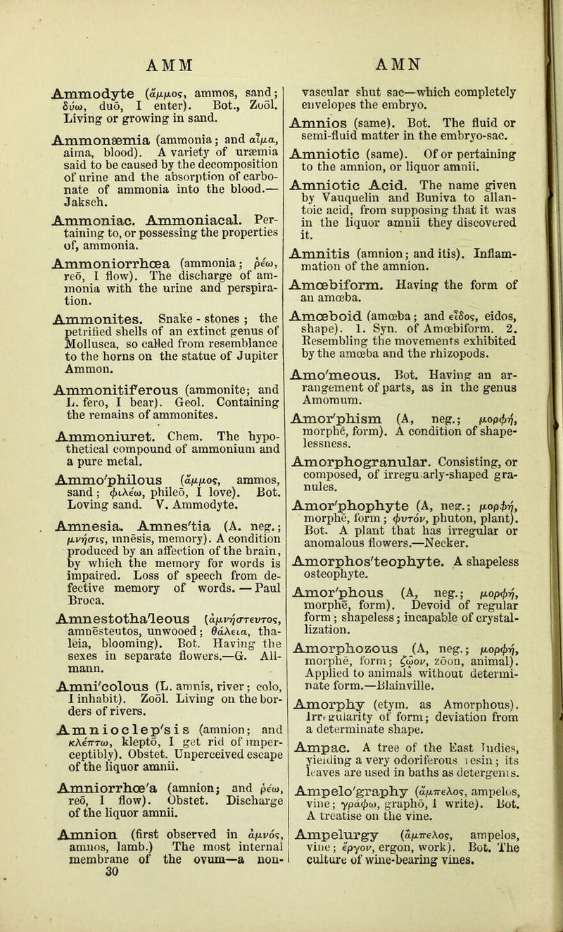 AMM AMN Ammodyte (ap-pos, ammos, sand; Saw, duo, I enter). Bot., Zool. Living or growing in sand. Ammonsemia (ammonia; and alp.a, aima, blood). A variety of uraemia said to be caused by the decomposition of urine and the absorption of carbo- nate of ammonia into the blood.— Jaksch. Ammoniac. Ammoniacal. Per- taining to, or possessing the properties of, ammonia. Ammoniorrhoea (ammonia; pew, reo, 1 flow). The discharge of am- monia with the urine and perspira- tion. Ammonites. Snake - stones ; the petrified shells of an extinct genus of Mollusca, so called from resemblance to the horns on the statue of Jupiter Ammon. Ammonitiferous (ammonite; and L. fero, I bear). Geol. Containing the remains of ammonites. Ammoniuret. Chem. The hypo- thetical compound of ammonium and a pure metal. Ammo'philous (appos, ammos, sand; <£iAew, phileo, I love). Bot. Loving sand. V. Ammodyte. Amnesia. Amnes'tia (A. neg.; /u.v7?o-is, mnesis, memory). A condition produced by an affection of the brain, by which the memory for words is impaired. Loss of speech from de- fective memory of words. — Paul Broca. Amnestothaleous (apvyo-Tevros, amnesteutos, unwooed; fldAeia, tha- leia, blooming). Bot. Having the sexes in separate flowers.—G. All- mann. Amni'colous (L. amnis, river; eolo, I inhabit). Zool. Living on the bor- ders of rivers. Amnioclep'sis (amnion; and kA67ttw, klepto, I get rid of imper- ceptibly). Obstet. Unperceived escape of the liquor amnii. Amniorrhoe'a (amnion; and pew, red, 1 flow). Obstet. Discharge of the liquor amnii. Amnion (first observed in dpro?, amuos, lamb.) The most internal membrane of the ovum—a non- 30 vascular shut sac—which completely envelopes the embryo. Amnios (same). Bot. The fluid or semi-fluid matter in the embryo-sac. Amni otic (same). Of or pertaining to the amnion, or liquor amnii. Amniotic Acid. The name given by Vauquelin and Buniva to allan- toic acid, from supposing that it was in the liquor amnii they discovered it. Amnitis (amnion; and itis). Inflam- mation of the amnion. Amcebiform. Having the form of an amoeba. Amoeboid (amoeba; and etSog, eidos, shape). 1. Syn. of Amcebiform. 2. Resembling the movements exhibited by the amoeba and the rhizopods. Amo'meous. Bot. Having an ar- rangement of parts, as in the genus Amomum. Amor'phism (A, neg.; p-op^rf, morphe, form). A condition of shape- lessness. Amorphogranular. Consisting, or composed, of irregu;arly-shaped gra- nules. Amor'phophyte (A, neg.; pop^r/, morphe, form; (frvrov, phuton, plant). Bot. A plant that has irregular or anomalous flowers.—Necker. Amorphos'teophyte. A shapeless osteophyte. Amor'phous (A, neg.; pop<f>rj, morphe, form). Devoid of regular form ; shapeless; incapable of crystal- lization. Amorphozous (A, neg.; popfoj, morphe, form; £wov, zoon, animal). Applied to animals without determi- nate form.—Blainville. Amorphy (etym. as Amorphous). Irregularity of form; deviation from a determinate shape. Ampae. A tree of the East Indies, yielding a very odoriferous 1 esin; its leaves are used in baths as detergents. Ampelo'graphy (ap.7reAo?, ampelos, vine; ypd(j)u), grapho, 1 write). Bot. A treatise on the vine. Ampelurgy (aju.7reA.0s, ampelos, vine; ep-yov, ergon, work). Bot. The culture of wine-bearing vines.