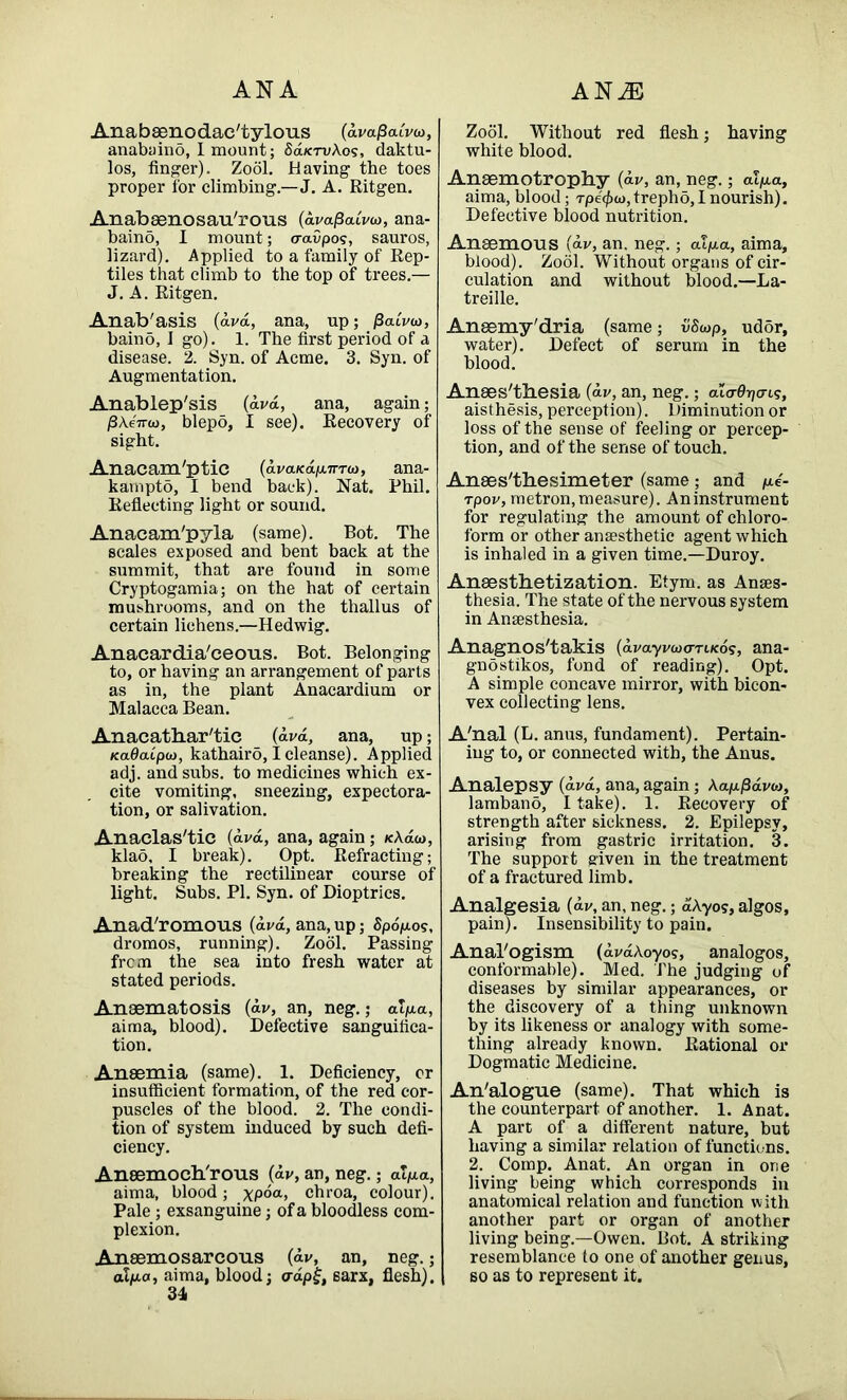 Anabsenodac'tylous (dvajSaiVco, anabaino, I mount; Sa^rvAos, daktu- los, finger). Zool. Having the toes proper for climbing— J. A. Ritgen. Anabaenosau'rous (dva/Saivw, ana- baino, I mount; o-aupos, sauros, lizard). Applied to a family of Rep- tiles that climb to the top of trees.— J. A. Ritgen. Anab'asis (ava, ana, up; /3<uVa>, baino, I go). 1. The first period of a disease. 2. Syn. of Acme. 3. Syn. of Augmentation. Anablep'sis (dvd, ana, again; /3Ae7ra), blepo, I see). Recovery of sight. Anacam'ptic (avaKajXTTTU), ana- karnpto, I bend back). Nat. Phil. Reflecting light or sound. Anacam'pyla (same). Bot. The scales exposed and bent back at the summit, that are found in some Cryptogamia; on the hat of certain mushrooms, and on the thallus of certain lichens.—Hedwig. Anaeardia'ceous. Bot. Belonging to, or having an arrangement of parts as in, the plant Anacardium or Malacca Bean. Anacathar'tic (ava, ana, up; KaOaipu), kathairo, I cleanse). Applied adj. and subs, to medicines which ex- cite vomiting, sneezing, expectora- tion, or salivation. Anaclas'tic (ava, ana, again ; /cAdw, klao, I break). Opt. Refracting; breaking the rectilinear course of light. Subs. PI. Syn. of Dioptrics. Anad'romous (ava, ana, up; Spdpo?, dromos, running). Zool. Passing frcm the sea into fresh water at stated periods. Anaematosis (av, an, neg.; atp.a, aima, blood). Defective sanguifica- tion. Ansemia (same). 1. Deficiency, or insufficient formation, of the red cor- puscles of the blood. 2. The condi- tion of system induced by such defi- ciency. Aneemoch'rous (av, an, neg.; alp.a, aima, blood; xp°a> chroa, colour). Pale ; exsanguine; of a bloodless com- plexion. Aneemosarcous (av, an, neg.; alp-a, aima, blood; <rdpf, sarx, flesh). 34 Zool. Without red flesh; having white blood. Anaemotrophy (av, an, neg.; alp.a, aima, blood; rpefioj, trepho, I nourish). Defective blood nutrition. Ansemous (av, an. neg.; alp.a, aima, blood). Zool. Without organs of cir- culation and without blood.—La- treille. Anaemy'dria (same; vSwp, ud5r, water). Defect of serum in the blood. Anaesthesia (av, an, neg.; alo-dr/o-i?, aisthesis, perception). Diminution or loss of the sense of feeling or percep- tion, and of the sense of touch. Anaes'thesimeter (same ; and p.e- rpov, metron, measure). An instrument for regulating the amount of chloro- form or other ansesthetic agent which is inhaled in a given time.—Duroy. Anaesthetization. Etym. as Anaes- thesia. The state of the nervous system in Anaesthesia. Anagnos'takis (avayvoxttikos, ana- gnostikos, fond of reading). Opt. A simple concave mirror, with bicon- vex collecting lens. A'nal (L. anus, fundament). Pertain- ing to, or connected with, the Anus. Analepsy (ava, ana, again; \ap.pdv<o, lambano, I take). 1. Recovery of strength after sickness. 2. Epilepsy, arising from gastric irritation. 3. The support given in the treatment of a fractured limb. Analgesia (av, an, neg.; dAyos, algos, pain). Insensibility to pain. Anal'ogism (dvdAoyos, analogos, conformable). Med. The judging of diseases by similar appearances, or the discovery of a thing unknown by its likeness or analogy with some- thing already known. Rational or Dogmatic Medicine. An'alogue (same). That which is the counterpart of another. 1. Anat. A part of a different nature, but having a similar relation of functions. 2. Comp. Anat. An organ in one living being which corresponds in anatomical relation and function with another part or organ of another living being.—Owen. Bot. A striking resemblance to one of another genus, l so as to represent it.