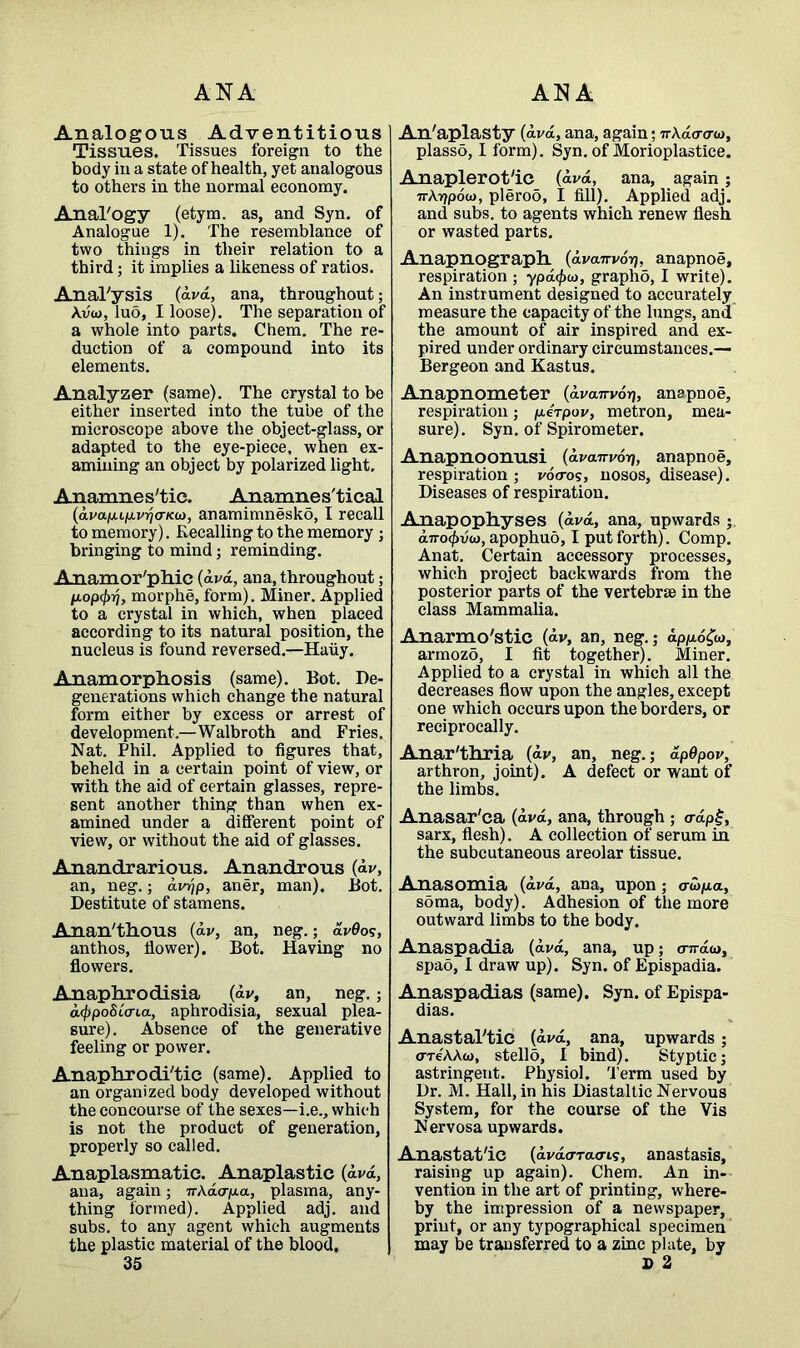 Analogous Adventitious Tissues. Tissues foreign to the body in a state of health, yet analogous to others in the normal economy. AnaTogy (etym. as, and Syn. of Analogue 1). The resemblance of two things in their relation to a third; it implies a likeness of ratios. Analysis (ava, ana, throughout; Avo>, luo, I loose). The separation of a whole into parts. Chem. The re- duction of a compound into its elements. Analyzer (same). The crystal to be either inserted into the tube of the microscope above the object-glass, or adapted to the eye-piece, when ex- amining an object by polarized light. Anamnes'tie. Anamne s'tical (avaiJ.Ljxvrj(TK<ji, anamimnesko, I recall to memory). Recalling to the memory ; bringing to mind; reminding. Anamor'phic (ava, ana, throughout; morphe, form). Miner. Applied to a crystal in which, when placed according to its natural position, the nucleus is found reversed.—Haiiy. Anamorphosis (same). Bot. De- generations which change the natural form either by excess or arrest of development.—Walbroth and Fries. Nat. Phil. Applied to figures that, beheld in a certain point of view, or with the aid of certain glasses, repre- sent another thing than when ex- amined under a different point of view, or without the aid of glasses. Anandrarious. Anandrous (dv, an, neg.; avrjp, aner, man). Bot. Destitute of stamens. Anan'thous (dv, an, neg.; dvdo?, anthos, flower). Bot. Having no flowers. Anaphrodisia (dv, an, neg.; d<t>po8Ccria, aphrodisia, sexual plea- sure). Absence of the generative feeling or power. Anaphrodi'tic (same). Applied to an organized body developed without the concourse of the sexes—i.e., which is not the product of generation, properly so called. Anaplasmatie. Anaplastic (ava, ana, again; irKaapa, plasma, any- thing formed). Applied adj. and subs, to any agent which augments the plastic material of the blood, 35 An'aplasty (ava, ana, again; irkdcrcno, plasso, I form). Syn. of Morioplastice. Anaplerot'ic (ava, ana, again; irXyfpou), pleroo, I fill). Applied adj. and subs, to agents which renew flesh or wasted parts. Anapnograph. (dvairvor), anapnoe, respiration ; ypd(fxo, grapho, I write). An instrument designed to accurately measure the capacity of the lungs, and the amount of air inspired and ex- pired under ordinary circumstances.— Bergeon and Kastus. Anapnometer (dvan-vorj, anapnoe, respiration; /xerpov, metron, mea- sure). Syn. of Spirometer. Anapnoonusi (dvanv6r\, anapnoe, respiration; vocros, nosos, disease). Diseases of respiration. Anapophyses (dvd, ana, upwards diro(f>voi), apophuo, I put forth). Comp. Anat. Certain accessory processes, which project backwards from the posterior parts of the vertebrae in the class Mammalia. Anarmo'stic (dv, an, neg.; dpp.o£«, armozd, I fit together). Miner. Applied to a crystal in which all the decreases flow upon the angles, except one which occurs upon the borders, or reciprocally. Anar'thria (dv, an, neg.; dpGpov, arthron, joint). A defect or want of the limbs. Anasar'ca (dvd, ana, through ; <rdp£, sarx, flesh). A collection of serum in the subcutaneous areolar tissue. Anasomia (dvd, ana, upon; <rwp.a, soma, body). Adhesion of the more outward limbs to the body. Anaspadia (dvd, ana, up; o-jrdo), spao, I draw up). Syn. of Epispadia. Anaspadias (same). Syn. of Epispa- dias. Anastal'tic (dvd, ana, upwards; crreAAw, stello, I bind). Styptic; astringent. Physiol. Term used by Dr. M. Hall, in his Diastaltic Nervous System, for the course of the Vis Nervosa upwards. Anastat'ic (dvdcrracri?, anastasis, raising up again). Chem. An in- vention in the art of printing, where- by the impression of a newspaper, print, or any typographical specimen may be transferred to a zinc plate, by