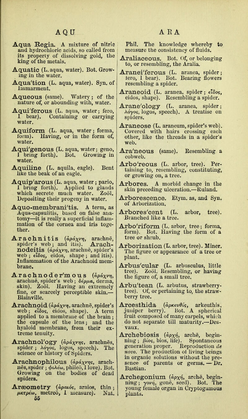 AQU A R A Aqua Hegia. A mixture of nitric and hydrochloric acids, so called from its property of dissolving gold, the king of the metals. Aquatic (L.aqua, water). Bot. Grow- ing in the water. Aqua'tion (L. aqua, water). Syn. of lmmarment. Aqueous (same). Watery; of the nature of, or abounding with, water. Aqui'ferous (L. aqua, water; fero, 1 bear). Containing or carrying water. Aquiform (L. aqua, water; forma, form). Having, or in the form of, water. Aqui'genous (L. aqua, water; geno, 1 bring forth). Bot. Growing in water. Aquiline (L. aquila, eagle). Bent like the beak of an eagle. Aquip'arous (L. aqua, water ; pario, I bring forth). Applied to glands which secrete much water. Zool. Depositing their progeny in water. Aquo-membrani'tis. A term, as Aqua-capsulitis, based on false ana- tomy—it is really a superficial inflam- mation of the cornea and iris toge- ther. Arachnitis (apaxyri, arachne, spider’s web; and itis). Arach- nodeitis (apaxvi1> arachne, spider’s web; elSos, eidos, shape; and itis). Inflammation of the Arachnoid mem- brane. Arachnoder'mous (bpaxwi, arachne, spider’s web; Sepp.a, derma, skin). Zool. Having an extremely fine, or scarcely perceptible skin.— Blainville. Arachnoid (a.pixvil> arachne, spider’s web; etSos, eidos, shape). A term applied to a membrane of the brain; the capsule of the lens; and the hyaloid membrane, from their ex- treme tenuity. Araehnol'ogy (dpaxio??. arachnes, spider; Aoyos, logos, speech). The science or history of Spiders. Arachnophilous (apaxvrj?, arach- nes, spider ; <f>iAew, phileo, I love). Bot. Growing on the bodies of dead spiders. Arseometry- (ap<uo?, araios, thin; pterpew, metreo, I measure). Nat. 55 Phil. The knowledge whereby to j measure the consistency of fluids. Araliaceous. Bot. Of, or belonging to, or resembling, the Aralia. Aranei'ferous (L. aranea, spider; lero, I bear). Bot. Bearing flowers resembling a spider. Araneoid (L. aranea, spider; elSos, eidos, shape). Eesembling a spider. Arane'ology (L. aranea, spider; Aoyos, logos, speech). A treatise on spiders. Araneose (L. araneum, spider’s web). Covered with hairs crossing each other, like the threads in a spider’s web. Ara'neous (same). Eesembling a cobweb. Arbo'reous (L. arbor, tree). Per- taining to, resembling, constituting, or growing on, a tree. Arbores. A morbid change in the skin preceding ulceration.—Euland. Arborescence. Etym. as, and Syn. of Arborization. Arborescent (L. arbor, tree). Branched like a tree. Arbo'riform (L. arbor, tree; forma, form). Bot. Having the form of a tree or shrub. Arborization (L. arbor, tree). Miner. The figure or appearance of a tree or plant. ArbusCular (L. arbusculus, little tree). Zool. Eesembling, or having the figure of, a small tree. Arbu'tean (L. arbutus, strawberry- tree). Of, or pertaining to, the straw- berry tree. Areesthida (apKevOts, arkeuthis, juniper berry). Bot. A spherical fruit composed of many carpels, which do not separate till maturity.—Des- vaux. Archebiosis (dpx»J, arche, begin- ning ; j3ios, bios, life). Spontaneous generation proper. Eeproduction de novo. The production ol living beings in organic solutions without the pre- sence of parents or germs. — Dr. Bastian. Archegonium (apx1?. arche, begin- ning; yovrj, gone, seed). Bot. The young female organ in Cryptogamous plants.