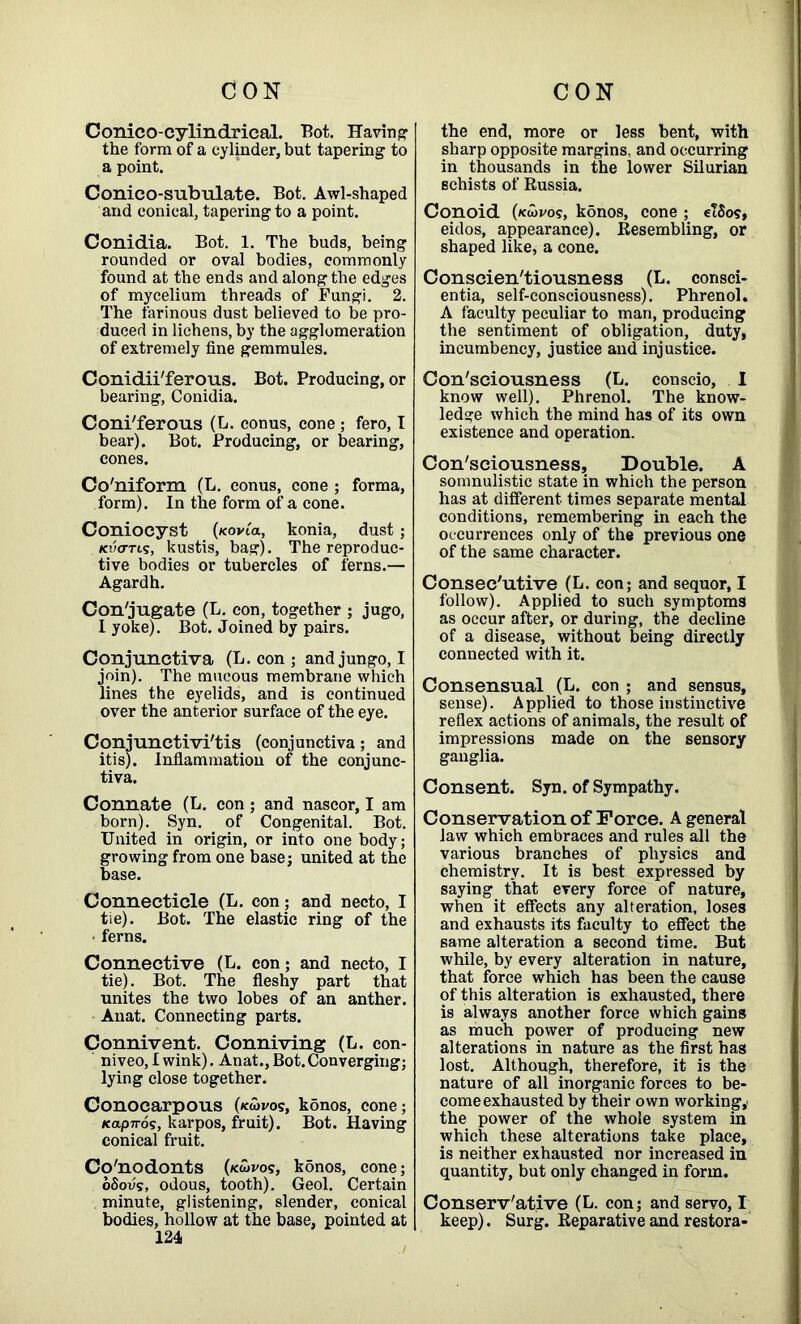 Conico-cylindrical. Bot. Having the form of a cylinder, but tapering to a point. Conico-subulate. Bot. Awl-shaped and conical, tapering to a point. Conidia. Bot. 1. The buds, being rounded or oval bodies, commonly found at the ends and along the edges of mycelium threads of Fungi. 2. The farinous dust believed to be pro- duced in lichens, by the agglomeration of extremely fine gemmules. Conidii'ferous. Bot. Producing, or bearing, Conidia. Coni'ferous (L. conus, cone ; fero, I bear). Bot. Producing, or bearing, cones. Co'niform (L. conus, cone ; forma, form). In the form of a cone. Coniocyst (Kovia, konia, dust; Kuo-Tts, kustis, bag). The reproduc- tive bodies or tubercles of ferns.— Agardh. Conjugate (L. con, together ; jugo, I yoke). Bot. Joined by pairs. Conjunctiva (L. con ; andjungo, I join). The mucous membrane which lines the eyelids, and is continued over the anterior surface of the eye. Conjunctivitis (conjunctiva; and itis). Inflammation of the conjunc- tiva. Connate (L. con ; and nascor, I am born). Syn. of Congenital. Bot. United in origin, or into one body; growing from one base; united at the base. Connecticle (L. con ; and necto, I tie). Bot. The elastic ring of the ferns. Connective (L. con; and necto, I tie). Bot. The fleshy part that unites the two lobes of an anther. Anat. Connecting parts. Connivent. Conniving (L. con- niveo, I wink). Anat., Bot.Converging; lying close together. Conocarpous (kwvos, k5nos, cone; Kapnos, karpos, fruit). Bot. Having conical fruit. Co'nodonts (/c&>ros, hdnos, cone; oSovs, odous, tooth). Geol. Certain minute, glistening, slender, conical bodies, hollow at the base, pointed at 124 the end, more or less bent, with sharp opposite margins, and occurring in thousands in the lower Silurian schists of Russia. Conoid (ku>vo?, konos, cone ; etSo?, eidos, appearance). Resembling, or shaped like, a cone. Conscientiousness (L. consci- entia, self-consciousness). Phrenol. A faculty peculiar to man, producing the sentiment of obligation, duty, incumbency, justice and injustice. Con'sciousness (L. conscio, I know well). Phrenol. The know- ledge which the mind has of its own existence and operation. Con'sciousness, Double. A somnulistic state in which the person has at different times separate mental conditions, remembering in each the occurrences only of the previous one of the same character. Consec'utive (L. con; and sequor, I follow). Applied to such symptoms as occur after, or during, the decline of a disease, without being directly connected with it. Consensual (L. con ; and sensus, sense). Applied to those instinctive reflex actions of animals, the result of impressions made on the sensory ganglia. Consent. Syn. of Sympathy. Conservation of Force. A general law which embraces and rules all the various branches of physics and chemistry. It is best expressed by saying that every force of nature, when it effects any alteration, loses and exhausts its faculty to effect the same alteration a second time. But while, by every alteration in nature, that force which has been the cause of this alteration is exhausted, there is always another force which gains as much power of producing new alterations in nature as the first has lost. Although, therefore, it is the nature of all inorganic forces to be- come exhausted by their own working,' the power of the whole system in which these alterations take place, is neither exhausted nor increased in quantity, but only changed in form. Conservative (L. con; and servo, I keep). Surg. Reparative and restora-