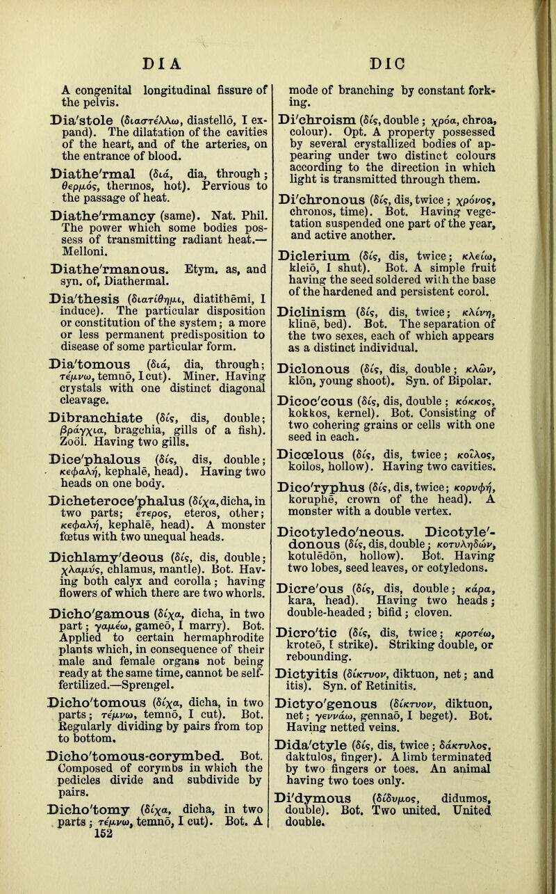 A congenital longitudinal fissure of the pelvis. Dia'stole (Stacrre'AAa), diastello, I ex- pand). The dilatation of the cavities of the heart, and of the arteries, on the entrance of blood. Diathe'rmal (Sea, dia, through; 0ep/u.6s, thermos, hot). Pervious to the passage of heat. Diathe'rmancy (same). Nat. Phil. The power which some bodies pos- sess of transmitting radiant heat.— Melloni. Diatlie'rmanous. Etym. as, and syn. of, Diathermal. Dia'thesis (StaTt07}jui, diatithemi, I induce). The particular disposition or constitution of the system; a more or less permanent predisposition to disease of some particular form. Dia'tomous (Sea, dia, through; Te/Avu), temno, I cut). Miner. Having crystals with one distinct diagonal cleavage. Dibranchiate (Sts, dis, double; fip6.yxLa> bragehia, gills of a fish). Zool. Having two gills. Dice'phalous (Sts, dis, double; Ke<j>a\r/, kephale, head). Having two heads on one body. Dicheteroce'phalus (St'xa, dicha, in two parts; erepos, eteros, other; kephale, head). A monster foetus with two unequal heads. Dichlamy'deous (Sts, dis, double; xAap,vs, chlamus, mantle). Bot. Hav- ing both calyx and corolla; having flowers of which there are two whorls. Dicho'gamous (St'xa, dicha, in two part; yap-ew, gameo, I marry). Bot. Applied to certain hermaphrodite plants which, in consequence of their male and female organs not being ready at the same time, cannot be self- fertilized.—Sprengel. Dicho'tomous (St'xa, dicha, in two parts; rejutvo), temno, I cut). Bot. Regularly dividing by pairs from top to bottom. Dicho'tomous-corymbed. Bot. Composed of corymbs in which the pedicles divide and subdivide by pairs. Dieho'tomy (St'xa, dicha, in two parts ; Te/xvia, temno, I cut). Bot. A 152 mode of branching by constant fork- ing. Di'ehroism (St's, double; \poa, chroa, colour). Opt. A property possessed by several crystallized bodies of ap- pearing under two distinct colours according to the direction in which light is transmitted through them. Di'chronous (St's, dis, twice; xp^0?* chronos, time). Bot. Having vege- tation suspended one part of the year, and active another. Diclerium (St's, dis, twice; xAet'o), kleio, I shut). Bot. A simple fruit having the seed soldered with the base of the hardened and persistent corol. Diclinism (St's, dis, twice; kAiVtj, kline, bed). Bot. The separation of the two sexes, each of which appears as a distinct individual. Diclonous (St's, dis, double; k\£>v, kldn, young shoot). Syn. of Bipolar. Dicoe'cous (St's, dis, double; kokkos, kokbos, kernel). Bot. Consisting of two cohering grains or cells with one seed in each. Diccelous (St's, dis, twice; koiAos, koilos, hollow). Having two cavities. Dico'ryphus (St's, dis, twice; Kopv<j>rj, koruphe, crown of the head). A monster with a double vertex. Dicotyledo'neous. Dicotyle'- donous (St's,dis,double: kotvAvjSwv, kotuledSn, hollow). Bot. Having two lobes, seed leaves, or cotyledons. Dicre'ous (St's, dis, double; napa, kara, head). Having two heads; double-headed; bifid; cloven. Dicro'tic (St's, dis, twice; /eporew, kroteo, [ strike). Striking double, or rebounding. Dictyitis (Suervov, diktuon, net; and itis). Syn. of Retinitis. Dietyo'genous (SCktvov, diktuon, net; yevvaui, gennad, I beget). Bot. Having netted veins. Dida'ctyle (St's, dis, twice; SatcruAos, daktulos, finger). A limb terminated by two fingers or toes. An animal having two toes only. Di'dymous (Si'Svjaos, didumos, double). Bot. Two united. United double.