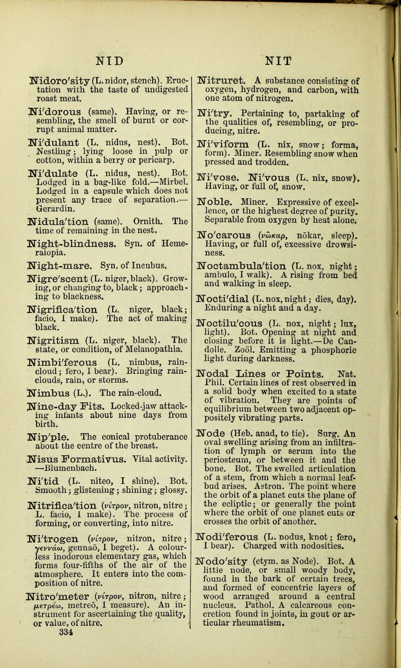NID NIT Nidoro'sity (L.nidor, stench). Eruc- tation with the taste of undigested roast meat. Ni'dorous (same). Having, or re- sembling, the smell of burnt or cor- rupt animal matter. Ni'dulant (L. nidus, nest). Bot. Nestling; lying loose in pulp or cotton, within a berry or pericarp. Ni/dulate (L. nidus, nest). Bot. Lodged in a bag-like fold.—Mirbel. Lodged in a capsule which does not present any trace of separation.— Gerardin. Nidula'tion (same). Ornith. The time of remaining in the nest. ITight-blindness. Syn. of Heme- ralopia. Night-mare. Syn. of Incubus. Nigre'scent (L. niger,black). Grow- ing, or changing to, black; approach- ing to blackness. Nigrifica'tion (L. niger, black; facio, I make). The act of making black. Nigritism (L. niger, black). The state, or condition, of Melanopathia. Nimbi'ferous (L. nimbus, rain- cloud ; fero, I bear). Bringing rain- clouds, rain, or storms. Nimbus (L.). The rain-cloud. Nine-day Fits. Locked-jaw attack- ing infants about nine days from birth. Nip'pie. The conical protuberance about the centre of the breast. Nisus Formativus. Vital activity. —Blumenbach. Ni'tid (L. niteo, I shine). Bot. Smooth; glistening; shining; glossy. Nitrifica'tion (vLrpov, nitron, nitre; L. facio, I make). The process of forming, or converting, into nitre. Ni'trogen (viVpov, nitron, nitre; ewdoj, gennao, I beget). A colour- 3ss inodorous elementary gas, which forms four-fifths of the air of the atmosphere. It enters into the com- position of nitre. Nitro'meter (virpov, nitron, nitre; jaerpew, metreo, I measure). An in- strument for ascertaining the quality, or value, of nitre. 334 Nitruret. A substance consisting of oxygen, hydrogen, and carbon, with one atom of nitrogen. Ni'try. Pertaining to, partaking of the qualities of, resembling, or pro- ducing, nitre. NiViform (L. nix, snow; forma, form). Miner. Resembling snow when pressed and trodden. Ni'vose. Ni'vous (L. nix, snow). Having, or full of, snow. Noble. Miner. Expressive of excel- lence, or the highest degree of purity. Separable from oxygen by heat alone. No'carous (vwicap, nbkar, sleep). Having, or full of, excessive drowsi- ness. Noctambula'tion (L. nox, night; ambulo, I walk). Arising from bed and walking in sleep. Nocti'dial (L. nox, night; dies, day). Enduring a night and a day. Noctilu'cous (L. nox, night; lux, light). Bot. Opening at night and closing before it is light.—De Can- dolle. Zool. Emitting a phosphoric light during darkness. Nodal Lines or Points. Nat. Phil. Certain lines of rest observed in a solid body when excited to a state of vibration. They are points of equilibrium between two adjacent op- positely vibrating parts. Node (Heb. anad, to tie). Surg. An oval swelling arising from an infiltra- tion of lymph or serum into the periosteum, or between it and the bone. Bot. The swelled articulation of a stem, from which a normal leaf- bud arises. Astron. The point where the orbit of a planet cuts the plane of the ecliptic; or generally the point where the orbit of one planet cuts or crosses the orbit of another. Nodi'ferous (L. nodus, knot; fero, I bear). Charged with nodosities. Nodo'sity (etym. as Node). Bot. A little node, or small woody body, found in the bark of certain trees, and formed of concentric layers of wood arranged around a central nucleus. Pathol. A calcareous con- cretion found in joints, in gout or ar- ticular rheumatism.