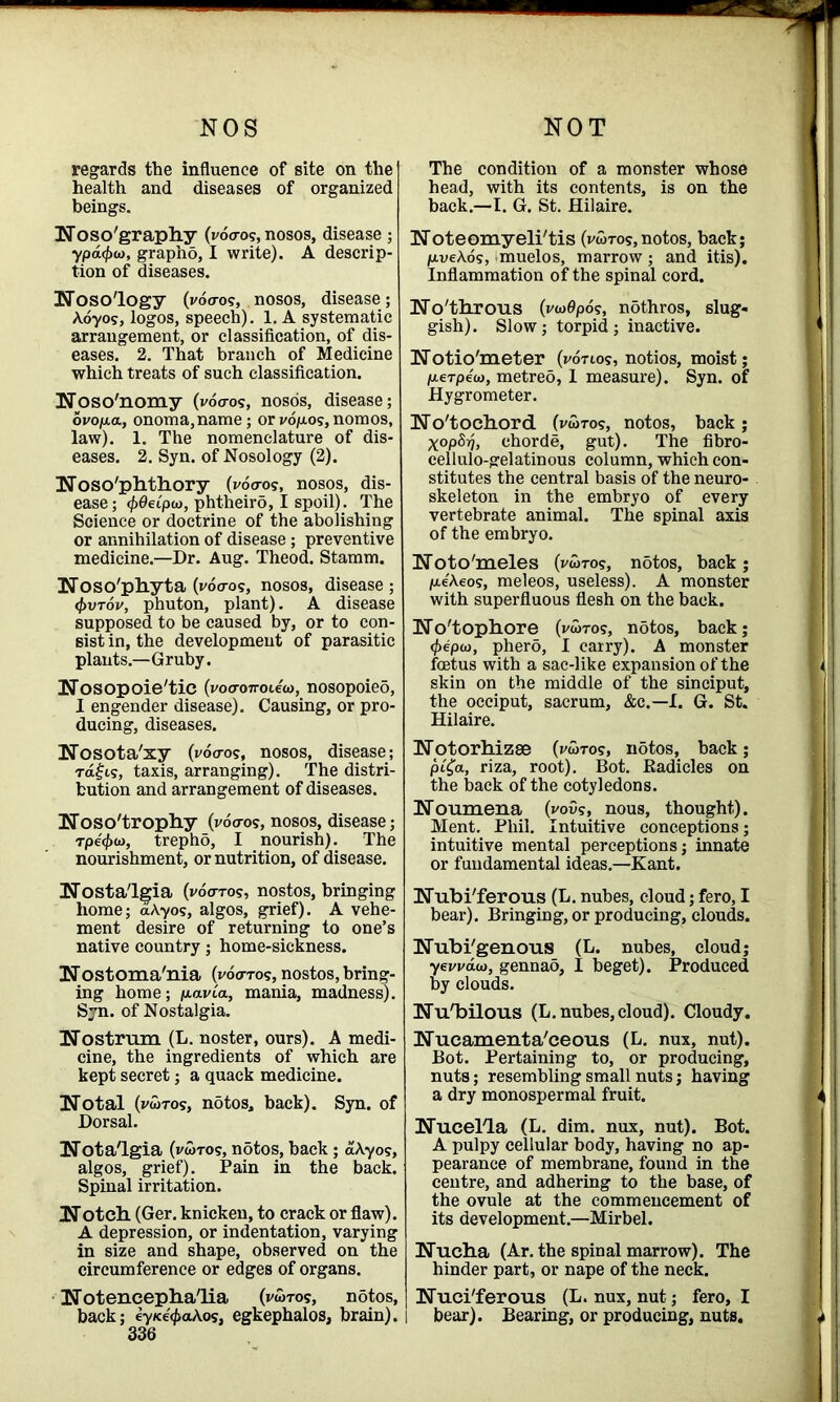 NOS NOT regards the influence of site on the health and diseases of organized beings. Noso'graphy (votros, nosos, disease ; ypd<f>oo, grapho, I write). A descrip- tion of diseases. Nosology (vocros, nosos, disease ; Aoyos, logos, speech). 1. A systematic arrangement, or classification, of dis- eases. 2. That branch of Medicine which treats of such classification. Noso'nomy (voo-os, nosos, disease; ovoju-a, onoma,name; or vopos, nomos, law). 1. The nomenclature of dis- eases. 2. Syn. of Nosology (2). Noso'phthory (voo-os, nosos, dis- ease; <f>0eipa>, phtheiro, I spoil). The Science or doctrine of the abolishing or annihilation of disease ; preventive medicine.—Dr. Aug. Theod. Stamm. Noso'phyta (voo-os, nosos, disease; 4>vtov, phuton, plant). A disease supposed to be caused by, or to con- sist in, the development of parasitic plauts.—Gruby. Nosopoie'tie (voo-oT-oiew, nosopoieo, I engender disease). Causing, or pro- ducing, diseases. Nosota'xy (voo-os, nosos, disease; t<x£i,s, taxis, arranging). The distri- bution and arrangement of diseases. Noso'trophy (voo-os, nosos, disease; Tpeffxo, trepho, I nourish). The nourishment, or nutrition, of disease. Nostalgia (vootos, nostos, bringing home; aAyos, algos, grief). A vehe- ment desire of returning to one’s native country; home-sickness. Nostoma'nia (vootos, nostos, bring- ing home; pavia, mania, madness). Syn. of Nostalgia. Nostrum (L. noster, ours). A medi- cine, the ingredients of which are kept secret; a quack medicine. Notal (vwtos, notos, back). Syn. of Dorsal. Notalgia (vwtos, n5tos, back ; aAyos, algos, grief). Pain in the back. Spinal irritation. Notch (Ger. knicken, to crack or flaw). A depression, or indentation, varying in size and shape, observed on the circumference or edges of organs. Notencephalia (vwtos, notos, 336 The condition of a monster whose head, with its contents, is on the back.—-I. G. St. Hilaire. Noteomyeli'tis (vwtos,notos, back; javeAos, muelos, marrow; and itis). Inflammation of the spinal cord. No'throus (vwflpos, nothros, slug- gish). Slow; torpid; inactive. Notio'meter (vcmos, notios, moist; ju.eTpe«, metreo, 1 measure). Syn. of Hygrometer. No'tochord (vwtos, notos, back; xopfiij, chorde, gut). The fibro- cellulo-gelatinous column, which con- stitutes the central basis of the neuro- skeleton in the embryo of every vertebrate animal. The spinal axis of the embryo. Noto'meles (vwtos, notos, back; p.4Aeos, meleos, useless). A monster with superfluous flesh on the back. No'tophore (vwtos, notos, back; </>epw, pherd, I carry). A monster foetus with a sac-like expansion of the skin on the middle of the sinciput, the occiput, sacrum, &c.—I. G. St. Hilaire. Notorhizse (vwtos, ndtos, back; pi£a, riza, root). Bot. Radicles on the back of the cotyledons. Noumena (vous, nous, thought). Ment. Phil. Intuitive conceptions; intuitive mental perceptions; innate or fundamental ideas.—Kant. Nubi'ferous (L. nubes, cloud; fero, I bear). Bringing, or producing, clouds. Nubi'genous (L. nubes, cloud; yewaw, gennao, I beget). Produced by clouds. Nu'bilous (L. nubes, cloud). Cloudy. Nucamenta'ceous (L. nux, nut). Bot. Pertaining to, or producing, nuts; resembling small nuts; having a dry monospermal fruit. Nucella (L. dim. nux, nut). Bot. A pulpy cellular body, having no ap- pearance of membrane, found in the centre, and adhering to the base, of the ovule at the commencement of its development.—Mirbel. Nucha (Ar. the spinal marrow). The hinder part, or nape of the neck. Nuci'ferous (L. nux, nut; fero, I