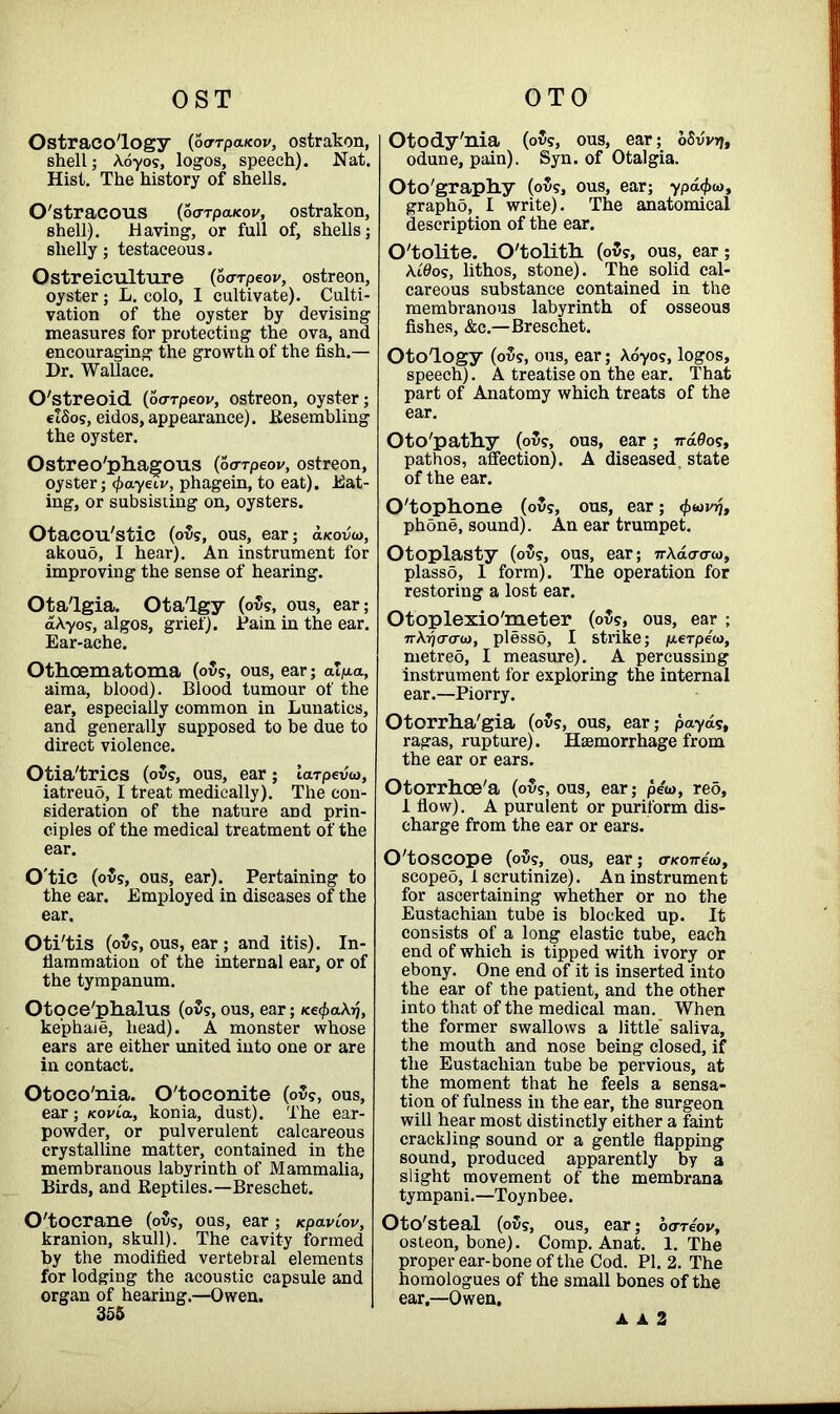 Ostraco'logy (oarpaxov, ostrakon, shell; A.oyo?, logos, speech). Nat. Hist. The history of shells. O'stracous (oarpaicov, ostrakon, shell). Having, or full of, shells; shelly; testaceous. Ostreiculture (oa-rpeov, ostreon, oyster ; L. colo, I cultivate). Culti- vation of the oyster by devising measures for protecting the ova, and encouraging the growth of the fish.— Dr. Wallace. O'streoid (oa-rpeov, ostreon, oyster; elSos, eidos, appearance). .Resembling the oyster. Ostreo'phagous (oa-rpeov, ostreon, oyster; (pay ecv, phagein, to eat). Hat- ing, or subsisting on, oysters. Otacou'stic (ous, ous, ear; d/couw, akouo, I hear). An instrument for improving the sense of hearing. Ota'lgia. Ota'lgy (oh, ous, ear; aAyos, algos, grief). Pain in the ear. Ear-ache. Othcematoma (o5?, ous, ear; aljua, aima, blood). Blood tumour of the ear, especially common in Lunatics, and generally supposed to be due to direct violence. Otia'trics (o{!s, ous, ear; larpevco, iatreuo, I treat medically). The con- sideration of the nature and prin- ciples of the medical treatment of the ear. O'tie (ous, ous, ear). Pertaining to the ear. Employed in diseases of the ear. Oti'tis (o5?, ous, ear ; and itis). In- flammation of the internal ear, or of the tympanum. Otoce'phalus (oh, ous, ear; Ke<paXq, ke’phaie, head). A monster whose ears are either united into one or are in contact. Otoco'nia. O'toconite (o3?, ous, ear; kovLo., konia, dust). The ear- powder, or pulverulent calcareous crystalline matter, contained in the membranous labyrinth of Mammalia, Birds, and Reptiles.—Breschet. O'tocrane (oh, ous, ear; KpavCov, kranion, skull). The cavity formed by the modified vertebral elements for lodging the acoustic capsule and organ of hearing.—Owen. 355 Otody'nia (ov?, ous, ear; bSvvq, odune, pain). Syn. of Otalgia. Oto'graphy (o5?, ous, ear; ypd<pia, grapho, I write). The anatomical description of the ear. O'tolite. O'tolith (ov?, ous, ear; Xt&os, lithos, stone). The solid cal- careous substance contained in the membranous labyrinth of osseous fishes, &c.—Breschet. Otology (oh, ous, ear; Xoyos, logos, speech). A treatise on the ear. That part of Anatomy which treats of the ear. Oto'pathy (oh, ous, ear; ndOos, pathos, affection). A diseased state of the ear. O'toplione (oSs, ous, ear; <puvrj, phdne, sound). An ear trumpet. Otoplasty (o3s, OUS, ear; irXaa-cro), plassd, I form). The operation for restoring a lost ear. Otoplexio'meter (ofo, ous, ear ; TrXrjcrao}, plesso, I strike; /uerpew, metreo, I measure). A percussing instrument for exploring the internal ear.—Piorry. Otorrlia'gia (ous, ous, ear; payds, ragas, rupture). Haemorrhage from the ear or ears. Otorrhoe'a (ou?, ous, ear; pew, red, 1 flow). A purulent or puriform dis- charge from the ear or ears. O'toscope (oh, ous, ear; o-kottmo, scopeo, 1 scrutinize). An instrument for ascertaining whether or no the Eustachian tube is blocked up. It consists of a long elastic tube, each end of which is tipped with ivory or ebony. One end of it is inserted into the ear of the patient, and the other into that of the medical man. When the former swallows a little saliva, the mouth and nose being closed, if the Eustachian tube be pervious, at the moment that he feels a sensa- tion of fulness in the ear, the surgeon will hear most distinctly either a faint crackling sound or a gentle flapping sound, produced apparently by a slight movement of the membrana tympani.—Toynbee. Oto'steal (0S9, ous, ear; oa-reov, osteon, bone). Comp. An at. 1. The proper ear-bone of the Cod. PI. 2. The homologues of the small bones of the ear,—Owen, A A 2