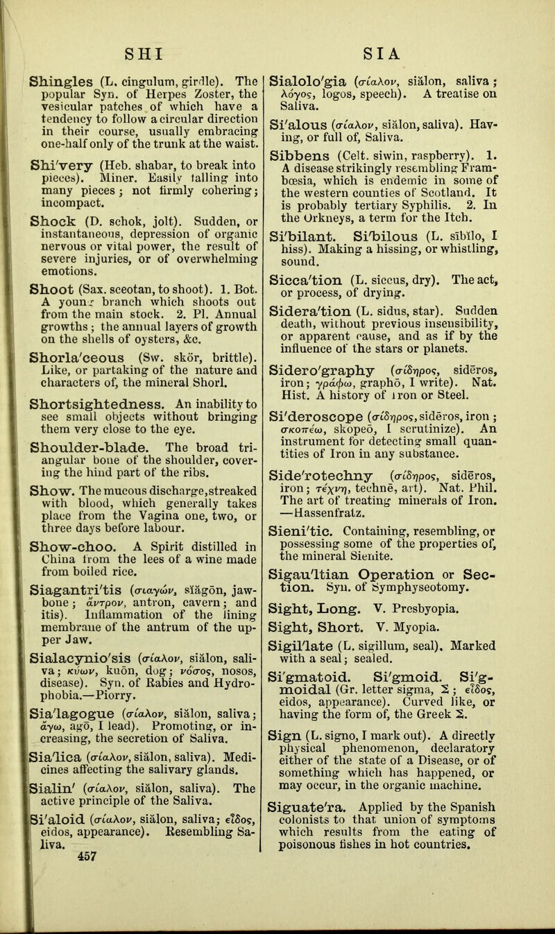 Shingles (L. cingulum, girdle). The popular Syn. of Herpes Zoster, the vesicular patches of which have a tendency to follow a circular direction in their course, usually embracing one-half only of the trunk at the waist. ShiVery (Heb. sliabar, to break into pieces). Miner. Easily tailing into many pieces ; not firmly cohering; incompact. Shock (D. schok, jolt). Sudden, or instantaneous, depression of organic nervous or vital power, the result of severe injuries, or of overwhelming emotions. Shoot (Sax. sceotan, to shoot). 1. Bot. A young branch which shoots out from the main stock. 2. PI. Annual growths ; the annual layers of growth on the shells of oysters, &c. Shorla'ceous (Sw. skor, brittle). Like, or partaking of the nature and characters of, the mineral Shorl. Shortsightedness. An inability to see small objects without bringing them very close to the eye. Shoulder-blade. The broad tri- angular bone of the shoulder, cover- ing the hind part of the ribs. Show. The mucous discharge,streaked with blood, which generally takes place from the Vagina one, two, or three days before labour. Show-choo. A Spirit distilled in China from the lees of a wine made from boiled rice. Siagantri'tis (<riaywv, slagon, jaw- bone; avrpov, antron, cavern; and itis). Inflammation of the lining membrane of the antrum of the up- per Jaw. Sialaeynio'sis (via.kov, sialon, sali- va ; Kvuiv, kuon, dog; vocros, nosos, disease). Syn. of Rabies and Hydro- phobia.—Piorry. Sia'lagogue (aiakov, sialon, saliva; ay<a, ago, I lead). Promoting, or in- creasing, the secretion of Saliva. Sialica (aiakov, sialon, saliva). Medi- cines affecting the salivary glands. Sialin' (aiakov, sialon, saliva). The active principle of the Saliva. i'aloid (aiakov, sialon, saliva; e!So?, eidos, appearance). Resembling Sa- liva. Sialolo'gia (aiakov, sialon, saliva ; koyos, logos, speech). A treatise on Saliva. Si'alous (criakov, sialon, saliva). Hav- ing, or full of. Saliva. Sibbens (Celt, siwin, raspberry). 1. A disease strikingly resembling Fram- bcesia, which is endemic in some of the western counties of Scotland. It is probably tertiary Syphilis. 2. In the Orkneys, a term for the Itch. Si'bilant. Si/bilous (L. slbilo, I hiss). Making a hissing, or whistling, sound. Sicca'tion (L. siccus, dry). The act, or process, of drying. Sidera'tion (L. sidus, star). Sudden death, without previous insensibility, or apparent cause, and as if by the influence of the stars or planets. Sidero'graphy (o-iSrjpo?, sideros, iron; ypd<f)(o, grapho, I write). Nat. Hist. A history of iron or Steel. Si'deroscope (aiSripos, sideros, iron ; aKoneu), skopeo, I scrutinize). An instrument for detecting small quan- tities of Iron in any substance. Side'rotechny (aiSypos, sideros, iron; Texvrj, teehne, art). Nat. Phil. The art of treating minerals of Iron. —Hassenfratz. Sieni'tic. Containing, resembling, or possessing some of the properties of, the mineral Sienite. Sigau'ltian Operation or Sec- tion. Syn. of Symphyseotomy. Sight, Long. V. Presbyopia. Sight, Short. V. Myopia. Sigil'late (L. sigillum, seal). Marked with a seal; sealed. Si'gmatoid. Si'gmoid. Si'g- moidal (Gr. letter sigma, 2 ; elfios, eidos, appearance). Curved like, or having the form of, the Greek 2. Sign (L. signo, I mark out). A directly physical phenomenon, declaratory either of the state of a Disease, or of something which has happened, or may occur, in the organic machine. Siguate'ra. Applied by the Spanish colonists to that union of symptoms which results from the eating of poisonous fishes in hot countries. 457