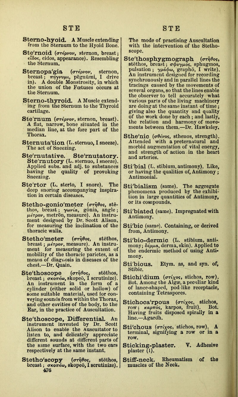 Stemo-hyoid. A Muscle extending from the Sternum to the Hyoid Bone. Ste'rnoid (trrepvop, sternon, breast; elSos, eidos, appearance). Resembling the Sternum. Sternopa'gia (o-rdpvov, sternon, breast; irrjywp.i, pegnumi, I drive in). A double Monstrosity, in which the union of the Foetuses occurs at the Sternum. Sterno-thyroid. A Muscle extend- ing from the Sternum to the Thyroid cartilage. Ste'rnum {aripvov, sternon, breast). A flat, narrow, bone situated in the median line, at the fore part of the Thorax. Sternutation (L.sternuo, I sneeze). The act of Sneezing. Sternutative. Ste'rnutatory. Ste'rnutory (L. sternuo, I sneeze). Applied subs, and adj. to substances having the quality of provoking Sneezing. Ste'rtor (L. sterto, I snore). The deep snoring accompanying inspira- tion in certain diseases. Stetho-gonio'meter (ott)0o?, ste- thos, breast; ywvia, gonia, angle; p.erpov, metron, measure). An instru- ment designed by Dr. Scott Alison, for measuring the inclination of the thoracic walls. Stetho'meter (<rn)0os, stethos, breast; p.erpov, measure). An instru- ment for measuring the extent of mobility of the thoracic parietes, as a means of diagnosis in diseases of the chest.—Dr. Quain. Ste'thoscope (<rri)0os, stethos, breast; o7co7r«o, skopeo, I scrutinize). An instrument in the form of a cylinder (either solid or hollow) of some suitable material, used for con- veying sounds from within the Thorax, and other cavities of the body, to the Ear, in the practice of Auscultation. Ste'thoscope, Differential. An instrument invented by Dr. Scott Alison to enable the Auscultator to listen to, and delicately appreciate different sounds at different parts of the same surface, with the two ears respectively at the same instant. Stetho'scopy (ott)0o?, stethos, breast; cr/con-ew, skopeo, 1 scrutinize). 476 The mode of practising Auscultation with the intervention of the Stetho- scope. Ste'thosphygmograph (<rn?0 os, stethos, breast; <T$vyp6<;% sphugmos, pulsation; ypacfxo, graphd, I write). An instrument designed for recording synchronously and in parallel lines the tracings caused by the movements of several organs, so that the lines enable the observer to tell accurately what various parts of the living machinery are doing at the same instant of time; giving also the quantity and quality of the work done by each ; and lastly, the relation and harmony of move- ments between them.—Dr. Hawksley. Sthe'nic (<r0eVos, stheuos, strength). Attended with a preternatural and morbid augmentation of vital energy, and strength of action in the heart and arteries. Sti'bial (L. stibium, antimony). Like, or having the qualities of. Antimony ; Antimonial. Sti'bialism (same). The aggregate phenomena produced by the exhibi- tion in large quantities of Antimony, or its compounds. Sti'biated (same). Impregnated with Antimony. Sti'bic (same). Containing, or derived from, Antimony. Sti'bio-dermic (L. stibium, anti- mony; Sepp-a, derma, skin). Applied to the endermic method of using Anti- mony. Sti'bious. Etym. as, and syn. of, Stibic. Stichi'dium (<rrt'xos, stichos, row). Bot. Among the Algae, a peculiar kind of lance-shaped, pod-like receptacle, containing Tetraspores. Sticboca'rpous (o-n'xo?, stichos, row; Kapno<;, karpos, fruit). Bot. Having fruits disposed spirally in a line.—Agardh. Sti'cbous (<rrtxos, stichos, row). A terminal, signifying a row or in a row. Sticking-plaster. V. Adhesive plaster (1). Stiff-neck. Rheumatism of the muscles of the Neck.