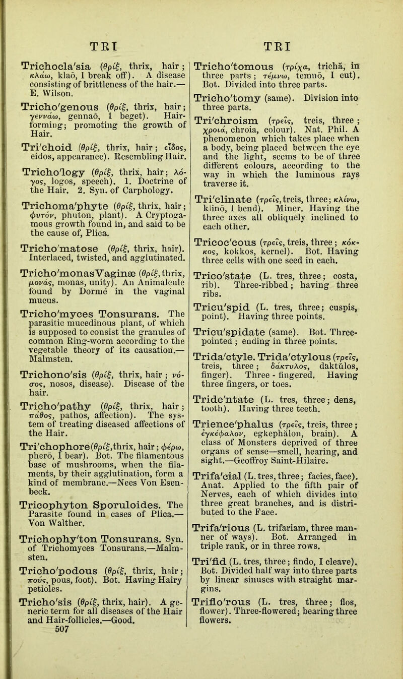Trichocla'sia (0pi'£, thrix, hair; k\<xu), klad, 1 break off). A disease consisting of brittleness of the hair.— E. Wilson. Tricho'genous (Opitj, thrix, hair; yewao), gennao, 1 beget). Hair- forming; promoting the growth of Hair. Tri'choid (0pi'£, thrix, hair; elSos, eidos, appearance). Resembling Hair. Tricho'logy (0pi'£, thrix, hair; A.o- 70s, logos, speech). 1. Doctrine of the Hair. 2. Syn. of Carphology. Trichoma'pliyte (0pif, thrix, hair; <f>vTov, phuton, plant). A Cryptoga- mous growth found in, and said to be the cause of, Plica. Tricho'matose (0pi£, thrix, hair). Interlaced, twisted, and agglutinated. Tricho'monas Vaginae (0pi'£, thrix, p-ova?, monas, unity). An Animalcule found by Dorme in the vaginal mucus. Tricho'myces Tonsurans. The parasitic mucedinous plant, of which is supposed to consist the granules of common Ring-worm according to the vegetable theory of its causation.— Malmsten. Trichono'sis (0pi£, thrix, hair; vo- o-os, nosos, disease). Disease of the hair. Tricho'pathy (0pt£, thrix, hair; ndOos, pathos, affection). The sys- tem of treating diseased affections of the Hair. Tri'chophore(0pi£,thrix, hair; 4>ep«, phero, I bear). Bot. The filamentous base of mushrooms, when the fila- ments, by their agglutination, form a kind of membrane.—Nees Von Esen- beck. Tricophyton Sporuloides. The Parasite found in cases of Plica.— Von Walther. Trichophyton Tonsurans. Syn. of Trichomyces Tonsurans.—Malm- sten. Tricho'podous (0pif, thrix, hair; 7rov9, pous, foot). Bot. Having Hairy petioles. Tricho'sis (0pi'f, thrix, hair). A ge- neric term for all diseases of the Hair and Hair-follicles.—Good. 507 Tricho'tomous (rpCxa, tricha, in three parts; Te>vw, temno, I cut). Bot. Divided into three parts. Trichotomy (same). Division into three parts. Tri'chroism (rpei?, treis, three; Xpoia, chroia, colour). Nat. Phil. A phenomenon which takes place when a body, being placed between the eye and the light, seems to be of three different colours, according to the way in which the luminous rays traverse it. Tri'clinate (rpeis,treis, three; kAcvw, klino, i bend). Miner. Having the three axes all obliquely inclined to each other. Tricoc'cous (rpei?, treis, three; kok- /cos, kokkos, kernel). Bot. Having three cells with one seed in each. Trico'state (L. tres, three; costa, rib). Three-ribbed ; having three ribs. Tricu'spid (L. tres, three; cuspis, point). Having three points. Tricu'spidate (same). Bot. Three- pointed ; ending in three points. Trida'ctyle. Trida'ctylous (rpei?, treis, three; fid/cruAos, daktfilos, finger). Three - fingered. Having three fingers, or toes. Tride'ntate (L. tres, three; dens, tooth). Having three teeth. Trience'phaTus (rpei?, treis, three ; 67/ce^aA.ov, egkephalon, brain). A class of Monsters deprived of three organs of sense—smell, hearing, and sight.—Geoffroy Saint-Hilaire. Trifa'cial (L. tres, three; facies, face). Anat. Applied to the fifth pair of Nerves, each of which divides into three great branches, and is distri- buted to the Face. Trifa'rious (L. trifariam, three man- ner of ways). Bot. Arranged in triple rank, or in three rows. Tri/fid (L. tres, three; findo, I cleave). Bot. Divided half way into three parts by linear sinuses with straight mar- gins. Triflo'rous (L. tres, three; flos, flower). Three-flowered; bearing three flowers.