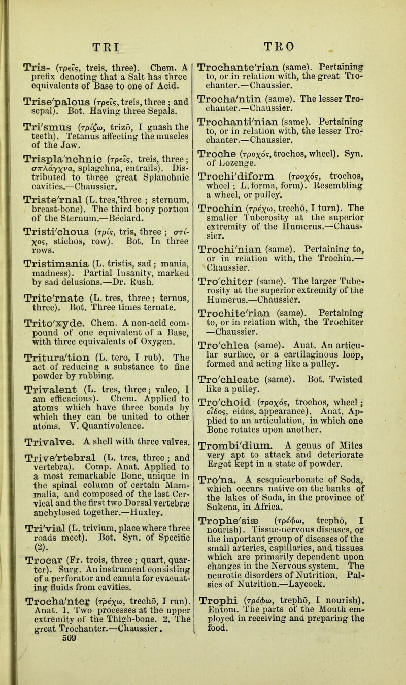 Tris- (rpel?, treis, three). Chem. A prefix denoting that a Salt has three equivalents of Base to one of Acid. Trise'palous (rpeis, treis, three; and sepal). Bot. Having three Sepals. Tri/smus (Tpifw, triz5, I gnash the teeth). Tetanus affecting the muscles of the Jaw. Trispla'nchnic (Tpeis, treis, three; a-Kkayxva, splagchna, entrails). Dis- tributed to three great Splanchnic cavities.—Chaussier. Triste'rnal (L. tres,’three ; sternum, breast-bone). The third bony portion of the Sternum.—Beclard. Tristi'chous (rpis, tris, three ; <tti- Xos, stichos, row). Bot. In three rows. Tristimania (L. tristis, sad; mania, madness). Partial Insanity, marked by sad delusions.—Dr. Rush. Trite'rnate (L. tres, three; ternus, three). Bot. Three times ternate. Trito'xyde. Chem. A non-acid com- pound of one equivalent of a Base, with three equivalents of Oxygen. Tritura'tion (L. tero, I rub). The act of reducing a substance to fine powder by rubbing. Trivalent (L. tres, three; valeo, I am efficacious). Chem. Applied to atoms which have three bonds by which they can be united to other atoms. V. Quantivalence. Trivalve. A shell with three valves. Trive'rtebral (L. tres, three ; and vertebra). Comp. Anat. Applied to a most remarkable Bone, unique in the spinal column of certain Mam- malia, and composed of the last Cer- vical and the first two Dorsal vertebrae anchylosed together.—Huxley. Tri'vial (L. trivium, place where three roads meet). Bot. Syn. of Specific (2). Trocar (Fr. trois, three ; quart, quar- ter). Surg. An instrument consisting of a perforator and canula for evacuat- ing fluids from cavities. Trocha'nter (tpe'xw, trecho, I run). Anat. 1. Two processes at the upper extremity of the Thigh-bone. 2. The great Trochanter.—Chaussier. 509 Trochante'rian (same). Pertaining to, or in relation with, the great Tro- chanter. —Chaussier. Trocha'ntin (same). The lesser Tro- chanter.—Chaussier. Trochanti'nian (same). Pertaining to, or in relation with, the lesser Tro- chanter.— Chaussier. Troche (rpoxos, trochos, wheel). Syn. of Lozenge. Trochi'diform (rpoxos, trochos, wheel; L. forma, form). Resembling a wheel, or pulley. Trochin (rpe'xw, trecho, I turn). The smaller Tuberosity at the superior extremity of the Humerus.—Chaus- sier. Trochi'nian (same). Pertaining to, or in relation with, the Trochin.— Chaussier. Tro'chiter (same). The larger Tube- rosity at the superior extremity of the Humerus.—Chaussier. Trochite'rian (same). Pertaining to, or in relation with, the Trochiter —Chaussier. Tro'chlea (same). Anat. An articu- lar surface, or a cartilaginous loop, formed and acting like a pulley. Tro'chleate (same). Bot. Twisted like a pulley. Tro'choid (Tpoxos, trochos, wheel ; elfios, eidos, appearance). Anat. Ap- plied to an articulation, in which one Bone rotates upon another. Trombi/dium. A genus of Mites very apt to attack and deteriorate Ergot kept in a state of powder. Tro'na. A sesquicarbonate of Soda, which occurs native on the banks of the lakes of Soda, in the province of Sukena, in Africa. Trophe'sise (rpe<f>to, trepho, I nourish). Tissue-nervous diseases, or the important group of diseases of the small arteries, capillaries, and tissues which are primarily dependent upon changes in the Nervous system. The neurotic disorders of Nutrition. Pal- sies of Nutrition.—Laycock. Trophi (rpe</)w, trephd, I nourish). Entom. The parts of the Mouth em- ployed in receiving and preparing the food.