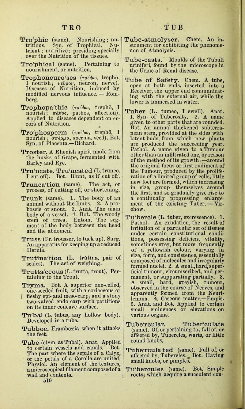 Tro'phic (same). Nourishing; nu- tritious. Syn. of Trophioal. Nu- trient ; nutritive; presiding specially over the Nutrition of the tissues. Tro'pbical (same). Pertaining to nourishment, or nutrition. Trophoneuro'ses (rpe^co, trepho, I nourish; vevpov, neuron, nerve). Diseases of Nutrition, induced by modified nervous influence. — Rom- berg. Trophopa'thic (rpe<f>o), trepho, I nourish; 7ra0o?, pathos, affection). Applied to diseases dependent on er- rors of Nutrition. Tro'pbosperm (Tpe<f>w, trepho, I nourish ; <rnepp.a, sperma, seed). Dot. Syn. of Placenta.—Richard. Troster. A Rhenish spirit made from the husks of Grape, fermented with Barley and Rye. Tru'ncate. Tru'ncated (L. trunco, I cut off). Bot. Blunt, as if cut off. Trunca'tion (same). The act, or process, of cutting off, or shortening. Trunk (same). 1. The body of an animal without the limbs. 2. A pro- boscis or snout. 3. Anat. The main body of a vessel. 4. Bot. The woody stem of trees. Entom. The seg- ment of the body between the head and the abdomen. Truss (Fr. trousser, to tuck up). Surg. An apparatus for keeping up a reduced Hernia. Trutina'tion (L. trutina, pair of scales). The act of weighing. Trutta'ceous (L. trutta, trout). Per- taining to the Trout. Tryma. Bot. A superior one-celled, one-seeded fruit, with a coriaceous or [ fleshy epi- and meso-carp, and a stony two-valved endo-carp with partitions on its inner concave surface. Tu'bal (L. tubus, any hollow body). Developed in a tube. Tubboe. Framboesia when it attacks the feet. Tube (etym. as Tubal). Anat. Applied to certain vessels and canals. Bot. The part where the sepals of a Calyx, or the petals of a Corolla are united. Physiol. An element of the textures, a microscopical filament composed of a wall and contents. 510 Tube-atmolyser. Chem. An in- strument for exhibiting the phenome- non of Atmolysis. Tube-casts. Moulds of the Tubuli uriniferi, found by the microscope in the Urine of Renal disease. Tube of Safety. Chem. A tube, open at both ends, inserted into a Receiver, the upper end communicat- ing with the external air, while the lower is immersed in water. Tuber (L. tumeo, I swell). Anat. 1. Syn. of Tuberosity. 2. A name given to other parts that are rounded. Bot. An annual thickened subterra- nean stem, provided at the sides with latent buds, from which new plants are produced the succeeding year. Pathol. A name given to a Tumour other than an infiltrated one, by reason of the method of its growth:—around the original focus or first rudiment of the Tumour, produced by the prolife- ration of a limited group of cells, little new foci are formed, which increasing in size, group themselves around the first, and so gradually give rise to a continually progressing enlarge- ment of the existing Tuber. — Vir- chow. Tu'bercle (L. tuber, excrescence). 1. Pathol. An exudation, the result of irritation of a particular set of tissues under certain constitutional condi- tions, possessing deficient vitality, sometimes grey, but more frequently of a yellowish colour, varying in size, form, and consistence, essentially composed of molecules and irregularly formed nuclei. 2. A small,hard, super- ficial tumour, circumscribed, and per- manent, nr suppurating partially. 3. A small, hard, greyish, tumour, observed in the course of Nerves, and apparently formed from the Neuri- lemma. 4. Caseous matter.—Empis. 5. Anat. and Bot. Applied to certain small eminences or elevations on various organs. Tube'rcular. Tuber'culate (same). Of, or pertaining to, full of, or affected by. Tubercles, warts, or little round knobs. Tube'rcula ted (same). Full of, or affected by, Tubercles.^ Bot. Having small knobs, or pimples. Tu/bercules (same). Bot. Simple roots, which acquire a succulent con-