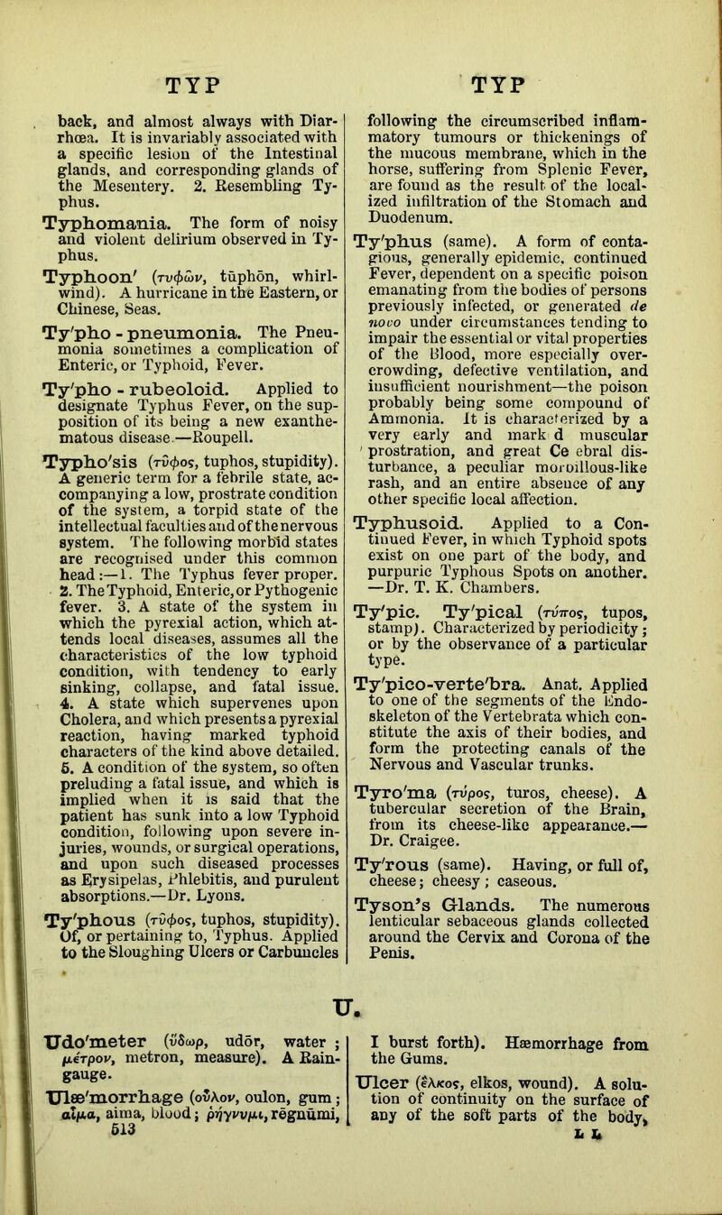 TYP TYP back, and almost always with Diar- rhoea. It is invariably associated with a specific lesion of the Intestinal glands, and corresponding glands of the Mesentery. 2. Resembling Ty- phus. Typhomania. The form of noisy and violent delirium observed in Ty- phus. Typhoon' (tu<£wv, tuphon, whirl- wind) . A hurricane in the Eastern, or Chinese, Seas. Ty'pho - pneumonia. The Pneu- monia sometimes a complication of Enteric, or Typhoid, Fever. Ty'pho - rubeoloid. Applied to designate Typhus Fever, on the sup- position of its being a new exanthe- matous disease.—Roupell. Typho'sis (ru<f)og, tuphos, stupidity). A generic term for a febrile state, ac- companying a low, prostrate condition of the system, a torpid state of the intellectual faculties and of the nervous system. The following morbid states are recognised under this common head 1. The Typhus fever proper. 2. The Typhoid, Enteric, or Pythogenic fever. 3. A state of the system in which the pyrexial action, which at- tends local diseases, assumes all the characteristics of the low typhoid condition, with tendency to early sinking, collapse, and fatal issue. 4. A state which supervenes upon Cholera, and which presents a pyrexial reaction, having marked typhoid characters of the kind above detailed. 5. A condition of the system, so often preluding a fatal issue, and which is implied when it is said that the patient has sunk into a low Typhoid condition, following upon severe in- juries, wounds, or surgical operations, and upon such diseased processes as Erysipelas, Phlebitis, and purulent absorptions.—Dr. Lyons. Ty'phous (rv^os, tuphos, stupidity). Of, or pertaining to, Typhus. Applied to the Sloughing Ulcers or Carbuncles TJdo'meter (vSiop, uddr, water ; p,eVpov, metron, measure). A Rain- gauge. Ulse'morrhage (oSAov, oulon, gum; alp.a, aima, blood; prjyvvpu, regnumi, 513 following the circumscribed inflam- matory tumours or thickenings of the mucous membrane, which in the horse, suffering from Splenic Fever, are found as the result of the local- ized infiltration of the Stomach and Duodenum. Ty'phus (same). A form of conta- gious, generally epidemic, continued Fever, dependent on a specific poison emanating from the bodies of persons previously infected, or generated de novo under circumstances tending to impair the essential or vital properties of the Blood, more especially over- crowding, defective ventilation, and insufficient nourishment—the poison probably being some compound of Ammonia. It is characterized by a very early and mark d muscular ' prostration, and great Ce ebral dis- turbance, a peculiar moroillous-like rash, and an entire absence of any other specific local affection. Typhusoid. Applied to a Con- tinued Fever, in which Typhoid spots exist on one part of the body, and purpuric Typhous Spots on another. —Dr. T. K. Chambers. Ty'pic. Ty'pical (tvttos, tupos, stamp). Characterized by periodicity; or by the observance of a particular type. Ty'pico-verte'bra. Anat. Applied to one of the segments of the Fndo- skeleton of the Vertebrata which con- stitute the axis of their bodies, and form the protecting canals of the Nervous and Vascular trunks. Tyro'ma (rvpog, turos, cheese). A tubercular secretion of the Brain, from its cheese-like appearance.— Dr. Craigee. Ty'rous (same). Having, or full of, cheese; cheesy ; caseous. Tyson’s Glands. The numerous lenticular sebaceous glands collected around the Cervix and Corona of the Penis. I burst forth). Haemorrhage from the Gums. Ulcer (eAxos, elkos, wound). A solu- tion of continuity on the surface of any of the soft parts of the body,
