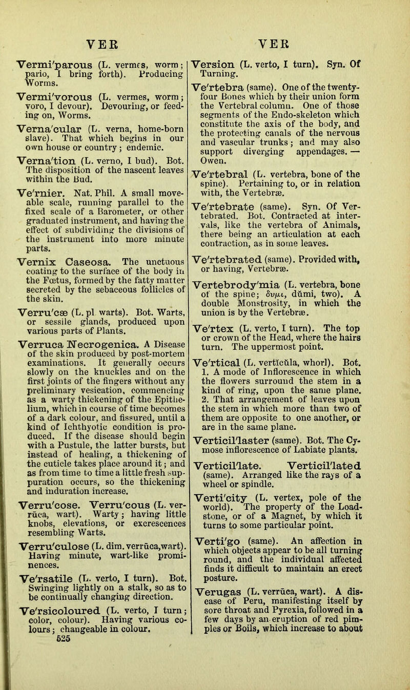 Vermi'parous (L. vermes, worm; pario, I bring forth). Producing Worms. Vermi'vorous (L. vermes, worm; voro, I devour). Devouring, or feed- ing on, Worms. Verna'cular (L. verna, home-born slave). That which begins in our own house or country; endemic. Verna'tion (L. verno, I bud). Bot. The disposition of the nascent leaves within the Bud. Ve'rnier. Nat. Phil. A small move- able scale, running parallel to the fixed scale of a Barometer, or other graduated instrument, and having the effect of subdividing the divisions of the instrument into more minute parts. Vernix Caseosa. The unctuous coating to the surface of the body in the Foetus, formed by the fatty matter secreted by the sebaceous follicles of the skin. Verru'cae (L. pi warts). Bot. Warts, or sessile glands, produced upon various parts of Plants. Verruca Necrogenica. A Disease of the skin produced by post-mortem examinations. It generally occurs slowly on the knuckles and on the first joints of the fingers without any preliminary vesication, commencing as a warty thickening of the Epithe- lium, which in course of time becomes of a dark colour, and fissured, until a kind of Ichthyotic condition is pro- duced. If the disease should begin with a Pustule, the latter bursts, but instead of healing, a thickening of the cuticle takes place around it; and as from time to time a little fresh sup- puration occurs, so the thickening and induration increase. Verru'eose. Verru'cous (L. ver- ruca, wart). Warty ; having little knobs, elevations, or excrescences resembling Warts. Verru'culose (L. dim. verruca, wart). Having minute, wart-like promi- nences. Versatile (L. verto, I turn). Bot. Swinging lightly on a stalk, so as to be continually changing direction. Versicoloured (L. verto, I turn; color, colour). Having various co- lours ; changeable in colour. 525 Version (L. verto, I turn). Syn. Of Turning. Ve'rtebra (same). One of the twenty- four Bones which by their union form the Vertebral column. One of those segments of the Endo-skeleton which constitute the axis of the body, and the protecting canals of the nervous and vascular trunks; and may also support diverging appendages. — Owen. Ve'rtebral (L. vertebra, bone of the spine). Pertaining to, or in relation with, the Vertebrae. Ve'rtebrate (same). Syn. Of Ver- tebrated. Bot. Contracted at inter- vals, like the vertebra of Animals, there being an articulation at each contraction, as in some leaves. Ve'rtebrated (same). Provided with, or having. Vertebrae. Vertebrody'mia (L. vertebra, bone of the spine; Sv/xl, dhmi, two). A double Monstrosity, in which the union is by the Vertebrae. Ve'rtex (L. verto, I turn). The top or crown of the Head, where the hairs turn. The uppermost point. Ve'rtical (L. vertlchla, whorl). Bot. 1. A mode of Inflorescence in which the flowers surround the stem in a kind of ring, upon the same plane. 2. That arrangement of leaves upon the stem in which more than two of them are opposite to one another, or are in the same plane. Vertieil'laster (same). Bot. The Cy- mose inflorescence of Labiate plants. Verticil/late. Vertieil'lated (same). Arranged like the rays of a wheel or spindle. Verti'city (L. vertex, pole of the world). The property of the Load- stone, or of a Magnet, by which it turns to some particular point. Verti'go (same). An affection in which objects appear to be all turning round, and the individual affected finds it difficult to maintain an erect posture. Verugas (L. verruca, wart). A dis- ease of Peru, manifesting itself by sore throat and Pyrexia, followed in a few days by an eruption of red pim- ples or Boils, which increase to about