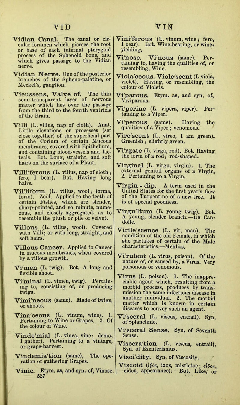 VID VIN Vidian Canal. The canal or cir- cular foramen which pierces the root or base of each internal pterygoid process of the Sphenoid bone, and which gives passage to the Vidian nerve. Vidian Nerve. One of the posterior branches of the Spheno-palatine, or Meckel’s, ganglion. Vieussens, Valve of. The thin semi-transparent layer of nervous matter which lies over the passage from the third to the fourth ventricle of the Brain. Villi (L. villus, nap of cloth). Anat. Little elevations or processes (set close together) of the superficial part of the Corium of certain Mucous membranes, covered with Epithelium, and containing blood-vessels and lac- teals. Bot. Long, straight, and soft hairs on the surface of a Plant. Villi'ferous (L. villus, nap of cloth ; fero, 1 bear). Bot. Having long hairs. Vil'liform (L. villus, wool; forma, form). Zool. Applied to the teeth of certain Fishes, which are slender, sharp-pointed, and so minute, nume- rous, and closely aggregated, as to resemble the plush or pile of velvet. Villous (L. villus, wool). Covered with Villi; or with long, straight, and soft hairs. Villous Cancer. Applied to Cancer in mucous membranes, when covered by a villous growth. Vi'men (L. twig). Bot. A long and flexible shoot. Vi'minal (L. vimen, twig). Pertain- ing to, consisting of, or producing twigs. Vimi'neous (same). Made of twigs, or shoots. Vina'eeous (L. vinum, wine). 1. Pertaining to Wine or Grapes. 2. Of the colour of Wine. Vinde'mial (L. vinea, vine; demo, 1 gather). Pertaining to a vintage, or grape-harvest. Vindemia'tion (same). The ope- ration of gathering Grapes. Vinic. Etym. as, and syn. of, Vinose. 527 Vini'ferous (L. vinum, wine; fero, I bear). Bot. Wine-bearing, or wine* yielding. Vi'nose. Vi'nous (same). Per- taining to, having the qualities of, or resembling, Wine. Viola'ceous. Viole'scent (L.viola, violet). Having, or resembling, the colour of Violets. Vi/parous. Etym. as, and syn. of. Viviparous. Vi'perine (L. vipera, viper). Per- taining to a Viper. Vi'perous (same). Having the qualities of a Viper; venomous. Vire'scent (L. vireo, I am green). Greenish; slightly green. Vi'rgate (L. virga, rod). Bot. Having the form of a rod; rod-shaped. Virginal (L. virgo, virgin). 1. The external genital organs of a Virgin. 2. Pertaining to a Virgin. Virgin - dip. A term used in the United States for the first year’s flow of the Turpentine of a new tree. It is of special goodness. Virgu'ltum (L. young twig). Bot. A young, slender branch.—lie Can- dolle. Virile'scence (L. vir, man). The condition of the old Female, in which she partakes of certain of the Male characteristics.—Mehliss. Vi'rulent (L. virus, poison). Of the nature of, or caused by, a Virus. Very poisonous or venomous. Virus (L. poison). 1. The inappre- ciable agent which, resulting from a morbid process, produces by trans- mission the same infectious disease in another individual. 2. The morbid matter which is known in certain diseases to convey such an agent. Vi'sceral (L. viscus, entrail). Syn. of Splanchnic. Vi'sceral Sense. Syn. of Seventh Sense. Viscera'tion (L. viscus, entrail). Syn. of Exenterismus. Visci'dity. Syn. of Viscosity. Viscoid (t£os, ixos, mistletoe; elSog, eidos, appearance). Bot. Like, or