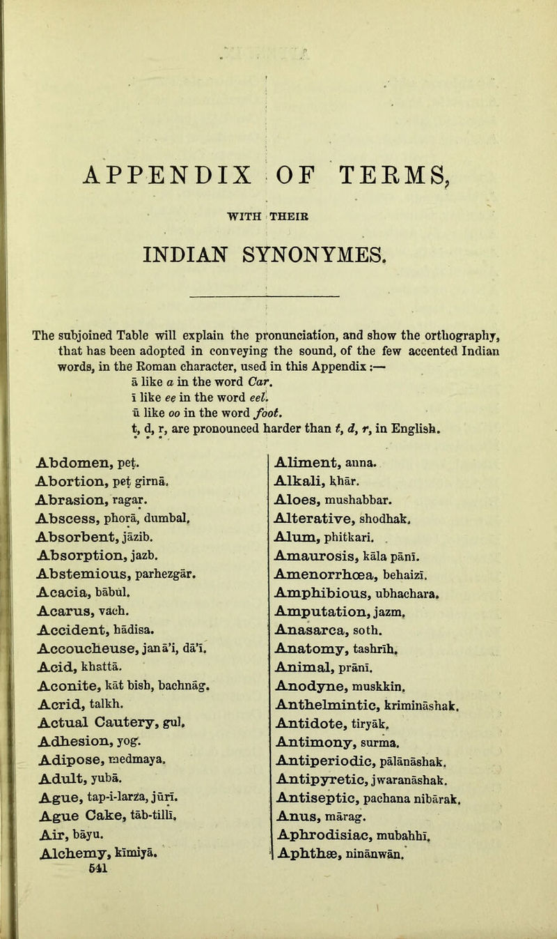 APPENDIX OF TERMS, WITH THEIR INDIAN SYNONYMES. The subjoined Table will explain the pronunciation, and show the orthography, that has been adopted in conveying the sound, of the few accented Indian words, in the Roman character, used in this Appendix:— a like a in the word Car. i like ee in the word eel. u like oo in the word foot. t, d, r, are pronounced harder than t, d, r, in English. Abdomen, pet- Abortion, pet girna. Abrasion, ragar. Abscess, phora, dumbal. Absorbent, jazib. Absorption, jazb. Abstemious, parhezgar. Acacia, babul. Acarus, vaeh. Accident, hadisa. Accoucheuse, jana’i, da’i. Acid, khatta. Aconite, kat bish, bachnag. Acrid, talkh. Actual Cautery, gul. Adhesion, yog. Adipose, medmaya. Adult, yuba. Ague, tap-i-larza, juri. Ague Cake, tab-tilli. Air, bayu. Alchemy, kimiya. 611 Aliment, anna. Alkali, khar. Aloes, mushabbar. Alterative, shodhak. Alum, phitkari. Amaurosis, kala pan!. Amenorrhoea, behaizl. Amphibious, ubhachara. Amputation, jazm. Anasarca, soth. Anatomy, tashrih. Animal, pram. Anodyne, muskkin. Anthelmintic, kriminashak. Antidote, tiryak. Antimony, surma. Antiperiodic, palanashak. Antipyretic, jwaranashak. Antiseptic, pachana nibarak. Anus, marag. Aphrodisiac, mubahhi. Aphthse, ninanwan.