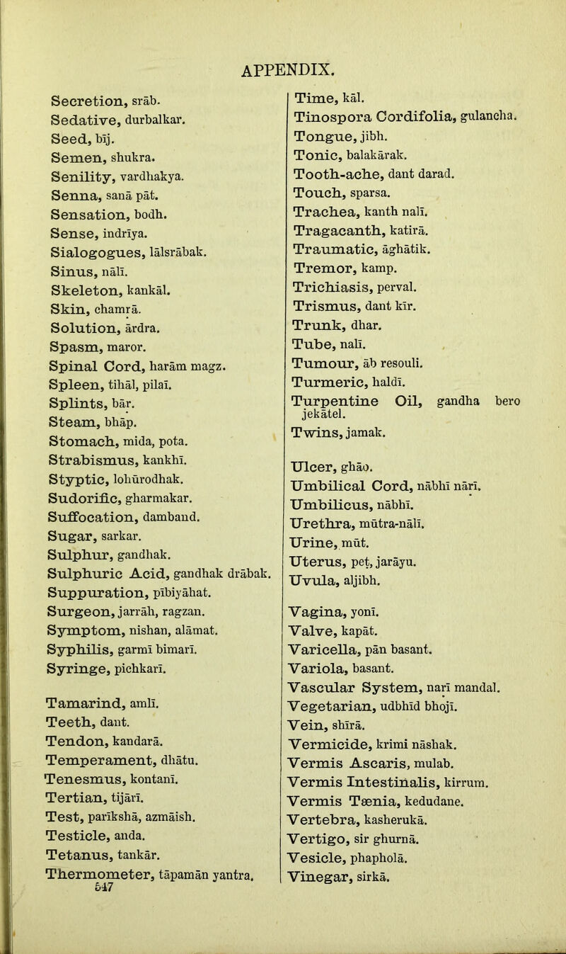 Secretion, srab. Sedative, durbalkar. Seed, bij. Semen, shutra. Senility, vardhakya. Senna, sana pat. Sensation, bodh. Sense, indriya. Sialogogues, lalsrabak. Sinus, nail. Skeleton, kankal. Skin, chamra. Solution, ardra. Spasm, maror. Spinal Cord, haram magz. Spleen, tihal, pilai. Splints, bar. Steam, bhap. Stomach., mida, pota. Strabismus, kankhl. Styptic, lohurodhak. Sudorific, gharmakar. Suffocation, damband. Sugar, sarkar. Sulphur, gandhak. Sulphuric Acid, gandhak drabak. Suppuration, pibiyahat. Surgeon, jarrah, ragzan. Symptom, nishan, alamat. Syphilis, garml bimari. Syringe, pichkari. Tamarind, amli. Teeth, dant. Tendon, kandara. Temperament, dliatu. Tenesmus, kontam. Tertian, tijari. Test, pariksha, azmaish. Testicle, anda. Tetanus, tankar. Thermometer, tapaman yantra. Time, kal. Tinospora Cordifolia, gulancha. Tongue, jibh. Tonic, balakarak. Tooth-ache, dant darad. Touch, sparsa. Trachea, kanth nail. Tragacanth, katira. Traumatic, aghatik. Tremor, kamp. Trichiasis, perval. Trismus, dant kir. Trunk, dhar. Tube, nali. Tumour, ab resouli. Turmeric, haldi. Turpentine Oil, gandha bero jekatel. Twins, jamak. Ulcer, ghao. Umbilical Cord, nabhi nari. Umbilicus, nabhi. Urethra, mutra-nali. Urine, mut. Uterus, pet, jarayu. Uvula, aljibh. Vagina, yoni. Valve, kapat. Varicella, pan basant. Variola, basant. Vascular System, nari mandal. Vegetarian, udbhid bhoji. Vein, shira. Vermicide, krimi nashak. Vermis Ascaris, mulab. Vermis Intestinalis, kirrum. Vermis Taenia, kedudane. Vertebra, kasheruka. Vertigo, sir ghurna. Vesicle, phaphola. Vinegar, sirka.