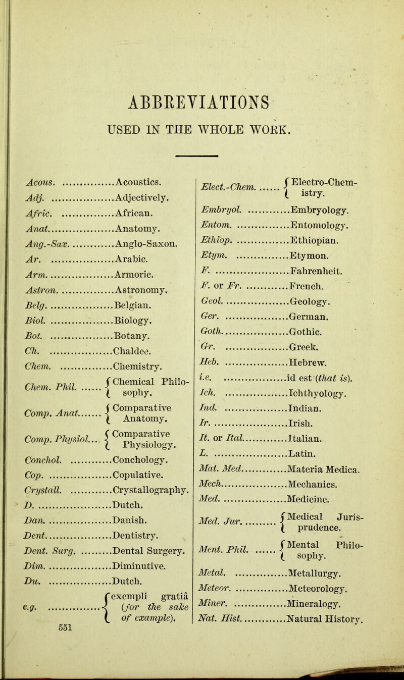 ABBREVIATIONS USED IN THE WHOLE WORK. Acous Adj. Afric Anat Ang.-Sax Ar Arm Astron Belg Biol Bot Ch ....Chaldee. Chem ....Chemistry. Cliem. Phil (Chemical Philo- ( sophy. Comp. Anat (Comparative \ Anatomy. Comp. Physiol.... C Comparative \ Physiology. Conchol Cop Crystall D Dan. Dent Dent. Surg Dim Du e.g f exempli gratia < (for the sake (_ of example). 551 Elect.-Chem.... j Electro-Chem- ( istry. Embryol. Entom Ethiop Etym F. F. or Fr Geol Ger Goth Gr Heb i.e Ich Ind. Ir. It. or Ital L Mat. Med Mech Med Med. Jur (Medical Juris- ( prudence. Ment. Phil (Mental Philo- ( sophy. Metal Meteor Miner Nat. Hist