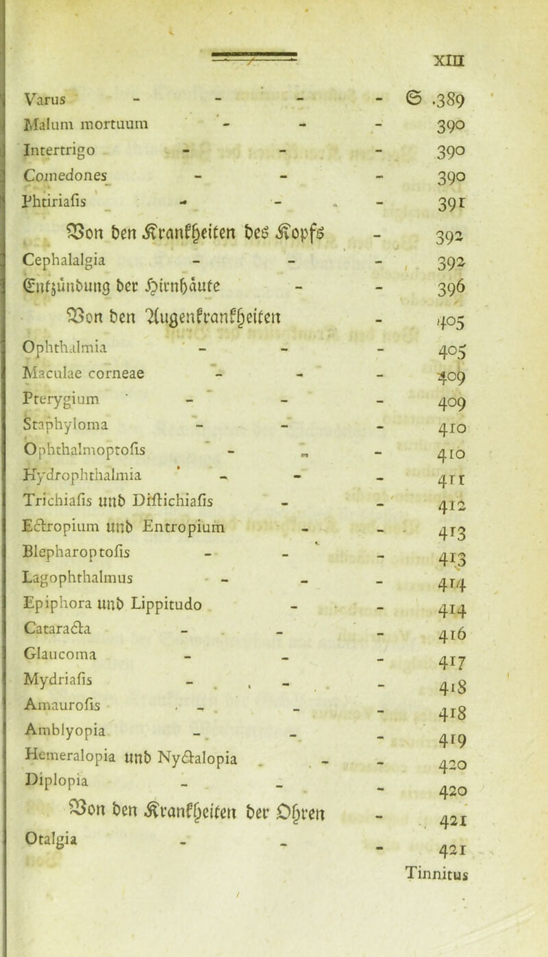 Varus _ - _ - 0 .389 Malum mortiiura - 390 Intertrigo - - - 390 Coivedones_ - 390 Phtiriafis _ - - . - 39t .. ben ^ranf^eiten bcö ivopfö - 392 T • 1 Cephalalgia - , . 392 ^nfjünbmtg bet /;>irnbaufe - 39Ö ^on ben '^(ugen^’arifbeitm > ti - 405 Ophthalmia ' - - 405 Maculae corneae - 409 Pterygium ’ - - 409 Staphyloma - 410 bphthalmoptofis * - “ - 410 Kydrophthalmia - 4TT Trichiafis unb DHlichiafis / 412 Eclropium unb Entropium - 4T3 Blepharoptofis - - - 41,3 Lagophthalmus - - - 414 Epiphora unb Lippitudo - 414 Cataradla - 416 Glaucoma — 417 Mydriafis - _ , « - 41S Amaurofis . - . - 418 Aniblyopia ■> 419 Hemeralopia unb Ny6Ialopia — 420 Diplopia _ I - 420 ^on ben ^tanf§ei(eii bet D^teti - 421 Otalgia - 421 - Tinnitus