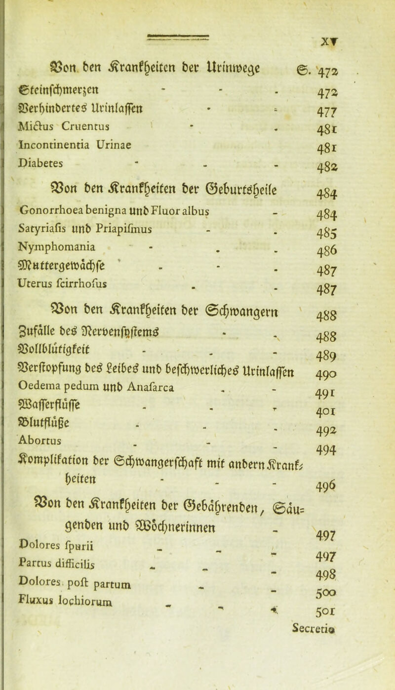 N XT ^cti. ben ^ranf^citcn bcu Urmtue^c €fcinfd)mcrjcn S5erbinbcrt€ö Un'nlaffcjt MidVus Cruentus ' \ Incontinentia ürinae Diabetes ^on ben itranf^etfen bctr ©eburtö^eile Gonorrhoea benigna unb Fluor albus Satyriafis unb Priapiünus Nymphomania sDittttercjetbocbre ’ - Uterus fcirrhofus ^on bcn ^ranf^cKcn bcr 0($n)ang€m Sufdlle be^ 9^erbenfQf?cm^ ^oUblütiQkit S5er(?opfung be^ 2tiheß unb bcfd&wcrlicbe^ Un'nlulTeit Oedema pedum unb Anafarca 5öafferf!u(fe S2>Iutf!u0c Abortus Äomplifatton ber 6d^tt)an(ierfd^aft mi( onbernivrnnf;? ©. ‘47a 47a 477 48 t 481 48a 484 484 485 486 487 487 488 488 489 490 491 401 49a 494 betten 496 bcn ^ranfbciccn ber ©ebdbrenben, 0du= gcnbcn unb ^ßocbncrinncn Dolores fpurii _ 497 Partus difficilis 497 Dolores i poft partum 498 Fluxus lochiorum 500 •* 501 Secredo