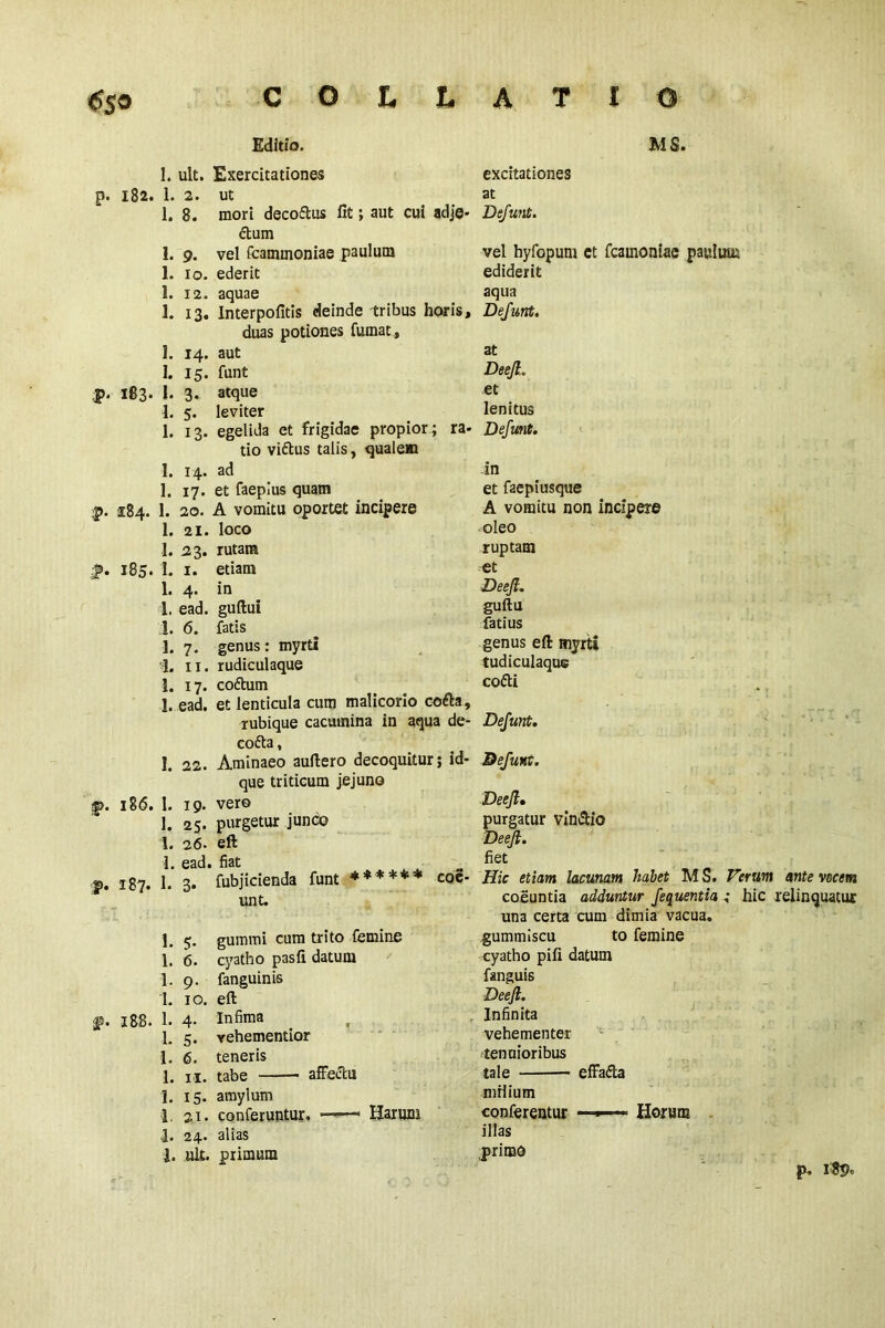 €S° p. 182. 18 3- £• 184. i>. 185. f>. 186. f>. 187* f. 188. C O h L A T I Editio. I. ult. Exercitationes 1. 2. ut 1. 8. raori deco&us fit; aut cui adje- ctum 1. 9. vel fcaminoniae paulum 1. io. ederit 1. 12. aquae 1. 13. Interpofitis deinde tribus horis, duas potiones fumat , 1. 14. aut 1. 15. funt 1. 3. atque 1. 5. leviter 1. 13. egelida et frigidae propior ; ra- tio viftus talis, qualem 1. 14. ad 1. 17. et faepius quam 1. 20. A vomitu oportet incipere 1. 21. loco 1. 23. rutam 1. 1. etiam 1. 4. in 1. ead. guftui I. 6. fatis 1. 7. genus : myrti 1. 11. rudiculaque 1. 17. coftum 1. ead. et lenticula cum malicorio cofta, rubique cacumina in aqua de- cofta, 1. 22. Aminaeo auftero decoquitur; id- que triticum jejuno 1. 19. vero 1. 25. purgetur junco L 26. eft 1. ead. fiat 1. 3. fubjicienda funt ****** coe- unt. 1. 5. gumini cum trito femine 1. 6. cyatho pasfi datum 1. 9. fanguinis 1. 10. eft 1. 4. Infima 1. 5. yehementior 1. 6. teneris 1. 11. tabe affectu 1. 15. amylum 1. 3.1. conferuntur. —-* Harum 1. 24. alias i. ult. primum MS. excitationes at Defunt. vel hyfopum et fcamoniae paulum ediderit aqua Defunt. at Deefl„ et lenitus Defunt. in et faepiusque A vomitu non incipere oleo ruptam et Deejl. guftu fatius genus eft myrti tudiculaque co&i Defunt. Defunt. Deejl. purgatur vin&io Deejl. fiet Hic etiam lacunam habet M S. Verum ante vocem coeuntia adduntur fequentia ; hic relinquatur una certa cum dimia vacua, gummiscu to femine cyatho pifi datum fanguis Deejl. Infinita vehementer tenuioribus tale effafta mHium conferentur —Horum illas primo p. 189«