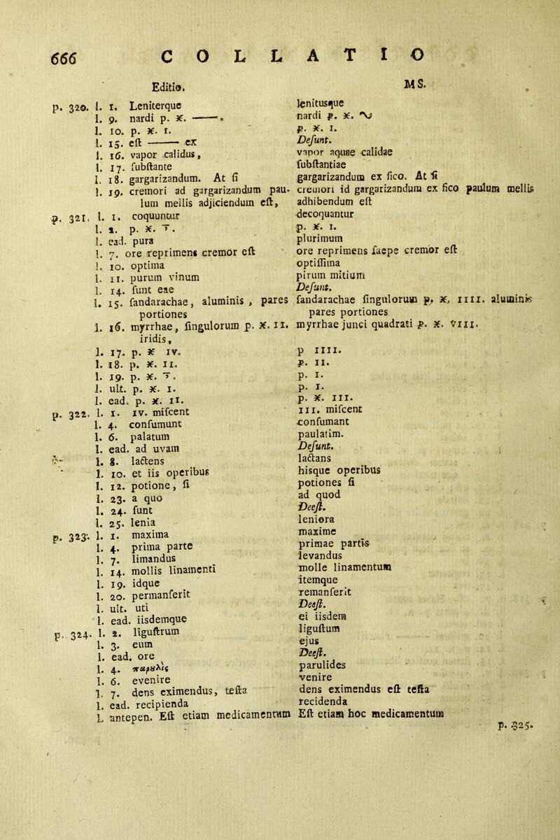 MS. Editio. p. 320. 1. t. Leniterque 1. 9. nardi p. X. ——. 1. 10. p. x. 1. 1. 15. Cft ex 1. 16. vapor calidus, 1. 17. fubftante 1. 18. gargarizandum. At ft 1. 19. cremori ad gargarizandum pau- lum mellis adjiciendum eft, p. 321. 1. i. coquuntur 1. t. p. x. T. 1. ead. pura 1. 7. ore reprimens cremor eft I. 10. optima 1. 11. purum vinum 1. 14. funt eae 1. 15. fandarachae, aluminis , pares portiones 1. 16. myrrhae, Ungulorum p. iridis, 1. 17. p. x IV. 1. 18. p. x. II. 1. 19. p. x. ~. 1. ult. p. x. 1. I. ead. p. x. H. p. 322. 1. 1. iv. mifcent 1. 4. confumunt 1. <5. palatum 1. ead. ad uvam *; 1. g. laftens 1. 10. et iis operibus I. 12. potione, ft 1. 23- a qu0 1. 24. funt 1. 25. lenia p. 323; 1. 1. maxima 1. 4. prima parte 1. 7. limandus 1. 14. mollis linamenti 1. 19. idque 1. 20. permanferit 1. ult. uti i. ead. iisdemque p. 324. 1. 2. liguftrum 1. 3. eum 1. ead. ore 1. 4. irstpa^n 1. 6. evenire 1. 7. dens eximendus, tefta 1. ead. recipienda L antepen. Eft etiam medicamentum lenitusque nardi p. x. p. x. 1. Defunt. vapor aquae calidae fubftantiae gargarizandum ex fico. At ft cremori id gargarizandum ex fico paulum mellis adhibendum eft decoquantur •p. x. 1. plurimum ore reprimens faepe cremor eft optiffiina pirum mitium Defunt. fandarachae ftnguloruio p, x, mi. aluiaink pares portiones . myrrhae junci quadrati p. X. tfui. p IIII. p. 11. p. 1. p. 1. p. x. III. in. mifcent ■confumant paulatim. Defunt. laftans hisque operibus potiones fi ad quod Deejft. leniora maxime primae partis levandus molle linamentum itemque reman fer it Deeft. ei iisdem liguftum ejus Deeft. parulides venire dens eximendus eft tefta recidenda Eft etiam hoc medicamentum P- 325*