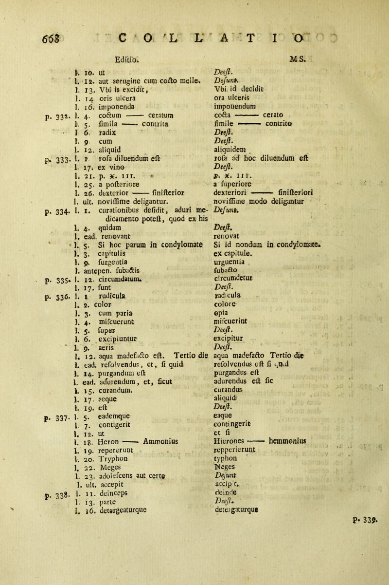 Editio, MS. \. io. ut 1. 12, aut aerugine cum co&o melle. 1. 13. Vbi is excidit, 1. 14 oris ulcera 1. 16. imponenda p. 332. 1. 4. coftum ceratum I. 5. firnila contrita 16, radix 1. 9. cum 1. 12. aliquid p. 333. 1. 1 rofa diluendum eft i. 17. ex vino 1. 21. p. x. 1 IT. 1. 25. a pofteriore 1. 26. dexterior finifterior 1. ult. novifllme deligantur, p. 334. 1. 1. curationibus defidit, aduri me- dicamento poteft, quod ex his l. 4. quidam 1. ead. renovant 1. 5. Si hoc parum in condylomate 1. 3. capitulis 1. 9» fungentia 1. antepen. fubaftis p. 335« 1. 12. circumdatum. 1. 17, funt p. 336. 1. i rudicula 1. 2. color 1. 3. cum paria ]. 4. mifcuerunt 1. 5, fuper 1. 6. excipiuntur 1. 9. aeris 1. 12. aqua madefa&o eft. Tertio die 1. ead. refolvendus, et, fl quid 1. 14. purgandum eft 1. ead. adurendum, et, ficut 1. 15. curandum. 1. 17. aeque 1. 19. eft p. 337- 1- 5- eademque 1. 7. contigerit 1. 12. ut 1. 18. Heron Ammonius 1. 19. repererunt 1. 20. Tryphon 1. 22. Meges 1. 23. adokfcens aut certe 1. ult, accepit u. oog. 1. ii. deinceps 1, 13. parte 1. 16. detergeaturque Deeft. Defun». Vbi id decidit ora ulceris imponendum cofta cerato fimile - ■■ contrito Dtejl. Deeft. aliquidem rofa ad hoc diluendum eft Deeft. f. x. 111. a fuperiore dexteriori - finifteriori novifllme modo deligantur Deftunt. Deeft. renovat Si id nondum in condylomate. ex capitule. urguentia fubafto circumdetur Deeft. radicula. colore opia mifcuerint Deeft. excipitur Deeft. aqua madefafto Tertio die refolvendus eft ii purgandus eft adurendus eft fic curandus aliquid Deeft. eaque contingent et fi Hierones hemmonius repperierunt typhon Neges DeJ'unt accip't. deinde Deeft. deteigaturque