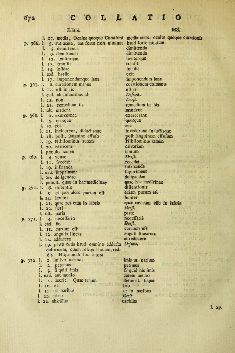 COLLATIO p. 3<56. P- 3*57- p. 3<58. P- 3<59- fr- 370. 1 b 37h 1 1 1 I b 37a* J 1 1 1 1 1 l 1. Editio. . MS. I. 17. media, Oculus quoque Curationi media aetas, oculus quoque curationii 1 5. aut acuta, aut forte non nimium haud forte nimium 1. 5. demittenda dimittenda 1. 9. demittenda dimittenda 1. 12. leniterque leviterquc 1. 13. tranfiit tranfit 1. 14. infidat incidit 1. ead, haefit exit 1. 17. imponendumque lana imponendum lana i. 6. curationem manus curationem ex mana 1. 12. eft in iis eft is 1. ead. ab infantibus id Dejunt,. L 14. non. Deeji. 1. 21. remedium iis remedium in his 1. ult. madent. mandent 1. 2. exerceant; exercerant 1. 5. quasque ■quotque 1. 10. eos eas l. n. inciderent, diductisque inccderunt induftisque 1. 18. poft, fanguine effufo • port fanguinem effufum i. 19.. Nihilominus autem Nihilominus tamen 1. 20. verticem calvariam 1. penult, tamen tantum I. 4. venae Deeji. 1. 11. fecedat recedat 1. 19. infrianda infricanda i. ead. fupprimant fuppriment I, 20. deligendae deligandae I. penult, quae in bac medicinae quae hac medicinae l. 6. diftentio diftentionis i. 9. et jam ulcus purum eft eciam purum ell I. 14. leviter leniter |. 21. quae res cum in labris quae res cum effe in labris i. 22. fieri Deeji. . ult. paria parte .. 4. necefiario neceiTarii . ead. fit. Deeji. 1. 11. curtum eft curatum eft i. 12. angulis lineas anguli linearum . 14. adducere adreducere . 19. parte cutis haud omnino addu&a Dejunt. deformem, quem reliquit locum, red- dit. Hujusmodi loci alcera . i. imifve narium imis ut nari una . 2. petemus petimus . 3. fi quid imis fi quid his imis . ead. aut medio autem medio . 4. deerit. Quae tamen defuerit, idque . 10. ea hae . 11. uti naribus ut in naribus 20« etiam Deeji. 22. abfciUus excilTus