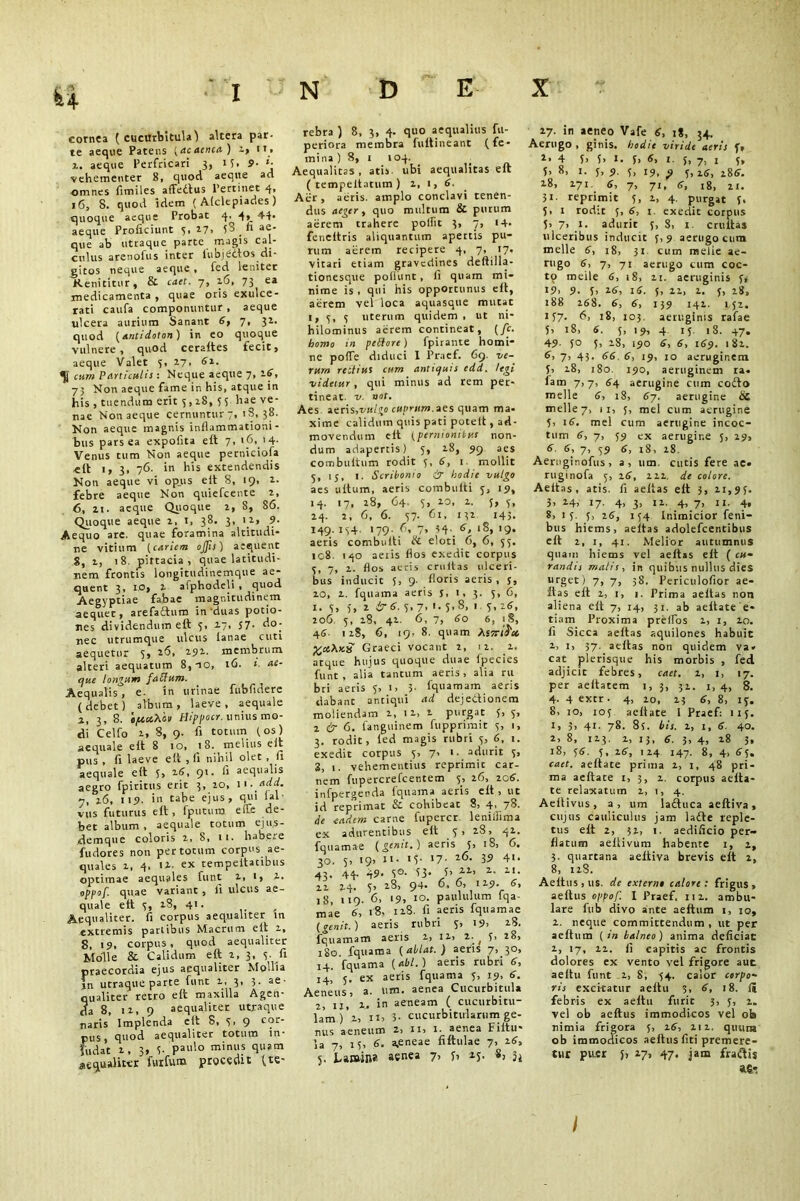 cornea (cucurbitula') altera par- te aeque Patens [acacnca) 2, •*_. x. aeque Perfricari 3, 15. 9• *• vehementer 8, quod aeque ad omnes fimiles afFedtus Pertinet 4, 16, S. quod idem ( Alclepiades ) quoque aeque Probat 4* 4i. 44- aeque Proficiunt 3,27» fi ae- que ab utraque parte magis cal- culus arenofus inter lubjeaos di- gitos neque aeque * fed leniter Renititur, & caet. 7, 2.6, 73 ea medicamenta , quae oris exulce- rati caufa componuntur , aeque ulcera aurium Sanant 5, 7, 31. quod (antidoton) in eo quoque vulnere, quod ceraltes fecit, aeque Valet 5, 27. 5x. cum Particulis : Neque aeque 7, 15, 73 Non aeque fame in his, atque in his , tuendum erit 3,28, 5 5 hae ve- nae Nonaeque cernuntur?, 13, 38. Non aeque magnis inflammationi- bus pars ea expofita eft 7, <6,.14. Venus tum Non aeque perniciofa «it 1, 3, 76. in his extendendis Non aeque vi opus elt 8, 19, 2. febre aeque Non quiefcente 2, 6, 21. aeque Quoque 2, S, 86. Quoque aeque 2, 1, 38. 3, 12, 9. Aequo are. quae foramina altitudi- ne vitium [cariem offis) aequent 8, i, 18. pittacia, quae latitudi- nem frontis longitudinemque ae- quent 3, io, 2 afphodeli , quod Aegyptiae fabae magnitudinem aequet, arefadtum in‘duas potio- nes dividendum elt 5, 17, S7- d°; nec utrumque ulcus lanae cuti aequetur 5, 26, 292. membrum alteri aequatum 8, no, 16. i. ae- que longum fa Ulum. Aequalis, e. in urinae fublidere (debet) album, laeve, aequale 2, 3, 8. 0/u.ctX'ov tUppocr. unius mo- di Celfo 2, 8, 9. fi totum (os) aequale elt 8 10, 18. melius elt pus , fi laeve elt , fi nihil olet, fi aequale elt 3, 15, 91. fi aequalis aegro fpiritus erit 3, 20, 11. add. 7, 26, 119. in tabe ejus, qui lal- vus futurus elt , fputum elfe de- bet album, aequale totum eju.s- demque coloris 2, 8, 11. habere fudores non per totum corpus ae- quales 2, 4, 12. ex tempeitacibus optimae aequales funt 2, 1, 2. oppof. quae variant, fi ulcus ae- quale ett 3, 28, 41. Aequaliter, fi corpus aequaliter in extremis pari ibus Macrum elt 2, 8, 19, corpus, quod aequaliter Molle & Calidum elt 2, 3, 3. fi praecordia ejus aequaliter Mollia fn utraque parte funt 2, 3, 3. ae- qualiter retro elt maxilla Agen- da 8, 12, 9 aequaliter utraque naris Implenda elt 8, 5, 9 cor- pus, quod aequaliter totum in- fudat 2, 3, 3- paulo minus quam aequaliter fui fu na procedit (te- rebra ) 8, 3, 4. quo aequalius fu- periora membra fultineant (fe- mina) 8, i 104. . t Aequalitas, atis ubi aequalitas elt ( tempeitatum ) 2, 1, 5. Ai*r , acris, amplo conclavi tenen- dus aeger, quo multum & putum aerem trahere polfit 3, 7, 14- feneltris aliquantum apettis pu- rum aerem recipere 4, 7, 17. vitari etiam gravedines deftilla- tionesque poliunt, fi quam mi- nime is , qui his opportunus elt, aerem vel loca aquasque mutat 1, 3, 3 uterum quidem, ut ni- hilominus aerem contineat, (fc. homo in peOlore) fpirante homi- ne pofle diduci I Praef. 69. ve- rum reitius cum antiquis edd. legi videtur, qui minus ad rem per- tineat. v. not. Aes leris.vulgo cuprum, aes quam ma- xime calidum quis pati potelt, ad- movendum elt (pernionitus non- dum adapertis)_ 5, 28, 99 aes combultum rodit 3, 5, 1. mollit 5, 15, 1. Scribonio & hodie vulgo aes ultum, aeris combulti 3, 19, 14. 17, 28, 64. 3, 20, 2. 3, 3, 24. 2, 6, 6. 37. 61, 132 145- 149. 1 s4 '79- /’> 7> 6> l8> '9* aeris combulti Si eloti 6, 6, 55. 108. 140 aeris flos exedit corpus 3, 7, 2. flos acris crultas ulceri- bus inducit 3, 9- floris aeris, s, 10, 2. fqtiama aeris S, 1, 3. 3, 6, 1. 3, 3, 2 &6. 3, 7, '■ 3-8, 1 3- ‘-6> 206, 3, 28, 42. 6, 7, 60 6, 18, 45- 128, 6, 19, 8. quam MrriS'ec Xoi\k}s Graeci vocant 2, 12. 2. atque hujus quoque duae Ipecies funt, alia tantum aeris, alia ru bri aeris 5, 1, 3- fquamam aeris dabant antiqui ad dejectionem moliendam 2, 12, 1 purgat 3, 3, x ir G. fanguinem fupprimit 3, 1, 3. rodit, led magis rubri 3, 6, 1. exedit corpus 3> 7’ '• adurit 3, 3, 1. vehementius reprimit car- nem fupercrefcentem 5, 26, 2g5. infpergenda fquama aeris elt, ut id reprimat Sc cohibeat 8, 4< 78* de eadem carne fupercr leniilima ex adurentibus elt 3 > 28» 42. fquamae (genit.) aeris 5> ‘8, 6. 30. 5, 191 ii- 15- 17- 26. 39 4i. 43- 44- 49- 3°- 53- 5. 22, 2. 21. 12 24. 5> 28, 94. 6, 6, .29 6, 18, 119- 6, 19, 10. paululum lqa- mae 5, 18. 128. fi aeris fquamae (genit.) aeris rubri 3, i9> 28. fquamam aeris 2, 12, 2. ^ 3» 28, 180. fquama (ablat.) aeris 7, 30, 14. fquama (abi.) aeris rubri 6, 14, 5. ex aeris fquama 3, 19, 5. Aeneus, a. iiffl. aenea Cucurbitula 2, ii, 2, in aeneam ( cucurbitu- lam ) 'i, 11, 3- cucurbitularum ge- nus aeneum 2, 11, 1. aenea Filtu* >a 7, 15, 6. a,eneae filtulae 7, 25, 5. Laisiiw aenea 7> h 3i 17. in aeneo Vafe 5, i*, 54. Aerugo , ginis. hodie viride aeris f, 2. 4 5> 5> i- 5, 6, i. 5, 7, 1 3, S’ 8> i- 5» 9- 5> 19, ^ 5, 25, 285. 28, 171. 5, 7, 71, 5, 18, 21. 31- reprimit 3, 1, 4. purgat f. 5, 1 rodit 3, 5, 1. exedit corpus 5> 7, 1. adurit 3, 8, 1 crultas ulceribus inducit 3,9 aerugo cum meile 5, 18, 31 cum melie ae- rugo 5, 7, 71 aerugo cum coc- to meile 6, 18, 21. aeruginis 3, 19, 9. 5> 25, 15. 5, 12, 2. f, 28, 188 268. 6, 5, 139 142. 1,52, 157. 6, 18, 103. aeruginis rafae 5, 18, 5. 3, 19, 4 13. 18. 47. 49- 5° 5, 28, 190 5, 6, 159. 181. 6, 7, 43. 55. 6, 19, 10 aeruginem 3, 18, 180. 190, aeruginem ra. lain 7,7, 54 aerugine cum codlo meile 6, 18, 67. aerugine Si meile 7, 11, 5, mei cum aerugine 5, 16. mei cum aerugine incoc- tum 6, 7, 39 ex aerugine 5, 29, 6 <>> 7, 39 6, 18, 18 Aernginofus, a, um. cutis fere ac» ruginofa 3, 16, 222. de colore. Aeitas, atis. fi aeltas elt 3, 21,93. 3, 24, 17. 4, 3, 11. 4, 7, ii. 4, 8> 13. 3, 26, 134 Inimicior feni- bus hiems, aeltas adolefcentibus elt 2, 1, 41. Melior autumnus quam hiems vel aeltas elt ( cu- randis matis, in quibus nullus dies urget) 7, 7, 38. Periculofior ae- ltas elt 2, 1, 1. Prima aeltas non aliena elt 7, 14, 31. ab aeltate e* tiam Proxima prelfos 2, i, 20. fi Sicca aeltas aquilones habuit 1, 1, 37. aeltas non quidem va* cat plerisque his morbis , fed adjicit febres, caet. 1, 1, 17. per aeltatem 1, 3, 32. 1,4, 8. 4. 4 extr • 4, 20, 23 6, 8, 13. 8, 10, 103 aeltate I Praef: 113. 1, 3, 41. 78. 85. bis. 1, 1, 6. 40. 2, 8, 113. 2, 13, 6. 3, 4, 28 3, 18, 36. 3, 16, 124 147. 8, 4, 53. caet. aeltate prima 2, 1, 48 pri- ma aeltate 1, 3, 2. corpus aelta- te relaxatum 2, 1, 4. Aeltivus, a, um ladtuca aeltiva, cujus cauliculus jam ladle reple- tus elt 2, 32, 1. aedificio per- flatum aeltivum habente 1, 2, 3, quartana aeltiva brevis elt 2, 8, 128. Aeitus,us. de externe calore: frigus, aeltus oppof. I Praef, 112. ambu- lare fub divo ante aeftum 1, 10, 2. neque committendum , ut per aeltum (in balneo) anima deficiat 2, 17, 21. Ii capitis ac frontis dolores ex vento vel frigore aut aeltu funt 2, S, 34. calor corpo- ris excitatur aeltu 3, 6, 18. Ii febris ex aeltu furit 3, 3, 2» vel ob aeltus immodicos vel ob nimia frigora 3, 25, 212. quum ob immodicos aeltus fiti premere- tur pu.tr J, 27, 47. jam fradtis /