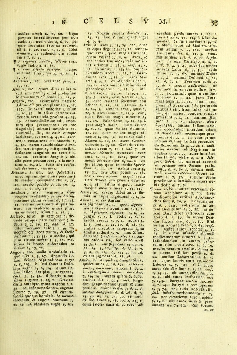 andire coepit 6, 7, 69. isque propter imbecillitatem jam non audit ant non videt 2, 6, to. per quae foramina facultas audiendi eft s. i, 29. tonf. 7, g, g. folet evenire, ut audiendi ufu careat auris 7, g, 2. ^ i. cogntfce audita, IcElione caet. vulgo audio 4, 4, 17. *. en») asfenfu percipio. neque audiendi funt, qui 2, 14, 20. t, 2, z«. Avellana , ae. avellanae plur. 3, 27. Avello , ere. quum aliter tutius a- velli non posiit, quod ptolapfum & emortuum eft omenti 7, 21, 9. Averto, ere. avertendus materiae Aditus eft per cataplasmata 5, zg, 137. lie avetti materiae Curfum 2, 10, 37. in aliam partem Hu- morem avertendo profunt 4, 15, • xj. commodisfimum eft, Impe- tum ejus (erumpentis ex ore languinis) admota occipitio cu- curbitula, lie, ut cutis quoque incidatur, avertere 4, 4, 82. aver- tenda concurrens eo Materia 7,. 3, to. nemo cucurbitulam dbver- fae parti imponit, nili quum fitfo- fulionem (anguinis eo avertit 2,. ix, 10. aveititur Sanguis , ubi . alia parte prorumpens, alia emit- titur 2, io, 41. hodie dici confue- vit derivare, revellere. Averfus, a, um. opp. Advetftis, v.v. fupinumque eum ( puerum ) £c averfum comprehendit 7, 26, 37. averfo fpecillo s, 28, 59. 7, *2, 15. 7, 27, 3 $- Aviditas , atis. aegrorum alios propter aviditarem primis diebus protinus cibum asfumlisfe 1 Prnef. 54. aut nimio timore aliquis mi- nus, aut aviditate nimia plus, quam debet, asfumit 3, 22, 3. Aufero, ferre, ut ante caput, de- inde reliqua pars auferatur ( in- fantis ) 7, 29, 32. add ib. 3C. calor fomnum aufert 1, 9, n. secesfe eft labet telum, & facile* auferatur 7, y, 33. in morbo, qui plus vilium aufert 3, 4, 27. ma- turius is homo auferendus ex balneo 2, 17, 22. Aiigeo , ere. aufta Ambulatio at- que Efca 1, 3, «7. lippitudo ip- (am deinde Afpritudinem auget i, 4, 1<SJ. is , cui fomnus Dolo- rem auget 2, 6, 24. quum Fe- bris inflet, incipiat, augeatur, caet. 3., y> fi Febris in no- llem augetur 7, 27, 2. Gravitas curfu oranique motu augetur 2,7, 37. ne Inflammationem augeant futurae 7, 19, 37. eft circurn- fpefti quoque hominis , & novare interdum & augere Morbum 3, 9, 19. id- Morbum auget 3, 21, C E L S V 1 y. Noxam augent diuretica 4, 15. ly. hoc Vitium quies auget *> 9> 4- Avis, is aves y, 28, 79. eae, quae in Aqua degunt 2, 18, 21. omnes- que aves, quae magis Currunt, quam volant 2, 30, 6. aves, & eae potius Duriores , minime in- tus vitiantur 2, 28, 4. conf. 4, y, 28. Firmiores 2, lg, 20. omnem Grandem avem 2, 18, 7. Gran- diores aves 2, is, 20. aves Ma- crae 4, 9, 7. ex Majoribus hie 2, 20, 2. aves omnes a Minimis ad phoenicopterum 2, 18. 9. Mi- nutae aves 2, 18, 20. 2, 29, 4 2, 30, 5. aves, quae Natant 2, 29, j. quae Natandi fcientiam non habent 2, 18, 21. Omnis avis 2, 23, 3. Omnes aves , quae 2, 20, 2. aves Omnes 2, 18,9. eae, quae Pedibus magis nituntur 2, 18, 19- Valentiores 2, ig, 19 i. fuae magis alant. quae Volant 2, 30, 6. quae Volaru fidunt 2, 18, 20. quae Volatu magis ni- tuntur 2, 18, 19. exavibus Colla Alaeve 2, 18,32. avem Generis durioris 4, j, 28. Genetis valen- tisfimi avem 2, 1 s, $ coli. 7. in media Maceria numerari aves caet 2, 18, 9 aves, quae ex media Materia funt 2, 20, 2. ex his avibus quae in media Specie funt 2, rg, 19. Asfam avem 4, 19, 12. avis Dari poteft y, 2«, 201 i. caro aviam. neque avem Dari debere nifi generis durioris 4, T» 2*- asfum aliquid, maxi- meque avem Sumere 4, 19, 12. Aura , ae. cavere debet auras flu- minum atque ftagnorum i, 2, 4, Aurata, v.fub Aurum. Auripigmentum , i. quod «gri ni» a Graecis nominatur j, y, 1, v. ’Afrsvi*»» reprimit y, 2, 4. purgat S, 5, I. rodit y, 6,‘ 3. exedit corpus y, 7, 2. adurit y, g, 1 ermfi. y, 22, 10. <5, 14, yi. cruftas ulceribus tanquam igne aduftis inducit y, 9. huic & fan- darachae ( arfenice rubeo ) in om- nia eadem vis, fed validius eft y, y, 1. auripigmenti y,i2, 19. 21. 24. y, 28, 1S9. 6, iy, 3. 4. y. 6, it, 119. 6, 19, 9. ii. is. ex auripigmento s, 18, y*i. Autis, is. aliquid ex emiuentibus, quales aures y, 24, 134 externae aures , auriculae, aurem 8, S, 2. i. cartilaginem auris, auri dat. 7, 29, 19. autem ipfam 6, 7,72. auribus dat. 1, 9, 4. caet. Frigi- dae Languidaeque aures 8c imis partibus lenirer verfae 2, 4, 2. i. meatus auditorius 6, 6, 24. 6, 7, 13. 14 63. 71. 74, 79. gg. c<Mt. ex fue aures 2, 18, 30. 2, 24, 4. cujus lateris auris 6, 7, row ad ejusdem pattls aurem *, fy, 2. auris Ima y, 2S, 114 ». *«*£ lobulus, ex Imis auribus 7, 9,10. a Media aure ad Mediam alte- ram aurem 7, 7, i6g. auribus Purulentis dat. 6, 10, 9. Sum- mis auribus dat. 7, 9, rr i. pin- nae. in aure Cartilago g, 6, j. add. ib. 2. 3. 4. adverfus omnes aurium Cafus 6, 7, 47. auri* I>o!or 2, 7, 47. aurium Dolor 4, 2, 2. aurium DoloreS y, 2y, 16. 6, 7, 3. Foramen auris 6, 7, 6y i. meatus auditorius. ut Foramen in ea aure nullum fit 7, 8, 2. Foramina , quae in auribus- habemus g, 1, 21. juxta Fora- mina auris g, 1, 35. quodfi ma- gn im id Foramen ( in perforatis auribus) eft, ficut folet esfe ira his , qui majora pondera auribus gesferunt 7, g, n. aurium Hu- mor g, r, 42 Hippocr. tttav «Vff‘tvns. aurium Inflammatio- nes doloresque interdum etiam ad dementiam mortemque prae- cipitant 6, 7, 3. in aure prijno rectum & (implex Iter proceden- do flexuofum fit 8, 1, 2g i. audi- torius meatus ad Nigritiem in auribus y, 20, 9. aures imis Par- tibus leniter verfae 2, 4, 2. Hip- pocr. AaCax. fic emortui vermes- in primam auris Pariem prola- buntur 6, 7> 44 *. initium audi- torii meatus exterius. Ulcera au- rium 6, 7, 32. aurium Pfum Toximum a luminibus natura no- is dedit 4, 7, 2» cum verbis : aures externum fo- nura Accipiunt 4, 7, 12. haec medicamenta auribus Accommo- data funt 4, 10, 9. Concusfa au- re 6. 7 extr. collyrium in au- rem Demittitur 4, 7, gg. in au- rem Dari debet cnltoreum cum aceto 4, 7, 89. in aurem Dan- dus fuccus caet. 6, 7, 87. Elui aurem oportet vino 6, 7,63. conf. 74. aufter aures Hebetat 2, i„ 2y. in aurem Infundere aliquod medicamentum oportet 6, 7, 13. Infundendum in aurem cado- reum cum aceto caet. 4, 7, 79. medicamentum crasfius, quam ue in auretn Inftillari posfir 6, 6, 2fi. auribus Laborantibus 6, 7, yi- cujus lateris auris eo modo Laborat 4, 7, 101. fi in febre aures Obtufae funt 2, 8, y6. conf. 1, 14, y. ubi aures Oftendunt 7, $, 9. ubi aures Perforatae funt 7, 8, 9. Purgare aurem oporree 6, 7, 84. Purgari aurem oportet «2 7, 74- ubi auris Repleta eft, fcil. infufo medicamento 6, 7, i'4. per cicatricem aure repleta- 7, 8, 2 uBi aures intra fe ipiae Sonant 4, 7, 82. cui Sonant 8UIC5-.