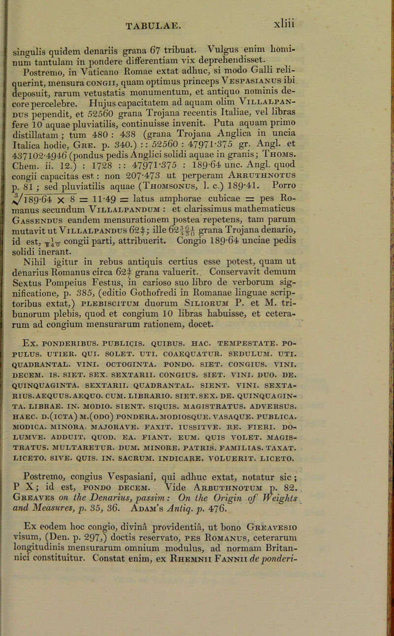 singulis quidem denariis grana 67 tribuat. Vulgus enim homi- num tantulam in pondere differentiam vix deprehendisset. Postremo, in Vaticano Romae extat adhuc, si modo Galli reli- querint, mensura congii, quam optimus princeps Vespasianus ibi deposuit, rarum vetustatis monumentum, et antiquo nominis de- core percelebre. Hujus capacitatem ad aquam olim Villalpan- dus pependit, et 52560 grana Trojana recentis Italiae, vel libras fere 10 aquae pluviatilis, continuisse invenit. Puta aquam primo distillatam ; tum 480 : 438 (grana Trojana Anglica in uncia Italica hodie, Gre. p. 340.) :: 52560 : 47971-375 gr. Angi, et 437102-4946 (pondus pedis Anglici solidi aquae in granis; Thoms. Chem. ii. 12.) : 1728 :: 47971-375 : 189'64 unc. Angi, quod congii capacitas est: non 207*473 ut perperam Ahrdthnotus p. 81 ; sed pluviatilis aquae (Thomsonus, 1. c.) 189-41. Porro 4/l89-64 x 8 = 11-49 = latus amphorae cubicae = pes Ro- manus secundum Villalpandum : et clarissimus mathematicus Gassendus eandem mensurationem postea repetens, tam parum mutavit ut Villalpandus 62^; ille62-||A grana Trojana denario, id est, congii parti, attribuerit. Congio 189’64 unciae pedis solidi inerant. Nihil igitur in rebus antiquis certius esse potest, quam ut denarius Romanus circa 621 grana valuerit.. Conservavit demum Sextus Pompeius Festus, in carioso suo libro de verborum sig- nificatione, p. 385, (editio Gothofredi in Romanae linguae scrip- toribus extat,) plebiscitum duorum Siliorum P. et M. tri- bunorum plebis, quod et congium 10 libras habuisse, et cetera- rum ad congium mensurarum rationem, docet. Ex. PONDERIBUS. PUBLICIS. QUIBUS. HAC. TEMPESTATE. PO- PULUS. UTIER. QUI. SOLET. UTI. COAEQUATUR. SEDULUM. UTI. QUADRANTAL. VINI. OCTOGINTA. PONDO. SIET. CONGIUS. VINI. DECEM. IS. SIET. SEX. SEXTARII. CONGIUS. SIET. VINI. DUO. DE. QUINQUAGINTA. SEXTARII. QUADRANTAL. SIENT. VINI. SEXTA- RIUS. AEQUUS. AEQUO. CUM. LIBRARIO. SIET. SEX. DE. QUINQUAGIN- TA. LIBRAE. IN. MODIO. SIENT. SIQUIS. MAGISTRATUS. ADVERSUS. HAEC. D.(lCTA) M.(ODO) PONDERA. MODIOSQUE. VASAQUE. PUBLICA. MODICA. MINORA, MAJORAVE. FAXIT. IUSSITVE. RE. FIERI. DO- LUMVE. ADDUIT. QUOD. EA. FIANT. EUM. QUIS VOLET. MAGIS- TRATUS. MULTARETUR. DUM. MINORE. PATRIS. FAMILIAS. TAXAT. LICETO. SIVE. QUIS. IN. SACRUM. INDICARE. VOLUERIT. LICETO. Postremo, congius Vespasiani, qui adhuc extat, notatur sic ; P X; id est, pondo decem. Vide Arbuthnotum p. 82. Greaves 011 Ihe Denarius, passivi: On Ilie Origin of Weiglits and Measures, p. 35, 36. Adam’s Aniiq. p. 476. Ex eodem hoc congio, divina providentia, ut bono Greavesio visum, (Den. p. 297;) doctis reservato, pes Romanus, ceterarum longitudinis mensurarum omnium modulus, ad normam Britan- nici constituitur. Constat enim, ex Rhemnii Fannii de ponderi-