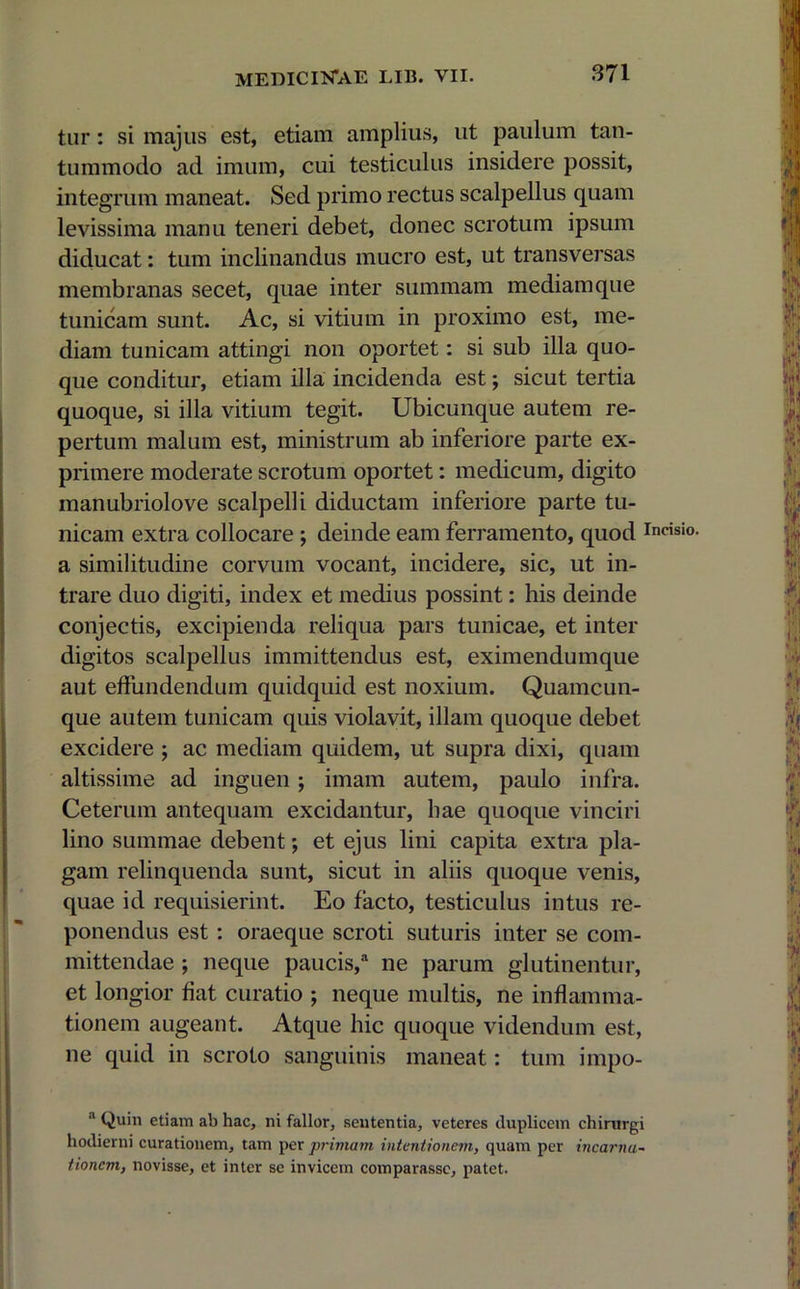 tur: si majus est, etiam amplius, ut paulum tan- tummodo ad imum, cui testiculus insidere possit, integrum maneat. Sed primo rectus scalpellus quam levissima manu teneri debet, donec scrotum ipsum diducat: tum inclinandus mucro est, ut transversas membranas secet, quae inter summam mediam que tunicam sunt. Ac, si vitium in proximo est, me- diam tunicam attingi non oportet: si sub illa quo- que conditur, etiam illa incidenda est; sicut tertia quoque, si illa vitium tegit. Ubicunque autem re- pertum malum est, ministrum ab inferiore parte ex- primere moderate scrotum oportet: medicum, digito manubriolove scalpelli diductam inferiore parte tu- nicam extra collocare ; deinde eam ferramento, quod Incisio- a similitudine corvum vocant, incidere, sic, ut in- trare duo digiti, index et medius possint: his deinde conjectis, excipienda reliqua pars tunicae, et inter digitos scalpellus immittendus est, eximenduinque aut effundendum quidquid est noxium. Quamcun- que autem tunicam quis violavit, illam quoque debet excidere ; ac mediam quidem, ut supra dixi, quam altissime ad inguen j imam autem, paulo infra. Ceterum antequam excidantur, hae quoque vinciri lino summae debent; et ejus lini capita extra pla- gam relinquenda sunt, sicut in aliis quoque venis, quae id requisierint. Eo facto, testiculus intus re- ponendus est : oraeque scroti suturis inter se com- mittendae ; neque paucis,1 ne parum glutinentur, et longior fiat curatio ; neque multis, ne inflamma- tionem augeant. Atque hic quoque videndum est, ne quid in scroto sanguinis maneat: tum impo- a Quin etiam ab hac, ni fallor, sententia, veteres duplicem chirurgi hodierni curationem, tam per primam intentionem, quam per incarna- tionem, novisse, et inter se invicem comparasse, patet.