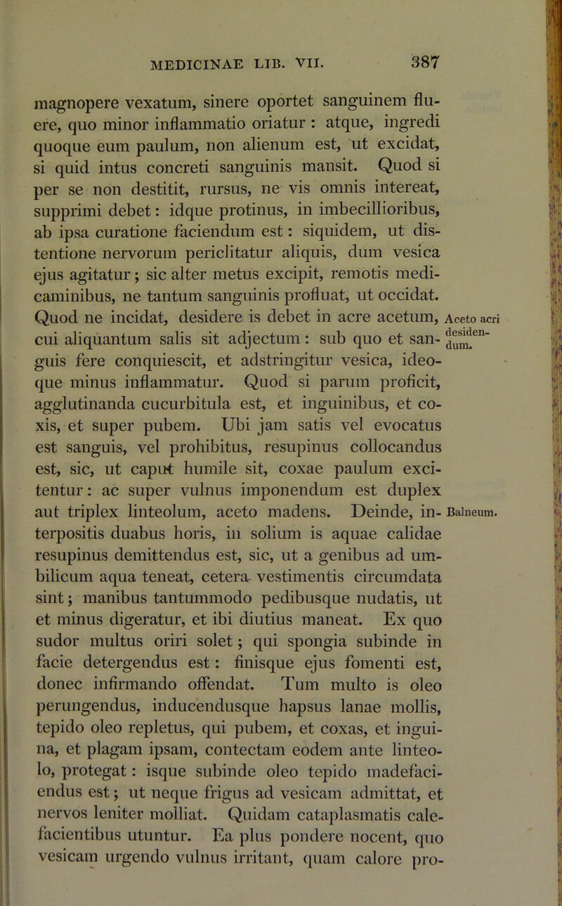 magnopere vexatum, sinere oportet sanguinem flu- ere, quo minor inflammatio oriatur : atque, ingredi quoque eum paulum, non alienum est, ut excidat, si quid intus concreti sanguinis mansit. Quod si per se non destitit, rursus, ne vis omnis intereat, supprimi debet: idque protinus, in imbecillioribus, ab ipsa curatione faciendum est: siquidem, ut dis- tentione nervorum periclitatur aliquis, dum vesica ejus agitatur; sic alter metus excipit, remotis medi- caminibus, ne tantum sanguinis profluat, ut occidat. Quod ne incidat, desidere is debet in acre acetum, Aceto acri cui aliquantum salis sit adjectum: sub quo et san- J^en' guis fere conquiescit, et adstringitur vesica, ideo- que minus inflammatur. Quod si parum proficit, agglutinanda cucurbitula est, et inguinibus, et co- xis, et super pubem. Ubi jam satis vel evocatus est sanguis, vel prohibitus, resupinus collocandus est, sic, ut caput humile sit, coxae paulum exci- tentur : ac super vulnus imponendum est duplex aut triplex linteolum, aceto madens. Deinde, in- Balneum, terpositis duabus horis, in solium is aquae calidae resupinus demittendus est, sic, ut a genibus ad um- bilicum aqua teneat, cetera- vestimentis circumdata sint; manibus tantummodo pedibusque nudatis, ut et minus digeratur, et ibi diutius maneat. Ex quo sudor multus oriri solet; qui spongia subinde in facie detergendus est: finisque ejus fomenti est, donec infirmando offendat. Tum multo is oleo perungendus, inducendusque hapsus lanae mollis, tepido oleo repletus, qui pubem, et coxas, et ingui- na, et plagam ipsam, contectam eodem ante linteo- lo, protegat: isque subinde oleo tepido madefaci- endus est; ut neque frigus ad vesicam admittat, et nervos leniter molliat. Quidam cataplasmatis cale- facientibus utuntur. Ea plus pondere nocent, quo vesicam urgendo vulnus irritant, quam calore pro-