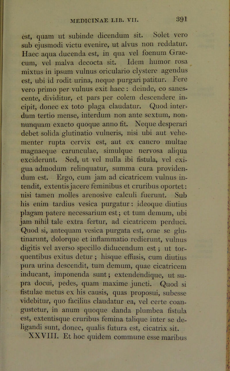 est, quam ut subinde dicendum sit. Solet vero sub ejusmodi victu evenire, ut alvus non reddatur. Haec aqua ducenda est, in qua vel foenum Grae- cum, vel malva decocta sit. Idem humor rosa mixtus in ipsum vulnus oriculario clystere agendus est, ubi id rodit urina, neque purgari patitur. Fere vero primo per vulnus exit haec : deinde, eo sanes- cente, dividitur, et pars per colem descendere in- cipit, donec ex toto plaga claudatur. Quod inter- dum tertio mense, interdum non ante sextum, non- nunquam exacto quoque anno fit. Neque desperari debet solida glutinatio vulneris, nisi ubi aut vehe- menter rupta cervix est, aut ex cancro multae magnaeque carunculae, simulque nervosa aliqua exciderunt. Sed, ut vel nulla ibi fistula, vel exi- gua admodum relinquatur, summa cura providen- dum est. Ergo, cum jam ad cicatricem vulnus in- tendit, extentis jacere feminibus et cruribus oportet: nisi tamen molles arenosive calculi fuerunt. Sub his enim tardius vesica purgatur: ideoque diutius plagam patere necessarium est; et tum demum, ubi jam nihil tale extra fertur, ad cicatricem perduci. Quod si, antequam vesica purgata est, orae se glu- tinarunt, dolorque et inflammatio redierunt, vulnus digitis vel averso specillo diducendum est; ut tor- quentibus exitus detur ; hisque effusis, cum diutius pura urina descendit, tum demum, quae cicatricem inducant, imponenda sunt; extendendique, ut su- pra docui, pedes, quam maxime juncti. Quod si fistulae metus ex his causis, quas proposui, subesse videbitur, quo facilius claudatur ea, vel certe coan- gustetur, in anum quoque danda plumbea fistula est, extentisque cruribus femina talique inter se de- ligandi sunt, donec, qualis futura est, cicatrix sit. XXVIII. Et hoc quidem commune esse maribus