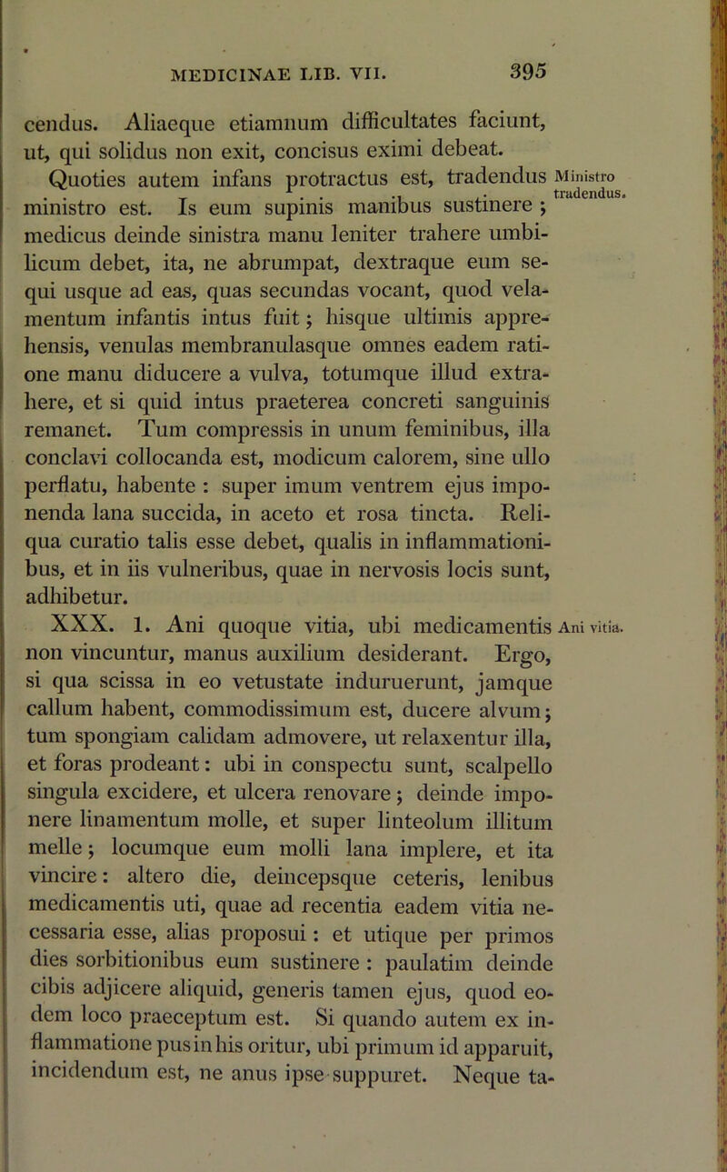 cendus. Aliaeque etiamnum difficultates faciunt, ut, qui solidus non exit, concisus eximi debeat. Quoties autem infans protractus est, tradendus Ministro . . _ 1 . . ,. tradendus. ministro est. Is eum supinis manibus sustinere ; medicus deinde sinistra manu leniter trahere umbi- licum debet, ita, ne abrumpat, dextraque eum se- qui usque ad eas, quas secundas vocant, quod vela- mentum infantis intus fuit; hisque ultimis appre- hensis, venulas membranulasque omnes eadem rati- one manu diducere a vulva, totumque illud extra- here, et si quid intus praeterea concreti sanguinis remanet. Tum compressis in unum feminibus, illa conclavi collocanda est, modicum calorem, sine ullo perflatu, habente : super imum ventrem ejus impo- nenda lana succida, in aceto et rosa tincta. Reli- qua curatio talis esse debet, qualis in inflammationi- bus, et in iis vulneribus, quae in nervosis locis sunt, adhibetur. XXX. 1. Ani quoque vitia, ubi medicamentis Ani vitia, non vincuntur, manus auxilium desiderant. Ergo, si qua scissa in eo vetustate induruerunt, jamque callum habent, commodissimum est, ducere alvum; tum spongiam calidam admovere, ut relaxentur illa, et foras prodeant: ubi in conspectu sunt, scalpello singula excidere, et ulcera renovare ; deinde impo- nere linamentum molle, et super linteolum illitum meile; locumque eum molli lana implere, et ita vincire: altero die, deincepsque ceteris, lenibus medicamentis uti, quae ad recentia eadem vitia ne- cessaria esse, alias proposui: et utique per primos dies sorbitionibus eum sustinere : paulatim deinde cibis adjicere aliquid, generis tamen ejus, quod eo- dem loco praeceptum est. Si quando autem ex in- flammatione pus in his oritur, ubi primum id apparuit, incidendum est, ne anus ipse suppuret. Neque ta-