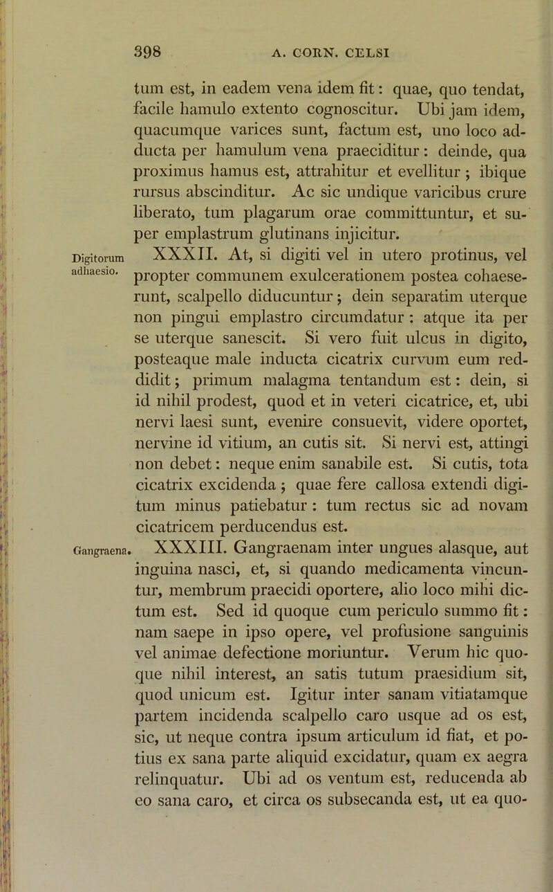 Digitorum adhaesio. Gangraena tum est, in eadem vena idem fit: quae, quo tendat, facile hamulo extento cognoscitur. Ubi jam idem, quacumque varices sunt, factum est, uno loco ad- ducta per hamulum vena praeciditur: deinde, qua proximus hamus est, attrahitur et evellitur ; ibique rursus abscinditur. Ac sic undique varicibus crure liberato, tum plagarum orae committuntur, et su- per emplastrum glutinans injicitur. XXXII. At, si digiti vel in utero protinus, vel propter communem exulcerationem postea cohaese- runt, scalpello diducuntur; dein separatim uterque non pingui emplastro circumdatur : atque ita per se uterque sanescit. Si vero fuit ulcus in digito, posteaque male inducta cicatrix curvum eum red- didit ; primum malagma tentandum est: dein, si id nihil prodest, quod et in veteri cicatrice, et, ubi nervi laesi sunt, evenire consuevit, videre oportet, nervine id vitium, an cutis sit. Si nervi est, attingi non debet: neque enim sanabile est. Si cutis, tota cicatrix excidenda ; quae fere callosa extendi digi- tum minus patiebatur : tum rectus sic ad novam cicatricem perducendus est. XXXIII. Gangraenam inter ungues alasque, aut inguina nasci, et, si quando medicamenta vincun- tur, membrum praecidi oportere, alio loco mihi dic- tum est. Sed id quoque cum periculo summo fit: nam saepe in ipso opere, vel profusione sanguinis vel animae defectione moriuntur. Verum hic quo- que nihil interest, an satis tutum praesidium sit, quod unicum est. Igitur inter sanam vitiatamque partem incidenda scalpello caro usque ad os est, sic, ut neque contra ipsum articulum id fiat, et po- tius ex sana parte aliquid excidatur, quam ex aegra relinquatur. Ubi ad os ventum est, reducenda ab eo sana caro, et circa os subsecanda est, ut ea quo-