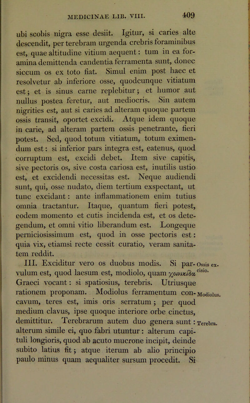 ubi scobis nigra esse desiit. Igitur, si caries alte descendit, per terebram urgenda crebris foraminibus est, quae altitudine vitium aequent: tum in ea for- amina demittenda candentia ferramenta sunt, donec siccum os ex toto fiat. Simul enim post haec et resolvetur ab inferiore osse, quodcunque vitiatum est; et is sinus carne replebitur; et humor aut nullus postea feretur, aut mediocris. Sin autem nigrities est, aut si caries ad alteram quoque partem ossis transit, oportet excidi. Atque idem quoque in carie, ad alteram partem ossis penetrante, fieri potest. Sed, quod totum vitiatum, totum eximen- dum est: si inferior pars integra est, eatenus, quod corruptum est, excidi debet. Item sive capitis, sive pectoris os, sive costa cariosa est, inutilis ustio est, et excidendi necessitas est. Neque audiendi sunt, qui, osse nudato, diem tertium exspectant, ut tunc excidant: ante inflammationem enim tutius omnia tractantur. Itaque, quantum fieri potest, eodem momento et cutis incidenda est, et os dete- gendum, et omni vitio liberandum est. Longeque perniciosissimum est, quod in osse pectoris est: quia vix, etiamsi recte cessit curatio, veram sanita- tem reddit. III. Exciditur vero os duobus modis. Si par-Ossis ex- vulum est, quod laesum est, modiolo, quam yjjmxtia, C1S1°' Graeci vocant: si spatiosius, terebris. Utriusque rationem proponam. Modiolus ferramentum con- Modiolus, cavum, teres est, imis oris serratum; per quod medium clavus, ipse quoque interiore orbe cinctus, demittitur. Terebrarum autem duo genera sunt: Terebra, alterum simile ei, quo fabri utuntur: alterum capi- tuli longioris, quod ab acuto mucrone incipit, deinde subito latius fit; atque iterum ab alio principio paulo minus quam aequaliter sursum procedit. Si