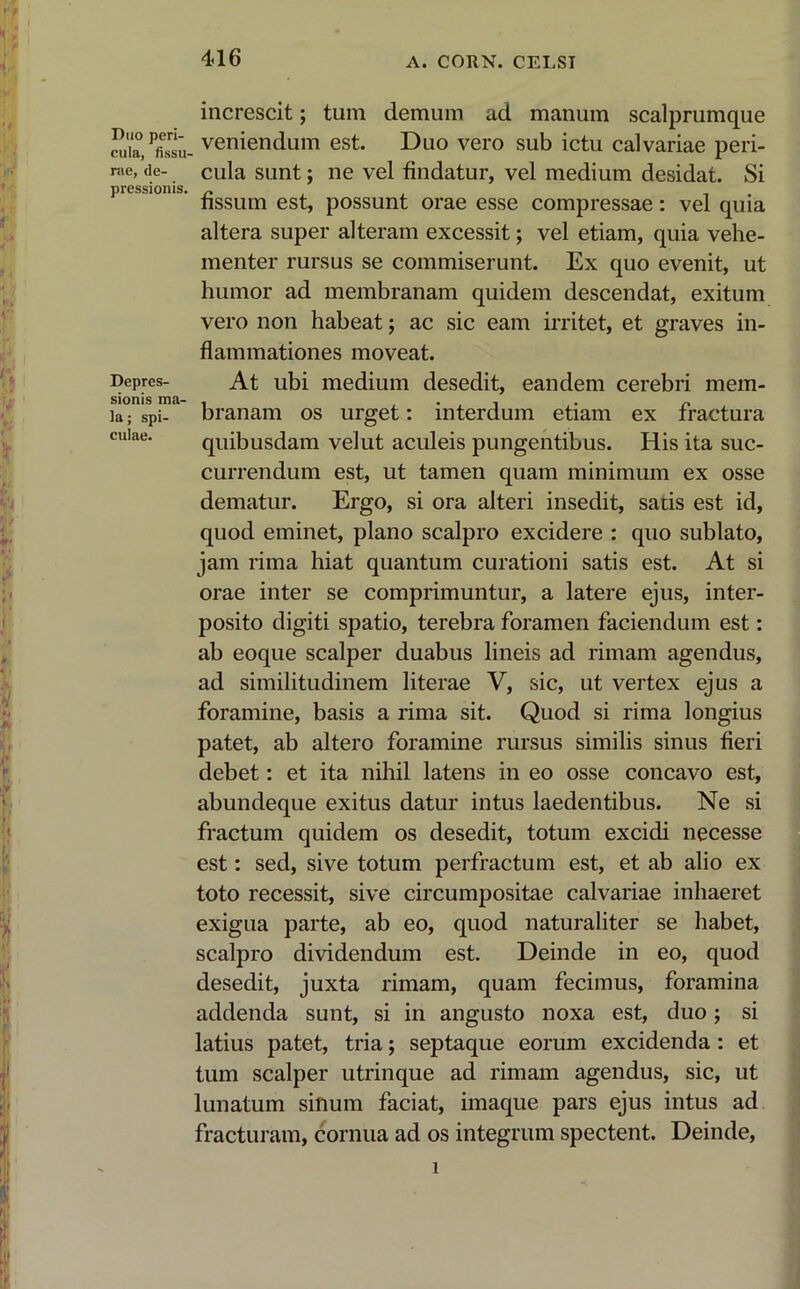 Duo peri- cula, fissu- rae, de- pressionis. Depres- sionis ma- la ; spi- culae. increscit; tum demum ad manum scalprumque veniendum est. Duo vero sub ictu calvariae peri- cula sunt; ne vel findatur, vel medium desidat. Si fissum est, possunt orae esse compressae: vel quia altera super alteram excessit; vel etiam, quia vehe- menter rursus se commiserunt. Ex quo evenit, ut humor ad membranam quidem descendat, exitum vero non habeat; ac sic eam irritet, et graves in- flammationes moveat. At ubi medium desedit, eandem cerebri mem- branam os urget: interdum etiam ex fractura quibusdam velut aculeis pungentibus. His ita suc- currendum est, ut tamen quam minimum ex osse dematur. Ergo, si ora alteri insedit, satis est id, quod eminet, plano scalpro excidere : quo sublato, jam rima hiat quantum curationi satis est. At si orae inter se comprimuntur, a latere ejus, inter- posito digiti spatio, terebra foramen faciendum est: ab eoque scalper duabus lineis ad rimam agendus, ad similitudinem literae V, sic, ut vertex ejus a foramine, basis a rima sit. Quod si rima longius patet, ab altero foramine rursus similis sinus fieri debet: et ita nihil latens in eo osse concavo est, abundeque exitus datur intus laedentibus. Ne si fractum quidem os desedit, totum excidi necesse est: sed, sive totum perfractum est, et ab alio ex toto recessit, sive circumpositae calvariae inhaeret exigua parte, ab eo, quod naturaliter se habet, scalpro dividendum est. Deinde in eo, quod desedit, juxta rimam, quam fecimus, foramina addenda sunt, si in angusto noxa est, duo; si latius patet, tria; septaque eorum excidenda : et tum scalper utrinque ad rimam agendus, sic, ut lunatum sinum faciat, imaque pars ejus intus ad fracturam, cornua ad os integrum spectent. Deinde, i