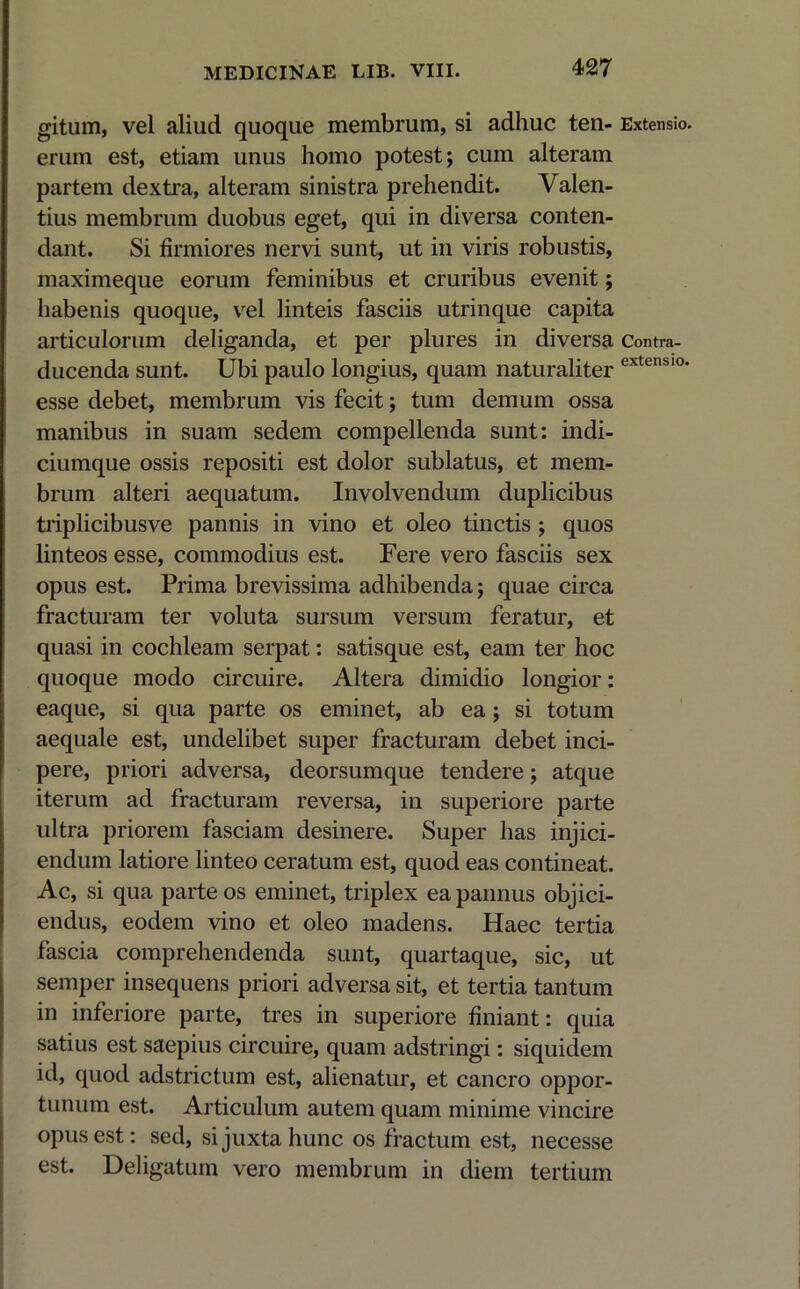 gitum, vel aliud quoque membrum, si adhuc ten- erum est, etiam unus homo potest; cum alteram partem dextra, alteram sinistra prehendit. Valen- tius membrum duobus eget, qui in diversa conten- dant. Si firmiores nervi sunt, ut in viris robustis, maximeque eorum feminibus et cruribus evenit; habenis quoque, vel linteis fasciis utrinque capita articulorum deliganda, et per plures in diversa ducenda sunt. Ubi paulo longius, quam naturaliter esse debet, membrum vis fecit; tum demum ossa manibus in suam sedem compellenda sunt: indi- ciumque ossis repositi est dolor sublatus, et mem- brum alteri aequatum. Involvendum duplicibus triplicibusve pannis in vino et oleo tinctis ; quos linteos esse, commodius est. Fere vero fasciis sex opus est. Prima brevissima adhibenda; quae circa fracturam ter voluta sursum versum feratur, et quasi in cochleam serpat: satisque est, eam ter hoc quoque modo circuire. Altera dimidio longior: eaque, si qua parte os eminet, ab ea; si totum aequale est, undelibet super fracturam debet inci- pere, priori adversa, deorsumque tendere; atque iterum ad fracturam reversa, in superiore parte ultra priorem fasciam desinere. Super has injici- endum latiore linteo ceratum est, quod eas contineat. Ac, si qua parte os eminet, triplex ea pannus objici- endus, eodem vino et oleo madens. Haec tertia fascia comprehendenda sunt, quartaque, sic, ut semper insequens priori adversa sit, et tertia tantum in inferiore parte, tres in superiore finiant: quia satius est saepius circuire, quam adstringi: siquidem id, quod adstrictum est, alienatur, et cancro oppor- tunum est. Articulum autem quam minime vincire opus est: sed, si juxta hunc os fractum est, necesse est. Deligatum vero membrum in diem tertium Extensio. Contra- extensio.
