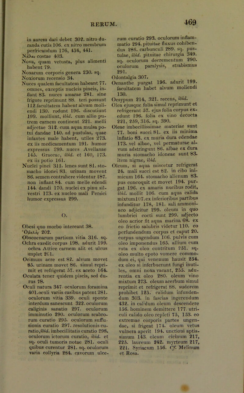 in aurem dari debet 302. nitro du- randa cutis 106. ex nitro membrum perfricandum 176, 4-34, 441. NeS-ai costae 403. Nova, quam vetusta, plus alimenti habent 79. Noxarum corporis genera 230. sq. Noxiorum recensio 34. Nuces qualem facultatem habeant 77. omnes, exceptis nucleis pineis, in- flant 83. nuces amarae 281. sine frigore reprimunt 88. teri possunt 112.facultatem habent alvum moli- endi 130. rodunt 196. discutiunt 199. molliunt, ibid. cum allio pu- trem carnem continent 221. melli adjectae 312. cum aqua mulsa po- tui dandae 140. ad pustulas, quae infantes male habent, utiles 273. ex iis medicamentum 191. humor expressus 299. nuces Avellanae 145. Graecae, ibid. et 160, 173. ex iis potio 161. Nuclei pinei 311. lenes sunt 81. sto- macho idonei 83. urinam movent 86. semen contrahere videntur 187. non inflant 84. cum meile edendi 144. dandi 170. nuclei ex pinu sil- vestri 173. ex nucleo mali Persici humor expressus 299. O. Obesi quo morbo intereant 38. ’0/3,xii 202. Obscoenarum partium vitia 316. sq. Ochra exedit corpus 198. adurit 199. ochra Attice carnem alit et ulcus implet 2C1. Ocimum acre est 82. alvum movet 85. urinam movet 86. simul repri- mit et refrigerat 57. ex aceto 164. Oculata tener quidem piscis, sed du- rus 78. Oculi natura 347. oculorum foramina 401.oculi variis casibus patent 281. oculorum vitia 339. oculi sponte interdum sanescunt 322. oculorum caliginis sanatio 297. oculorum imminutio 290. oculorum scabro- rum curatio 295. oculorum suffu- sionis curatio 297. resolutionis cu- ratio, ibid. imbecillitatis curatio 298. oculorum ictorum curatio, ibid. et sq. oculi tumoris notae 281. oculi quibus curentur 281. sq. oculorum varia collyria 284. cavorum ulce- rum curatio 293. oculorum inflam- matio 294. pituitae fluxus cohiben- dus 286. carbunculi 289. sq. pus- tulae, ibid. pituitae chirurgia 349. sq. oculorum decrementum 290. oculorum paralysis, strabismus 291. Odontalgia 307. Oenanthe purgat 196. adurit 199. facultatem habet alvum moliendi 130. Oesypum 214, 321. recens, ibid. Olea ejusque folia simul reprimunt et refrigerant 57. ejus folia corpus ex- edunt 196. folia ex vino decocta 221, 259,316. sq. 390. Oleae imbecillissimae materiae sunt 77. boni succi 81- ex iis minima inflatio 83. ex muria dura edendae 173. vel albae, vel permaturae al- vum adstringunt 86. albae ex dura muria stomacho idoneae sunt 83. item nigrae, ibid. Oleum, si aqua miscetur refrigerat 24. mali succi est 82. in cibo ini- micum 164. stomacho alienum 83. pus concoquit et movet 194. pur- gat 196. ex amaris nucibus rodit, ibid. mollit 106. cum aqua calida mixtuml(J7.ex inferioribus partibus infunditur 178, 181. sali ammoni- aco adjicitur 299. oleum in quo lumbrici cocti sunt 299. adjecto oleo acrior fit aqua marina 68. ex eo frictio salubris videtur 110. eo perfundendum corpus et caput 20. corpus ungendum 106. pulvis cum oleo imponendus 165. allium cum ruta ex oleo contritum 251. sq. oleo multo epoto vomere commo- dum ei, qui venenum hausit 254. ex oleo si inferbuerunt fungi inuti- les, omni noxa vacant, 255. adu- rentia ex oleo 280. oleum vino mixtum 273. oleum acerbum simul reprimit et refrigerat 88. sudorem prohibet 125. calidum infunden- dum 303. in fascias ingerendum 432. in calidum oleum descendere 156. hominem demittere 177. utri- culi calido oleo repleti 75, 153. eo extremae corporis partes ungen- dae, si frigeat 174. oleum vetus vulnera aperit 194. unctioni aptis- simum 143. oleum cicinum 217, 225. laureum 242. myrteum 217, 221. Syriacum 156. Cf. Melinum et Rosa.