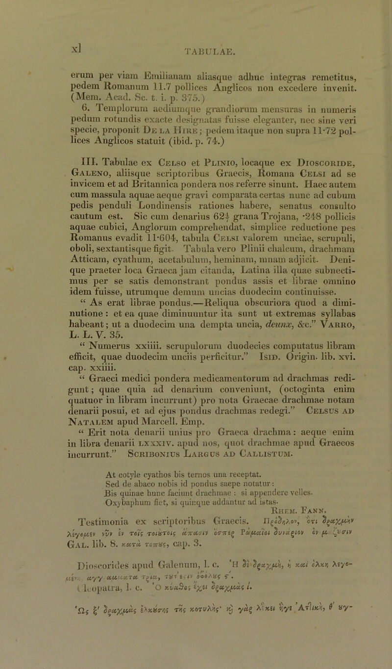 TABULAE. erum Per viam Emil i an am aliasque adhuc integras remetitua, pedem Romanian 11.7 pollices Anglicos non excedere invenit. (Mem. Acad. Sc. t. i. p. 375.) 6. Templorum aediumque grandiorum mensuras in numeris pedum rotundis exacte designatas fuisse eleganter, nec sine veri specie, proponit De la Hike ; pedem itaque non supra 11-72 pol- lices Angiicos statuit (ibid. p. 74.) III. Tabulae ex Celso et Plinio, locaque ex Dioscouide, Galeno, aliisque scriptoribus Graecis, Rornana Celsi ad se invicem et ad Britannica pondera nos referre sinunt. Haec autem cum massula aquae aeque gravi comparata certas nunc ad cubum pedis penduli Londinensis rationes habere, senatus consulto cautum est. Sic cum denarius 62) grana Trojana, -24-8 pollicis aquae cubici, Anglorum compx-ehendat, simplice reductione pes Romanus evadit 11-604, tabula Celsi valorem unciae, scrupuli, oboli, sextantisque figit. Tabula vero Plinii chalcum, ilrachmam Atticam, cyathum, acetabulum, heminam, mnain adjicit. Deni- que praeter loca Graeca jam citanda, Latina ilia quae subnecti- mus per se satis demonstrant pondus assis et librae omnino idem fuisse, utrumque demum uncias duodecim continuisse. “ As erat librae pondus.—Reliqua obscuriora quod a dimi- nutione : et ea quae diminuuntur ita sunt ut extremas sy 11 abas habeant; ut a duodecim una dempta uncia, deimx, &c.” Varro, L. L. V. 35. “ Numerus xxiiii. scrupulorum duodecies computatus libram efficit, quae duodecim unciis perficitur.” Isid. Origin, lib. xvi. cap. xxiiii. “ Graeci medici pondera medicamentorum ad drachmas redi- gunt; quae quia ad denarium conveniunt, (octoginta enim quatuor in libram incurrunt) pro nota Graecae drachmae notam denarii posui, et ad ejus pondus drachmas redegi.” Celsus ad Natalem apud Marcell. Emp. “ Erit nota denarii unius pro Graeca drachma: aeque enim in libra denarii lxxxiv. apud nos, quot drachmae apud Graecos incurrunt.” Scribonius Largos ad Callistum. At cotyle cyathos bis ternos una receptat. Sed de abaco nobis id pondus saepe notatur: jBis quirrne hunc faciunt drachmae : si appendere velles- Oxybaphum fiet, si quinque addantur ad istas- Hhem. Fann. Testimonia ex scriptoribus Graecis. in Asye^sv >vv sv re?; ror<src,i$ otrsrsg Poopciioi Suvugiov ov fx Cp<nv Gal. lib. 8. Ka.ru. T07TS?, cap. 3. Dioscorides apud Galenum, 1. c. 'H Spax/nv, « Asy«- t*gv. ttyy ccw^stTet r^tcCy ix* t - w oooMig ^ • i leopatra, 1. c. ’o xvaSo; l. *£2S £' i^x^a-Ai t?s xotvAV y#§ A:xsi »;ye AtIika, 6 sy-