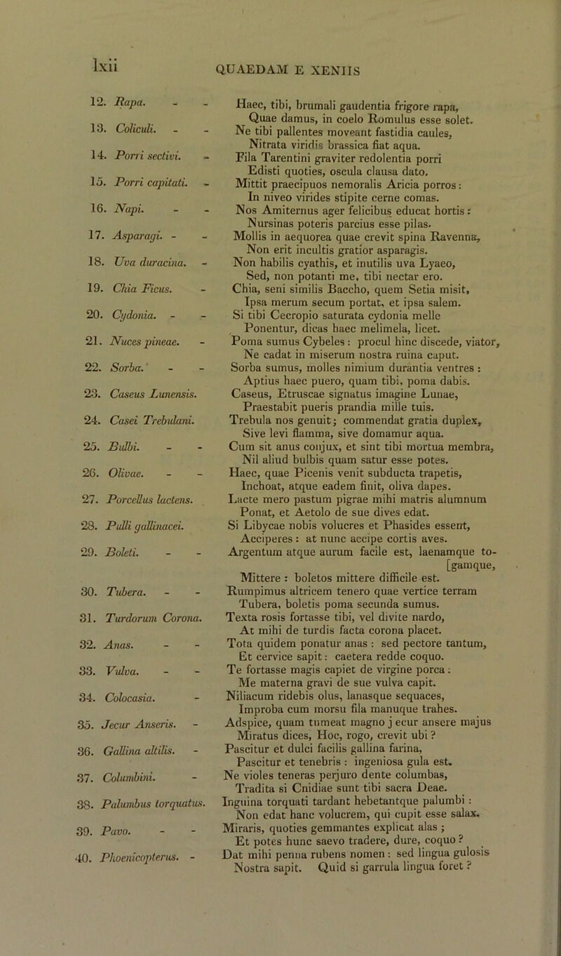 QUAEDAM E XENIIS 12. Rapa. 13. Coliculi. 14. Porri sectivi. 15. Porri capitati. 16. Napi. 17. Asparagi. - 18. Uva duraeina. 19. Cilia Ficus. 20. Cydonia. 21. Nuces pineae. 22. Sorba. 23. Cascus Lunensis. 24. Casei Trebulani. 25. Bidbi. 26. Olivae. 27. Porcellus lacteus. 28. Pulli gaUinacei. 29. Boleti. 30. Tubera. 31. Turdorum Corona. 32. Anas. 33. Vulva. 34. Colocasia. 35. Jecur Anscris. 36. Gallina allilis. 37. Columbini. 38. Palumbus torquatus. 39. Pavo. 40. Phoenicopterus. - Haec, tibi, brumali gaudentia frigore rapa. Quae damus, in coelo Romulus esse solet. Ne tibi pallentes moveant fastidia caules, Nitrata viridis brassica fiat aqua. Fila Tarentini graviter redolentia porri Edisti quoties, oscula clausa dato. Mittit praecipuos nemoralis Aricia porros: In niveo virides stipite cerne comas. Nos Amiternus ager felicibus educat hortis: Nursinas poteris parcius esse pilas. Mollis in aequorea quae crevit spina Ravenna, Non erit incultis gratior asparagis. Non habilis cyathis, et inutilis uva Lyaeo, Sed, non potanti me. tibi nectar ero. Chia, seni similis Baccho, quem Setia misit. Ipsa merum secum portat, et ipsa salem. Si tibi Cecropio saturata cydonia melle Ponentur, dieas haec melimela, licet. Poma sumus Cybeles: procul hinc discede, viator, Ne cadat in miserum nostra ruina caput. Sorba sumus, modes nimium durantia ventres : Aptius haec puero, quam tibi. poma dabis. Caseus, Etruscae signatus imagine Lunae, Praestabit pueris prandia mille tuis. Trebula nos genuit; commendat gratia duplex, Sive levi flamma, sive domamur aqua. Cum sit anus conjux, et sint tibi mortua membra, Nil aliud bulbis quam satur esse potes. Haec, quae Picenis venit subducta trapetis, Inchoat, atque eadem finit, oliva dapes. Lacte mero pastum pigrae mihi matris alumnum Ponat, et Aetolo de sue dives edat. Si Libycae nobis volucres et Phasides essent, Acciperes : at nunc accipe cortis aves. Argentum atque aurum facile est, laenamque to- [gamque, Mittere : boletos mittere difficile est. Rumpimus altricem tenero quae vertice terram Tubera. boletis poma secunda sumus. Texta rosis fortasse tibi, vel divite nardo, At mihi de turdis facta corona placet. Tota quidem ponatur anas : sed pectore tantum, Et cervice sapit: caetera redde coquo. Te fortasse magis capiet de virgine porca. Me materna gravi de sue vulva capit. Niliacum ridebis olus, lanasque sequaces, Improba cum morsu fila manuque trahes. Adspice, quam tumeat magno j ecur ansere majus Miratus dices, Hoc, rogo, crevit ubi ? Pascitur et dulci facilis gallina farina, Pascitur et tenebris : ingeniosa gula est. Ne violes teneras peijuro dente columbas, Tradita si Cnidiae sunt tibi sacra Deae. Inguina torquati tardant hebetantque palumbi : Non edat banc volucrem, qui cupit esse salax. Miraris, quoties gemmantes explicat alas ; Et potes hunc saevo tradere, dure, coquo ? Dat mihi penna rubens nomen : sed lingua gulosis Nostra sapit. Quid si garrula lingua foret ?