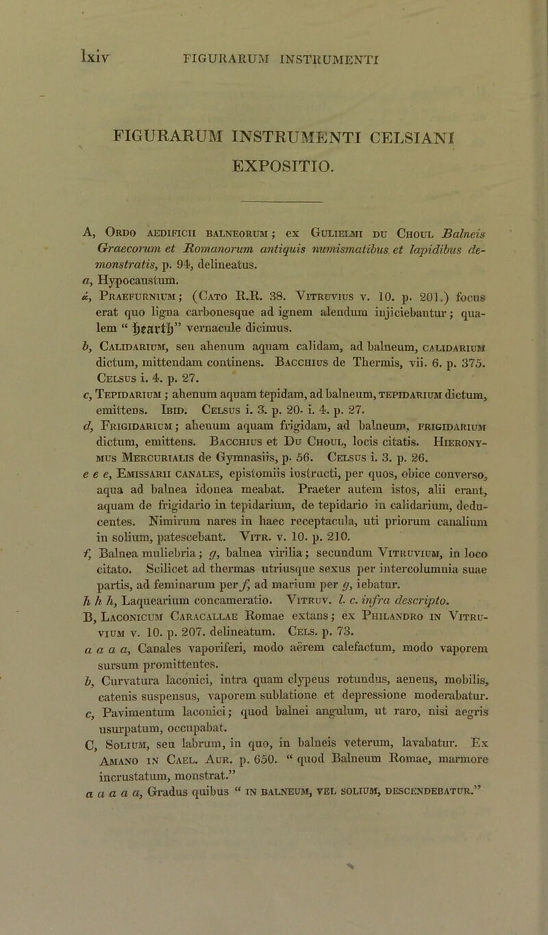 FIGURARUM INSTRUMENT! FIGURARUM INSTRUMENT! CELSIANI EXPOSITIO. A, Ordo aedificii balneorum ; ex Gulielmi du Choul Balneis Graecoruin et Romanorum antiquis numismatibus et lapidibus de- monstratis, p. 94, deliueatus. a, Hypocaustum. a, Praefurnium; (Cato R.R. 38. Vitruvius v. 10. p. 201.) focus erat quo ligna carboncsque ad ignem aleudum iujiciebantur; qua- lem “ fjenvt!)” vernacule dicimus. b, Calidauium, seu ahenum aquam call dam, ad balueum, calidarium dictum, mittendam coutinens. Bacchius de Thermis, vii. 6. p. 375. Celsus i. 4. p. 27. c, Tepidarium ; ahenum aquam tepidam, ad balneum, tepidarium dictum, emitteus. Ibid. Celsus i. 3. p. 20- i. 4. p. 27. d, Frigidarium ; ahenum aquam frigidam, ad balneum, frigidarium dictum, emittens. Bacchius et Du Choul, locis citatis. Hierony- mus Mercurialis de Gymnasiis, p. 56. Celsus i. 3. p. 26. e e e, Emissarii canales, epistomiis iustrncti, per quos, obice converso, aqua ad balnea idonea meabat. Praeter autem istos, alii erant, aquam de fi-igidario in tepidarium, de tepidario in calidarium, dedu- centes. Nimirum nares in haec receptacula, uti priorum canalium in solium, patescebant. Vitr. v. 10. p. 210. f, Balnea muliebria; g, balnea virilia; secundum Vitruvium, in loco citato. Scilicet ad thermas utriusque sexus per intercolumuia suae partis, ad feminarum per^ ad marium per g, iebatur. h li h, Laquearium concameratio. Vitruv. 1. c. infra descripto. B, Laconicum Caracallae Romae extans; ex Philandro in Vitru- vium v. 10. p. 207. delineatum. Cels. p. 73. a a a a, Canales vaporiferi, modo aerem calefactum, modo vaporem sursum promittentes. b, Curvatura laconici, intra quam clypcus rotundus, aeneus, mobilis, catenis suspensus, vaporem sublatione et depressione moderabatur. c, Pavimentum laconici; quod balnei angulum, ut raro, nisi aegris usm’patum, occupabat. C, Solium, seu labrum, in quo, in balneis veterum, lavabatur. Ex Amano in Gael. Aur. p. 650. “ quod Balneum Romae, marmore incrustatum, monstrat.” a a a a a, Gradus quibus “ in balneum, vel solium, descendebatur.”