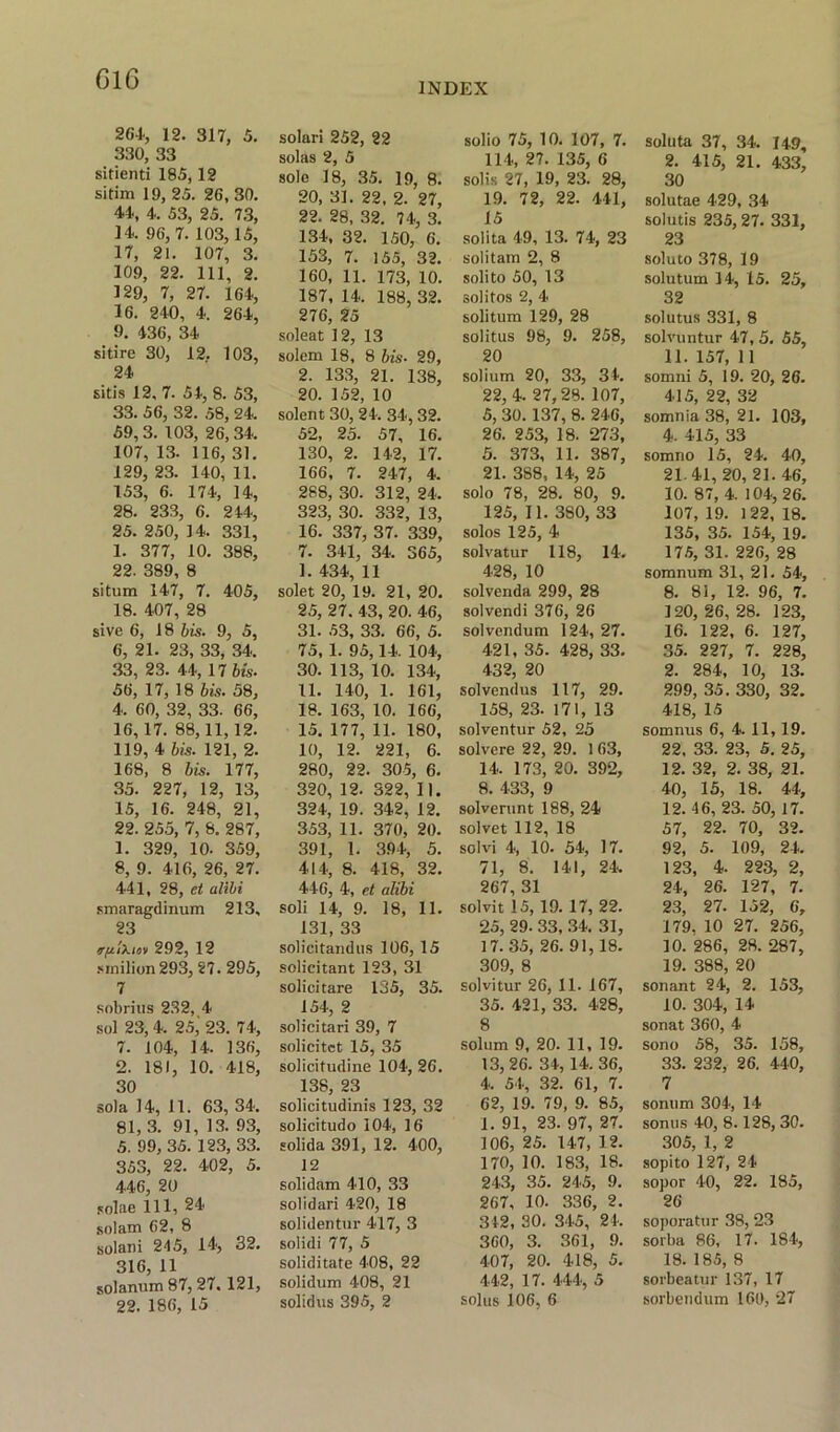 INDEX 264, 12. 317, 5. 330, 33 sitienti 185,12 sitim 19, 25. 26, 30. 44, 4. 53, 25. 73, 14. 96, 7. 103,15, 17, 21. 107, 3. 109, 22. Ill, 2. 129, 7, 27. 164, 16. 240, 4. 264, 9. 436, 34 sitire 30, 12. 103, 24 sitis 12, 7. 54, 8. 53, 33. 56, 32. ,58, 24. 59,3. 103, 26,34. 107, 13. 116, 31. 129, 23. 140, 11. 153, 6. 174, 14, 28. 233, 6. 244, 25. 250, 14. 331, 1. 377, 10. 388, 22. 389, 8 si turn 147, 7. 405, 18. 407, 28 sive 6, 18 bis. 9, 5, 6, 21. 23, 33, 34. 33, 23. 44, 17 bis. 56, 17, 18 bis. 58, 4. 60, 32, 33. 66, 16,17. 88,11,12. 119, 4 bis. 121, 2. 168, 8 bis. 177, 35. 227, 12, 13, 15, 16. 248, 21, 22. 255, 7, 6. 287, 1. 329, 10. 359, 8, 9. 416, 26, 27. 441, 28, et alibi smaragdinum 213, 23 fftlxiov 292, 12 smilion 293, 27. 295, 7 sobrius 232, 4 sol 23, 4. 25,' 23. 74, 7. 104, 14. 136, 2. 181, 10. 418, 30 sola 14, 11. 63, 34. 81, 3. 91, 13. 93, 5. 99, 35. 123, 33. 353, 22. 402, 5. 446, 20 solae 111, 24 solam 62, 8 solani 245, 14, 32. 316, 11 solanum 87, 27. 121, 22. 186, 15 solari 252, 22 solas 2, 5 solo 18, 35. 19, 8. 20, 31. 22, 2. 27, 22. 28, 32. 74, 3. 134, 32. 150, 6. 153, 7. 155, 32. 160, 11. 173, 10. 187, 14. 188, 32. 276, 25 soleat 12, 13 solem 18, 8 bis■ 29, 2. 133, 21. 138, 20. 152, 10 solent 30, 24. 34, 32. 52, 25. 57, 16. 130, 2. 142, 17. 166, 7. 247, 4. 288, 30. 312, 24. 323, 30. 332, 13, 16. 337, 37. 339, 7. 341, 34. 365, I. 434, 11 solet 20, 19. 21, 20. 25, 27. 43, 20. 46, 31. 53, 33. 66, 5. 75, 1. 95,14. 104, 30. 113, 10. 134, II. 140, 1. 161, 18. 163, 10. 166, 15. 177, 11. 180, 10, 12. 221, 6. 280, 22. 305, 6. 320, 12. 322, 11. 324, 19. 342, 12. 353, 11. 370, 20. 391, 1. 394, 5. 414, 8. 418, 32. 446, 4, et alibi soli 14, 9. 18, 11. 131, 33 solicitandns 106, 15 solicitant 123, 31 solicitare 135, 35. 154, 2 solicitari 39, 7 solicitct 15, 35 solicitudine 104, 26. 138, 23 solicitudinis 123, 32 solicitudo 104, 16 solida 391, 12. 400, 12 solidam 410, 33 solidari 420, 18 solidentur 417, 3 solidi 77, 5 soliditate 408, 22 solidum 408, 21 solidus 395, 2 solio 75, 10. 107, 7. 114, 27. 135, 6 solis 27, 19, 23. 28, 19. 72, 22. 441, 15 solita 49, 13. 74, 23 solitam 2, 8 solito 50, 13 solitos 2, 4 solitum 129, 28 solitus 98, 9. 258, 20 solium 20, 33, 34. 22, 4. 27,28. 107, 5, 30.137, 8. 246, 26. 253, 18. 273, 5. 373, 11. 387, 21. 388, 14, 25 solo 78, 28. 80, 9. 125, 11. 3S0, 33 solos 125, 4 solvatur 118, 14. 428, 10 solvenda 299, 28 solvendi 376, 26 solvendum 124, 27. 421, 35. 428, 33. 432, 20 solvendus 117, 29. 158, 23. 171, 13 solventur 52, 25 solvere 22, 29. 1 63, 14. 173, 20. 392, 8. 433, 9 solverunt 188, 24 solvet 112, 18 solvi 4, 10. 54, 17. 71, 8. 141, 24. 267, 31 solvit 15, 19. 17, 22. 25, 29. 33, 34. 31, 17. 35, 26.91, 18. 309, 8 solvitur 26, 11. 167, 35. 421, 33. 428, 8 solum 9, 20. 11, 19. 13, 26. 34,14. 36, 4. 54, 32. 61, 7. 62, 19. 79, 9. 85, 1. 91, 23. 97, 27. 106, 25. 147, 12. 170, 10. 183, 18. 243, 35. 245, 9. 267, 10. 336, 2. 342, 30. 345, 24. 360, 3. 361, 9. 407, 20. 418, 5. 442, 17. 444, 5 solus 106, 6 soluta 37, 34. 149, 2. 415, 21. 433, 30 solutae 429, 34 solutis 235, 27. 331, 23 soluto 378, 19 solutum 14, 15. 25, 32 solutus 331, 8 solvuntur 47, 5. 55, 11. 157, 11 somni 5, 19. 20, 26. 415, 22, 32 somnia 38, 21. 103, 4. 415, 33 somno 15, 24. 40, 21.41, 20, 21. 46, 10. 87, 4. 104,26. 107,19. 122,18. 135, 35. 154, 19. 175, 31. 226, 28 somnum 31, 21. 54, 8. 81, 12. 96, 7. 120,26,28. 123, 16. 122, 6. 127, 35. 227, 7. 228, 2. 284, 10, 13. 299, 35. 330, 32. 418, 15 somnus 6, 4. 11,19. 22, 33. 23, 5. 25, 12. 32, 2. 38, 21. 40, 15, 18. 44, 12. 46, 23. 50, 17. 57, 22. 70, 32. 92, 5. 109, 24. 123, 4. 223, 2, 24, 26. 127, 7. 23, 27. 152, 6, 179. 10 27. 256, 10. 286, 28. 287, 19. 388, 20 sonant 24, 2. 153, 10. 304, 14 sonat 360, 4 sono 58, 35. 158, 33. 232, 26. 440, 7 sonum 304, 14 sonus 40, 8.128, 30. 305, 1, 2 sopito 127, 24 sopor 40, 22. 185, 26 soporatur 38, 23 sorba 86, 17. 184, 18. 185, 8 sorbeatur 137, 17 sorbendum 160, 27