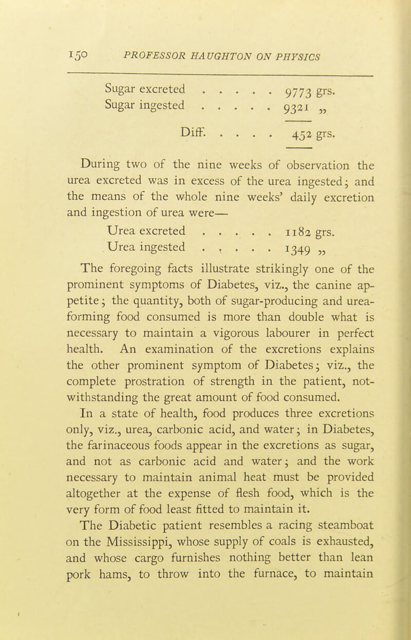 Sugar excreted Sugar ingested 9773 g^'s- 9321 „ DifF. 452 grs. During two of the nine weeks of observation the urea excreted was in excess of the urea ingested ^ and the means of the whole nine weeks' daily excretion and ingestion of urea were— The foregoing facts illustrate strikingly one of the prominent symptoms of Diabetes, viz., the canine ap- petite ; the quantity, both of sugar-producing and urea- forming food consumed is more than double what is necessary to maintain a vigorous labourer in perfect health. An examination of the excretions explains the other prominent symptom of Diabetes j viz., the complete prostration of strength in the patient, not- withstanding the great amount of food consumed. In a state of health, food produces three excretions only, viz., urea, carbonic acid, and water • in Diabetes, the farinaceous foods appear in the excretions as sugar, and not as carbonic acid and water j and the work necessary to maintain animal heat must be provided altogether at the expense of flesh food, which is the very form of food least fitted to maintain it. The Diabetic patient resembles a racing steamboat on the Mississippi, whose supply of coals is exhausted, and whose cargo furnishes nothing better than lean pork hams, to throw into the furnace, to maintain Urea excreted Urea ingested 1349 5J 1182 grs.