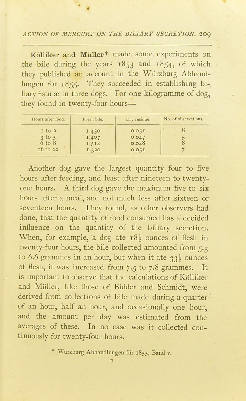 Kblliker and Miiller* made some experiments on the bile during the years 1853 and 1854, of which they published an account in the Wiirzburg Abhand- lungen for 1855. They succeeded in establishing bi- liary fistulas in three dogs. For one kilogramme of dog, they found in twenty-four hours— Hours after food. Fresh bile. Dry residue. No. of observations. I to 2 1.450 0.05 T 8 3 to 5 1.407 0.047 5 6 to 8 1.514 0.048 8 16 to 22 1.320 0.051 7 Another dog gave the largest quantity four to five hours after feeding, and least after nineteen to twenty- one hours. A third dog gave the maximum five to six hours after a meal, and not much less after sixteen or seventeen hours. They found, as other observers had done, that the quantity of food consumed has a decided influence on the quantity of the biliary secretion. When, for example, a dog ate 18^ ounces of flesh in twenty-four hours, the bile collected amounted from 5.3 to 6.6 grammes in an hour, but when it ate 331 ounces of flesh, it was increased from 7.5 to 7.8 grammes. It is important to observe that the calculations of Kolliker and Miiller, like those of Bidder and Schmidt, were derived from collections of bile made during a quarter of an hour, half an hour, and occasionally one hour, and the amount per day was estimated from the averages of these. In no case was it collected con- tinuously for twenty-four hours.