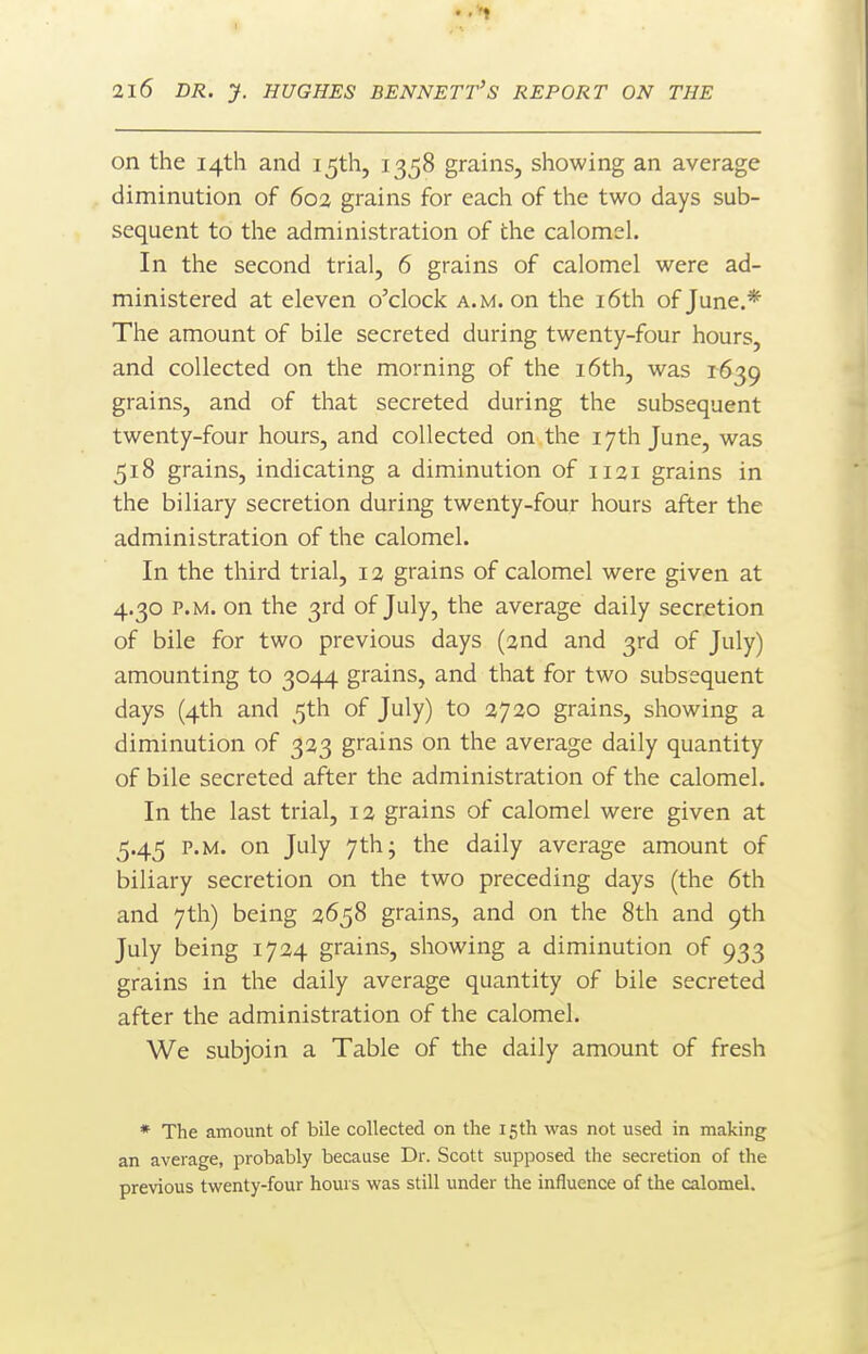 I 2l6 DR. J. HUGHES BENNETT'S REPORT ON THE on the 14th and 15th, 1358 grains, showing an average diminution of 603 grains for each of the two days sub- sequent to the administration of the calomel. In the second trial, 6 grains of calomel were ad- ministered at eleven o'clock a.m. on the i6th of June.* The amount of bile secreted during twenty-four hours, and collected on the morning of the i6th, was 1639 grains, and of that secreted during the subsequent twenty-four hours, and collected on the 17th June, was 518 grains, indicating a diminution of 1121 grains in the biliary secretion during twenty-four hours after the administration of the calomel. In the third trial, 12 grains of calomel were given at 4.30 P.M. on the 3rd of July, the average daily secretion of bile for two previous days (2nd and 3rd of July) amounting to 3044 grains, and that for two subsequent days (4th and 5th of July) to 2720 grains, showing a diminution of 323 grains on the average daily quantity of bile secreted after the administration of the calomel. In the last trial, 12 grains of calomel were given at 5.45 P.M. on July 7th- the daily average amount of biliary secretion on the two preceding days (the 6th and 7th) being 2658 grains, and on the 8th and 9th July being 1724 grains, showing a diminution of 933 grains in the daily average quantity of bile secreted after the administration of the calomel. We subjoin a Table of the daily amount of fresh * The amount of bile collected on the 15 th was not used in making an average, probably because Dr. Scott supposed the secretion of the previous twenty-four hours was still under the influence of the calomel.