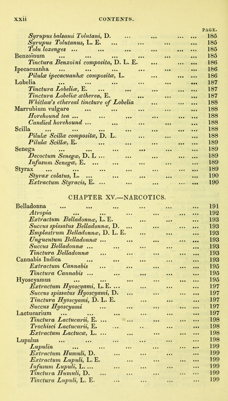 Syrupus balsami Tulutani, D. Syrupus Tolutanus, L. E. Tolu lozenges ... Benzo'mum Tinctura Benzo'ini composita, D. L. E. Ipecacuanha Pilules ipecacuanhee composites, L. Lobelia Tinctura Lobeliee, E. Tinctura Lobeliee eetherea, E. Whitlaw’s ethereal tincture of Lobelia Marrubium vulgare Horehound tea ... Candied horehound ... Scilla Pilules Scillee composites, D. L, Pilules Scillee, E. Senega Decoctum Senegee, D. L ... Infusum Senegee, E. Styrax Sty rax colatus, L. ... Extractum Styracis, E. ... PAGE. 185 185 185 185 ... 186 ... 186 186 ... 187 ... 187 ... 187 ... 188 ... 188 ... 188 ... 188 188 ... 188 ... 189 189 ... 189 189 189 ... 190 ... 190 CHAPTER XV.- Belladonna Atropia Extr actum Belladonnce, L. E. Succus spissatus Belladonnce, D. Emplastrum Belladonnce, D. L. . Unguentum Belladonnce ... Succus Belladonnce ... Tinctura Belladonnce Cannabis Indica Extractum Cannabis Tinctura Cannabis ... Hyoscyamus Extractum Hyoscyami, L. E. ... Succus spissatus Hyoscyami, D. Tinctura Hyoscyami, D. L. E. Succus Hyoscyami Lactucarium Tinctura Lactucarii, E. ... Trochisci Lactucarii, E. Extractum Lactucee, L. ... Lupulus Lupulin Extractum Humuli, D. Extractum Lupuli, L. E. Infusum Lupuli, L. ... Tinctura Humuli, D. Tinctura Lupuli, L. E, NARCOTICS. ... 191 ... ... 192 ... 193 193 i. ... ... ... 193 193 193 193 193 ... ... 195 ... 195 195 197 ... ... 197 197 197 ... 197 198 198 198 198 199 199 199 ... 199 199 199