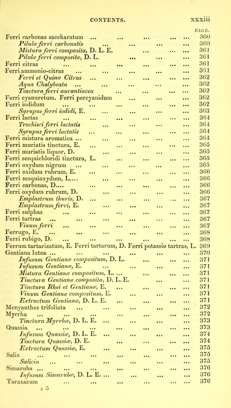 Ferri carbonas saccharatum ... Pilules ferri carbonatis Misturaferri composita, D. L. E. Pilules ferri composites, D. L. Ferri citras Ferri ammonio-citras Ferri et Quines Citras Aqua Chalybeata Tincturaferri aurantiacea Ferri cyanuretum. Ferri percyanidum Ferri iodidum Syrupus ferri iodidi, E. Ferri lactas ... ... ... Trochisci ferri lactatis Syrupus ferri lactatis Ferri mistura aromatica ... Ferri muriatis tinctura, E. Ferri muriatis liquor, D. Ferri sesquichloridi tinctura, L. Ferri oxydum nigrum Ferri oxidum rubrum, E. Ferri sesquioxydum, L.... Ferri carbonas, D..,. Ferri oxydum rubrum, D. Emplastrum thuris, D. ... Emplastrum ferri, E. Ferri sulphas Ferri tartras ... Vinumferri Ferrugo, E. Ferri rubigo, D. Ferrumtartarizatum, E. Ferri tartarum, D. Gentiana lutea ... Infusum Gentiancs compositum, D. L. Infusum Gentiancs, E. Mistura Gentiancs compositum, L. ... Tinctura Gentiancs composita, D. L. E Tinctura Phei et Gentiancs, E. Vinum Gentiancs compositum, E. Extr actum Gentiancs, D. L. E. Menyanthes trifoliata Myrrha Tinctura Myrrhcey D. L. E. ... Quassia Infusum Quassice, D. L. E. Tinctura Quassice, D. E. Extr actum Quassice, E. Salix Salicin Simaruba ... ... ... ... Infusum Simarub(c} D. L. E. ... Taraxacum ... ... ... Ferri :>otassio tartra PAGE. 360 360 361 361 361 361 362 362 362 362 362 363 364 364 364 364 365 365 365 365 366 366 366 366 367 367 367 367 367 368 368 L. 369 370 371 371 371 371 371 371 371 372 372 373 373 374 374 375 375 375 376 376 376 A 5