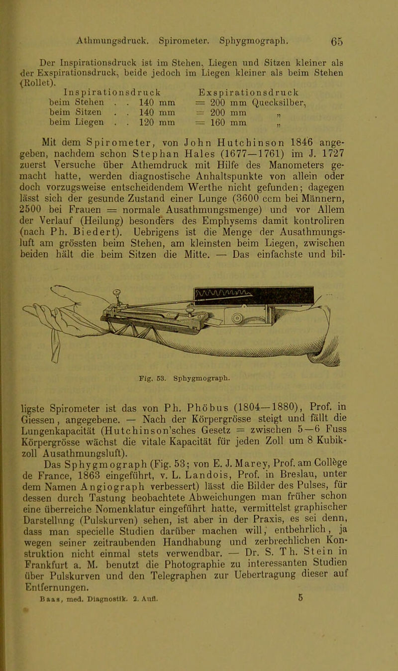 Der Inspirationsdruck ist im Stehen, Liegen und Sitzen kleiner als der Exspirationsdruck, beide jedoch im Liegen kleiner als beim Stehen (Rollet). Inspirationsdruck Exspirationsdruck beim Stehen . . 140 mm = 200 mm Quecksilber, beim Sitzen . . 140 mm = 200 mm „ beim Liegen . . 120 mm = 160 mm „ Mit dem Spirometer, von John Hutchinson 1846 ange- geben, nachdem schon Stephan Haies (1677—1761) im J. 1727 zuerst Versuche über Athemdruck mit Hilfe des Manometers ge- macht hatte, werden diagnostische Anhaltspunkte von allein oder doch vorzugsweise entscheidendem Werthe nicht gefunden; dagegen lässt sich der gesunde Zustand einer Lunge (3600 ccm bei Männern, 2500 bei Frauen = normale Ausathmungsmenge) und vor Allem der Verlauf (Heilung) besonders des Emphysems damit kontroliren (nach Ph. Biedert). Uebrigens ist die Menge der Ausathmungs- luft am grössten beim Stehen, am kleinsten beim Liegen, zwischen beiden hält die beim Sitzen die Mitte. — Das einfachste und bil- Fig. 53. Sphygmograph. ligste Spirometer ist das von Ph. Phöbus (1804—1880), Prof. in Giessen, angegebene. — Nach der Körpergrösse steigt und fällt die Lungenkapacität (Hutchinson'sches Gesetz — zwischen 5—6 Fuss Körpergrösse wächst die vitale Kapacität für jeden Zoll um 8 Kubik- zoll Ausathmungsluft). Das Sphygmograph (Fig. 53; von E. J. Marey, Prof. am College de France, 1863 eingeführt, v. L. Landois, Prof. in Breslau, unter dem Namen Angiograph verbessert) lässt die Bilder des Pulses, für dessen durch Tastung beobachtete Abweichungen man früher schon eine überreiche Nomenklatur eingeführt hatte, vermittelst graphischer Darstellung (Pulskurven) sehen, ist aber in der Praxis, es sei denn, dass man specielle Studien darüber machen will; entbehrlich, ja wegen seiner zeitraubenden Handhabung und zerbrechlichen Kon- struktion nicht einmal stets verwendbar. — Dr. S. Th. Stein in Frankfurt a. M. benutzt die Photographie zu interessanten Studien über Pulskurven und den Telegraphen zur Uebertragung dieser auf Entfernungen. Baas, med. Diagnostik. 2. Aufl. 5