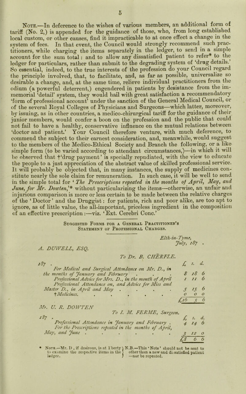 Note.—In deference to tlie wishes of various members, an additional form of tariff (No. 2,) is appended for the guidance of those, who, from long established local custom, or other causes, find it impracticable to at once effect a change in the system of fees. In that event, the Council would strongly recommend such prac- titioners, while charging the items separately in the ledger, to send in a simple account for the sum total: and to allow any dissatisfied patient to refer* to the ledger for particulars, rather than submit to the degrading system of ‘drug details. ISo essential, indeed, to the true interests of the profession do your Council regard the principle involved, that, to facilitate, and, as far as possible, universalize so desirable a change, and, at the same time, relieve individual practitioners from the odium (a powerful deterrent,) engendered in patients by desistance from the im- memorial ‘detail’ system, they would hail with great satisfaction a recommendatory ‘form of professional account’ under the sanction of the General Medical Council, or of the several Royal Colleges of Physicians and Surgeons—which latter, moreover, by issuing, as in other countries, a medico-chirurgical tariff for the guidance of their junior members, would confer a boon on the profession and the public that could not fail to have a healthy, conservative influence on the mutual relations between ‘doctor and patient.’ Your Council therefore venture, with much deference, to commend the subject to their earnest consideration, and, meanwhile, would suggest to the members of the Medico-Ethical Society and Branch the following, or a like simple form (to be varied according to attendant circumstances,)—in which it will be observed that t'drug payment’ is specially repudiated, with the view to educate the people to a just appreciation of the abstract value of skilled professional service. It will probably be objected that, in many instances, the supply of medicines con- stitute nearly the sole claim for remuneration. In such case, it will be well to send in the simple total for ‘ The Prescriptions repeated in the months of April, May, and June, for Mr. Dowten,’* without particularizing the items—otherwise, an unfair and injurious comparison is more or less certain to be made between the relative charges of the ‘ Doctor ’ and the Druggist: for patients, rich and poor alike, are too apt to ignore, as of little value, the all-important, priceless ingredient in the composition of an effective prescription :—viz. ‘ Ext. Cerebri Cone.’ Suggested Forms for a General Practitioner’s Statement of Professional Charges. A. DU WELL, ESQ. Elth-in-Tyme, July, 187 . To Dr. B. CHERFLE. i8j . For l\Tedical and Surgical Attendance on Mr. D., in the months of January and February Professional Advice for Mrs. D., in the month of April Professional Attendance on, and Advice for Miss and Master D., in April and May .... t Medicines. ..... £ s. d. 8 18 6 1 11 6 5 i5 & o 00 £'6 5 & Mr. U. R. DOWTEN To L. M. EE RATE, Surgeon. 1S7 „ £ s. d. Professional Attendance in January and February . 4. 14 6 For the Prescriptions repeated in the months of April, May, and June . . . . . . 3 12 o £8 6~S • Note.—Mr. I) , if desirous, is at l'berty) N.B.—This ‘Note’ should not he sent to to examine the respective items in the > other than a new and di; satisfied patient ledger. ) —nor be repeated.