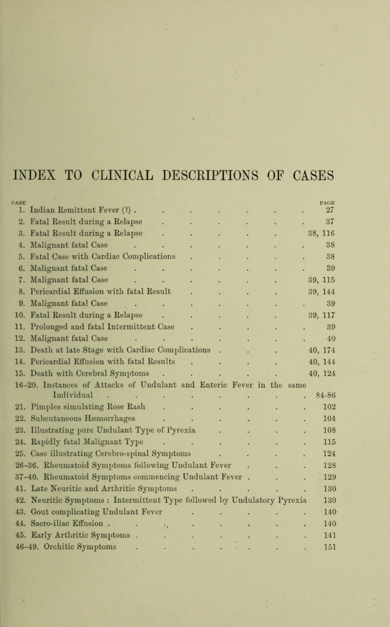 INDEX TO CLINICAL DESCRIPTIONS OF CASES CASE PAGE 1. Indian Remittent Fever (?) . . . . . . .27 2. Fatal Result during a Relapse ...... 37 3. Fatal Result during a Relapse ..... 38, 116 4. Malignant fatal Case ....... 38 5. Fatal Case with Cardiac Complications ..... 38 6. Malignant fatal Case ....... 39 7. Malignant fatal Case ...... 39, 115 8. Pericardial Effusion with fatal Result .... 39, 144 9. Malignant fatal Case . . . . . . . 39 10. Fatal Result during a Relapse . . . . . 39, 117 11. Prolonged and fatal Intermittent Case . . . . .39 12. Malignant fatal Case ....... 40 13. Death at late Stage with Cardiac Complications . . . 40, 174 14. Pericardial Effusion with fatal Results .... 40, 144 15. Death with Cerebral Symptoms ..... 40, 124 16-20. Instances of Attacks of Undulant and Enteric Fever in the same Individual ........ 84-86 21. Pimples simulating Rose Rash . . . . . .102 22. Subcutaneous Hiemorrhages ...... 104 23. Illustrating pure Undulant Type of Pyrexia .... 108 24. Rapidly fatal Malignant Type . . . . . . 115 25. Case illustrating Cerebro-spinal Symptoms . . . .124 26-36. Rheumatoid Symptoms following Undulant Fever . . . 128 37-40. Rheumatoid Symptoms commencing Undulant Fever . . . 129 41. Late Neuritic and Arthritic Symptoms ..... 130 42. Neuritic Symptoms : Intermittent Type followed by Undulatory Pyrexia 130 43. Gout complicating Undulant Fever ..... 140 44. Sacro-iliac Effusion . . .^ . . . . . 140 45. Early Arthritic Symptoms ....... 141 46-49. Orchitic Symptoms . . . . . . .151